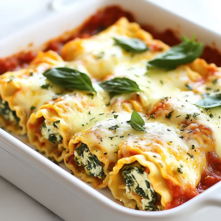 - 9 Lasagneblätter - 2 Tassen frischer Spinat, grob gehackt - 1 Tasse Ricotta-Käse - 1 Tasse Mozzarella-Käse, gerieben - 1/2 Tasse Parmesan-Käse, gerieben - 1 großes Ei - 2 Tassen Marinara-Sauce - 2 Esslöffel Olivenöl - 1 Teelöffel Knoblauchpulver - Salz und Pfeffer nach Geschmack - Frische Basilikumblätter zum Garnieren (optional) Die Kombination dieser Zutaten bietet viele Nährstoffe. Spinat liefert viel Eisen und Vitamine. Ricotta hat wertvolle Proteine und Kalzium. Mozzarella ist eine gute Quelle für Fett und Eiweiß. Parmesan gibt zusätzlichen Geschmack und Kalzium. Diese Lasagne-Rollen sind also nicht nur lecker, sondern auch nahrhaft. Beim Kauf frischer Zutaten achte ich auf folgende Punkte: - Spinat: Wähle leuchtend grüne Blätter ohne braune Stellen. - Käse: Kaufe Käse am besten frisch und aus der Kühlabteilung. - Eier: Suche nach Eiern mit frischer Schale und ohne Risse. - Basilikum: Wähle knackige Blätter mit frischem Duft. Diese Tipps helfen, die besten Zutaten für deine Lasagne-Rollen zu finden. Frische Zutaten machen den Unterschied! {{ingredient_image_2}} Heize den Ofen auf 190°C vor. Das sorgt dafür, dass deine Lasagne nach dem Füllen perfekt gebacken wird. Fülle einen großen Topf mit Salzwasser und bringe es zum Kochen. Das Salzwasser hilft, die Lasagneblätter nicht zusammenzukleben. Koche die Lasagneblätter nach den Anweisungen auf der Verpackung. Achte darauf, sie nicht zu lange zu kochen. Wenn sie fertig sind, gieße sie ab und lasse sie kurz abkühlen. In einer mittelgroßen Schüssel kombiniere den grob gehackten Spinat, den Ricotta-Käse, die Hälfte des geriebenen Mozzarella-Käses, den Parmesan-Käse und das Ei. Füge auch das Knoblauchpulver sowie Salz und Pfeffer hinzu. Vermenge alles gut, bis eine gleichmäßige Mischung entsteht. Diese Füllung ist reich und cremig. Sie gibt den Lasagne-Rollen einen tollen Geschmack. Jetzt kommt der spaßige Teil! Nimm ein Lasagneblatt und gebe einen großzügigen Löffel der Käse-Spinat-Mischung darauf. Rolle das Blatt vorsichtig von einem Ende zum anderen auf. Lege jede aufgerollte Lasagne mit der Naht nach unten in eine vorbereitete Auflaufform. Wiederhole diesen Vorgang mit den restlichen Blättern und der Füllung. Verteile eine dünne Schicht Marinara-Sauce gleichmäßig auf dem Boden der Auflaufform. Das gibt zusätzlichen Geschmack und hält die Rollen saftig. Gieße die restliche Marinara-Sauce über die aufgerollten Lasagne. Bestreue alles mit dem übrigen Mozzarella-Käse, bevor du das Gericht im Ofen backst. Beim Kochen von Lasagne-Rollen gibt es einige häufige Fehler. Hier sind die wichtigsten: - Lasagneblätter nicht richtig kochen: Wenn die Blätter zu fest sind, lassen sie sich schwer rollen. Kochen Sie sie nur bis sie al dente sind. - Überfüllung der Lasagneblätter: Zu viel Füllung macht das Rollen schwierig. Ein großzügiger Löffel reicht aus. - Fehlende Soße am Boden: Wenn Sie die Marinara-Sauce nicht verwenden, kleben die Rollen fest. Eine dünne Schicht ist wichtig. Die Füllung ist der Schlüssel zur perfekten Lasagne-Rolle. Hier sind einige Tipps: - Ricotta richtig abtropfen: Tauchen Sie den Käse in ein Sieb, um überschüssige Flüssigkeit zu entfernen. So bleibt die Füllung fest. - Spinat gut ausdrücken: Nach dem Hacken sollten Sie den Spinat gut auspressen. Zu viel Wasser macht die Füllung matschig. - Ei zur Bindung nutzen: Das Ei hilft, die Füllung zusammenzuhalten. Verwenden Sie ein großes Ei für die beste Konsistenz. Die Backzeit ist entscheidend für den Geschmack. Hier sind einige Hinweise: - Vorheizen nicht vergessen: Heizen Sie den Ofen auf 190°C vor, bevor Sie die Lasagne-Rollen hineinlegen. - Alufolie verwenden: Decken Sie das Gericht zuerst ab. So bleibt die Feuchtigkeit erhalten. - Folie nach 25 Minuten entfernen: Nach 25 Minuten Backzeit sollten Sie die Folie abnehmen. So wird der Käse goldbraun und knusprig. Mit diesen Tipps gelingt Ihre Drei-Käse-Spinat-Lasagne perfekt! Pro Tipps Lasagneblätter vorkochen: Kochen Sie die Lasagneblätter nur al dente, damit sie beim Backen nicht zu weich werden und ihre Form behalten. Spinat gut abtropfen: Stellen Sie sicher, dass der gehackte Spinat gut abgetropft ist, um überschüssige Feuchtigkeit zu vermeiden, die die Lasagne wässrig machen könnte. Variieren Sie die Käsesorten: Experimentieren Sie mit verschiedenen Käsesorten wie Gouda oder Feta für einen einzigartigen Geschmack und eine interessante Textur. Garnitur für zusätzlichen Geschmack: Fügen Sie vor dem Servieren frische Kräuter wie Oregano oder Thymian hinzu, um das Aroma zu verstärken und das Gericht optisch aufzupeppen. {{image_4}} Die Drei-Käse-Spinat-Lasagne-Rollen sind einfach anpassbar. Möchten Sie etwas mehr Gemüse? Fügen Sie Zucchini oder Paprika hinzu. Diese Gemüsesorten bringen Farbe und Nährstoffe. Sie können auch frische Pilze verwenden, um einen herzhaften Geschmack zu erzielen. Achten Sie darauf, das Gemüse vorher leicht zu dünsten. So bleibt es zart und saftig. Obwohl Ricotta, Mozzarella und Parmesan die Hauptdarsteller sind, können Sie kreativ sein. Feta-Käse bringt einen salzigen Kick. Oder verwenden Sie Gouda für eine rauchige Note. Vergessen Sie nicht, dass der Käse auch die Konsistenz beeinflusst. Experimentieren Sie mit verschiedenen Sorten, um Ihren perfekten Geschmack zu finden. Kräuter und Gewürze machen einen großen Unterschied. Fügen Sie frischen Oregano oder Thymian hinzu, um mehr Aroma zu schaffen. Eine Prise Muskatnuss kann der Füllung Tiefe geben. Wenn Sie es scharf mögen, probieren Sie rote Pfefferflocken. Frische Basilikumblätter als Garnitur runden das Gericht ab und bringen Frische. So wird jede Portion zu einem kleinen Fest! Um die Drei-Käse-Spinat-Lasagne-Rollen frisch zu halten, verwende einen luftdichten Behälter. So kannst du die Rollen bis zu drei Tage im Kühlschrank lagern. Es ist wichtig, dass die Lasagne-Rollen gut abgekühlt sind, bevor du sie in den Behälter gibst. So vermeidest du Kondenswasser und matschige Rollen. Wenn du die Lasagne-Rollen für später aufbewahren möchtest, kannst du sie einfrieren. Wickele jede Rolle einzeln in Frischhaltefolie. Lege die Rollen dann in einen Gefrierbeutel. So bleiben sie bis zu drei Monate frisch. Um sie wieder aufzuwärmen, lasse sie über Nacht im Kühlschrank auftauen. Dann kannst du sie für 20 Minuten bei 180°C im Ofen backen, bis sie heiß sind. Hast du noch Reste von der Füllung oder der Marinara-Sauce? Bewahre diese ebenfalls in luftdichten Behältern auf. Die Füllung hält sich etwa zwei Tage im Kühlschrank. Die Marinara-Sauce bleibt bis zu einer Woche frisch. Du kannst sie auch einfrieren. So hast du immer eine leckere Basis für zukünftige Gerichte. Die Zubereitung der Drei-Käse-Spinat-Lasagne-Rollen dauert insgesamt etwa 50 Minuten. Die Vorbereitungszeit beträgt etwa 25 Minuten. In dieser Zeit kochen Sie die Lasagneblätter und bereiten die Käse-Spinat-Füllung vor. Anschließend backen Sie die Rollen für weitere 25 bis 30 Minuten. Diese Zeit ist perfekt, um den Käse schön zu schmelzen und goldbraun zu werden. Ja, Sie können die Lasagne-Rollen im Voraus vorbereiten. Bereiten Sie die Füllung und rollen Sie die Lasagneblätter ein. Legen Sie sie dann in die Auflaufform und decken Sie diese ab. Sie können die Rollen bis zu 24 Stunden im Kühlschrank aufbewahren. Vor dem Backen sollten Sie die Formen jedoch auf Raumtemperatur bringen. So sparen Sie Zeit, wenn Sie das Gericht servieren möchten. Zu den Drei-Käse-Spinat-Lasagne-Rollen passen viele Beilagen. Ein frischer grüner Salat mit einem leichten Dressing ist eine gute Wahl. Auch knuspriges Baguette eignet sich perfekt, um die leckere Marinara-Sauce aufzutunken. Wenn Sie etwas mehr möchten, probieren Sie gebratenes Gemüse oder eine einfache Gemüsesuppe. Diese Beilagen ergänzen den Geschmack der Lasagne-Rollen und sorgen für eine ausgewogene Mahlzeit. Die Drei-Käse-Spinat-Lasagne-Rollen bieten eine einfache und leckere Mahlzeit. Wir haben die Zutaten, die Zubereitungsschritte und hilfreiche Tipps besprochen. Es ist wichtig, frische Zutaten zu wählen und häufige Fehler zu vermeiden. Du kannst die Lasagne nach deinem Geschmack anpassen und richtig lagern. Diese Rolle ist nicht nur schmackhaft, sondern auch nahrhaft. Probiere sie aus und genieße die Vielfalt dieses Gerichts. Kochen macht Spaß und mit guten Tipps gelingt es dir leichter!
