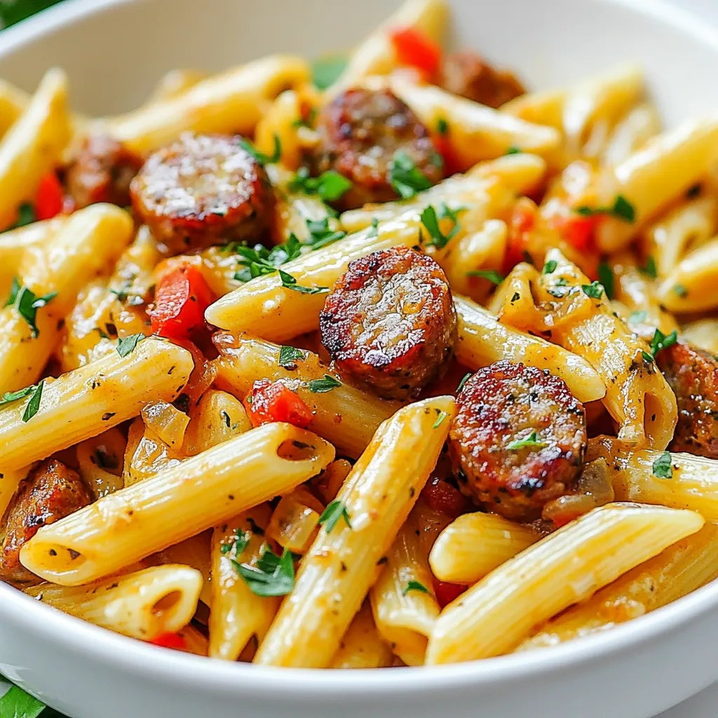 Für diese leckere Pasta brauchen Sie: - 340 g Penne-Nudeln - 450 g geräucherte Wurst, in Scheiben geschnitten - 1 Esslöffel Olivenöl - 1 mittelgroße Zwiebel, gewürfelt - 3 Knoblauchzehen, fein gehackt - 1 Paprika (rot oder grün), gewürfelt - 1 Dose (400 g) gewürfelte Tomaten, abgetropft - 240 ml Schlagsahne - 240 ml Hühnerbrühe - 2 Esslöffel Cajun-Gewürz - Salz und Pfeffer, nach Geschmack - 100 g geriebener Monterey Jack Käse - Frische Petersilie, gehackt (zum Garnieren) Diese Zutaten machen die Pasta cremig und schmackhaft. Die geräucherte Wurst bringt einen tollen Geschmack. Die Cajun-Gewürze geben der Sauce ihr besonderes Aroma. Ich empfehle, diese Pasta mit einem einfachen grünen Salat zu servieren. Ein frischer Caesar-Salat passt auch gut dazu. Brot, wie ein knuspriges Baguette, ergänzt die Mahlzeit prima. Für die Zubereitung benötigen Sie: - Eine große Pfanne - Einen Kochtopf für die Nudeln - Ein Schneidebrett - Ein scharfes Messer - Eine Kelle oder einen großen Löffel zum Mischen Diese Geräte helfen Ihnen, die Pasta schneller und einfacher zuzubereiten. Sie sind in jeder Küche nützlich. {{ingredient_image_2}} Kochen Sie zuerst die Penne-Nudeln. Bringen Sie einen großen Topf mit Wasser zum Kochen. Fügen Sie eine Prise Salz hinzu. Kochen Sie die Nudeln nach den Anweisungen auf der Packung. Wenn sie al dente sind, lassen Sie sie abtropfen. Stellen Sie sie beiseite, während Sie die anderen Zutaten vorbereiten. Erhitzen Sie einen Esslöffel Olivenöl in einer großen Pfanne. Setzen Sie die geschnittene Wurst in die Pfanne. Braten Sie sie 5 bis 7 Minuten an. Achten Sie darauf, dass sie goldbraun wird. Nehmen Sie die Wurst dann aus der Pfanne und legen Sie sie beiseite. Im gleichen Öl braten Sie eine gewürfelte Zwiebel an. Fügen Sie dann den fein gehackten Knoblauch und die gewürfelte Paprika hinzu. Braten Sie alles für 3 bis 4 Minuten. Das Gemüse soll weich und duftend sein. Danach kommt eine Dose gewürfelte Tomaten hinzu. Streuen Sie zwei Esslöffel Cajun-Gewürz darüber. Rühren Sie alles gut um und lassen Sie es zwei Minuten köcheln. Gießen Sie nun 240 ml Hühnerbrühe und 240 ml Schlagsahne in die Pfanne. Rühren Sie gut um, damit sich die Aromen verbinden. Lassen Sie die Mischung bei schwacher Hitze köcheln. So dickt die Sauce nach etwa 5 Minuten leicht ein. Geben Sie die angebratene Wurst zurück in die Pfanne. Fügen Sie die gekochten Nudeln hinzu. Vermengen Sie alles gut miteinander. Lassen Sie die Mischung noch 2 bis 3 Minuten kochen. So wird die Pasta gleichmäßig mit der cremigen Sauce umhüllt. Zum Schluss rühren Sie 100 g geriebenen Monterey Jack Käse ein. Schmecken Sie mit Salz und Pfeffer ab. Garnieren Sie das Gericht mit frisch gehackter Petersilie und servieren Sie es warm. Um die Sauce perfekt cremig zu machen, achte darauf, die Hitze niedrig zu halten. Lass die Schlagsahne und Hühnerbrühe sanft köcheln. Rühre die Mischung regelmäßig um. Das hilft, dass die Sauce nicht anbrennt und gleichmäßig dick wird. Wenn du eine dickere Sauce magst, füge mehr Käse hinzu oder lasse die Sauce länger köcheln. Wenn du keine geräucherte Wurst hast, gibt es viele Alternativen. Du kannst Hähnchenbrust oder Putenwurst verwenden. Vegetarische Optionen sind auch möglich. Probiere eine Mischung aus Pilzen und geräuchertem Tofu. Diese passen gut zur Cajun-Würze und bringen tollen Geschmack. Frische Kräuter verleihen der Pasta ein tolles Aroma. Petersilie ist eine gute Wahl, aber auch Schnittlauch oder Basilikum passen gut. Hacke die Kräuter fein für mehr Geschmack. Du kannst sie entweder am Ende der Zubereitung hinzufügen oder direkt beim Servieren darüber streuen. So bleibt der frische Geschmack erhalten. Pro Tipps Wurstwahl: Verwenden Sie eine hochwertige geräucherte Wurst für den besten Geschmack. Chorizo oder Andouille können ebenfalls großartige Alternativen sein. Vegetarische Option: Ersetzen Sie die Wurst durch geräucherten Tofu oder extra Gemüse, um das Gericht vegetarisch zu gestalten. Würze anpassen: Passen Sie die Menge des Cajun-Gewürzes nach Ihrem Geschmack an, um das Gericht milder oder würziger zu machen. Käsevariation: Experimentieren Sie mit verschiedenen Käsesorten wie Gouda oder Cheddar für eine andere Geschmacksrichtung. {{image_4}} Wenn Sie eine vegetarische Option wünschen, ersetzen Sie die Wurst. Nutzen Sie stattdessen Kichererbsen oder Tofuwürfel. Diese Zutaten liefern Protein und einen tollen Biss. Fügen Sie zusätzlich mehr Gemüse wie Spinat oder Zucchini hinzu. So bleibt das Gericht bunt und lecker. Die Cajun-Gewürze bringen dennoch den würzigen Geschmack. Für eine schärfere Variante, fügen Sie mehr Cajun-Gewürz hinzu. Ein Spritzer Tabasco oder einige gehackte Jalapeños können ebenfalls helfen. Diese Zutaten geben der Pasta einen richtigen Kick. Seien Sie vorsichtig, wenn Sie die Schärfe erhöhen. Probieren Sie die Sauce, bis sie Ihren Geschmack trifft. Monterey Jack ist ein toller Käse, aber Sie können auch andere Sorten nutzen. Cheddar oder Gouda geben der Sauce eine andere Note. Für eine besonders cremige Textur ist Frischkäse eine gute Wahl. Mischen Sie verschiedene Käsesorten für einen interessanten Geschmack. Experimentieren Sie mit den Käsesorten und finden Sie Ihre Favoriten! Wenn du Reste von der cremigen Cajun Wurst-Pasta hast, bewahre sie in einem luftdichten Behälter auf. Stelle sicher, dass die Pasta vollständig abgekühlt ist, bevor du sie in den Kühlschrank stellst. So bleibt die Frische länger erhalten. Du kannst die Reste bis zu drei Tage lang im Kühlschrank lagern. Wenn du die Pasta länger aufbewahren möchtest, kannst du sie auch einfrieren. Fülle die abgekühlte Pasta in einen gefrierfesten Behälter oder einen Gefrierbeutel. Achte darauf, so viel Luft wie möglich herauszudrücken, bevor du sie verschließt. Die Pasta hält sich bis zu drei Monate im Gefrierfach. Um die Pasta aufzuwärmen, nimm sie aus dem Kühlschrank oder Gefrierfach. Wenn sie gefroren ist, lasse sie zuerst im Kühlschrank über Nacht auftauen. Erhitze die Pasta in einer Pfanne bei mittlerer Hitze. Füge ein wenig Hühnerbrühe oder Sahne hinzu, um die Sauce cremig zu halten. Rühre alles gut um, bis die Pasta Wärme angenommen hat. Achte darauf, die Pasta nicht zu lange zu erhitzen, damit sie nicht austrocknet. Die Zubereitung dauert etwa 30 Minuten. Die Vorbereitungszeit beträgt 15 Minuten. Die Kochzeit ist schnell und einfach. Ja, Sie können die Nudeln im Voraus kochen. Lassen Sie sie nach dem Kochen abkühlen. Bewahren Sie sie dann in einem luftdichten Behälter auf. Wenn Sie bereit sind, die Pasta zu verwenden, erhitzen Sie sie einfach in der Sauce. Diese Pasta hat gesunde Zutaten, aber sie ist cremig und herzhaft. Die Schlagsahne und Wurst erhöhen den Kaloriengehalt. Sie können die Schlagsahne durch eine leichtere Option ersetzen, um es gesünder zu machen. Diese Pasta passt gut zu frischem Brot oder einem einfachen Salat. Ein grüner Salat mit Vinaigrette ergänzt die reichen Aromen. Auch gedämpftes Gemüse ist eine gute Wahl. Die cremige Cajun Wurst-Pasta ist einfach und lecker. Wir haben die Hauptzutaten, die Zubereitung und nützliche Tipps besprochen. Außerdem habe ich Variationen vorgestellt und erklärt, wie man Reste lagert. Denke daran, dass du mit den Zutaten und Gewürzen kreativ sein kannst. Probiere verschiedene Käsesorten oder eine schärfere Version. So wird dein Gericht immer wieder spannend. Viel Spaß beim Kochen und Genießen!