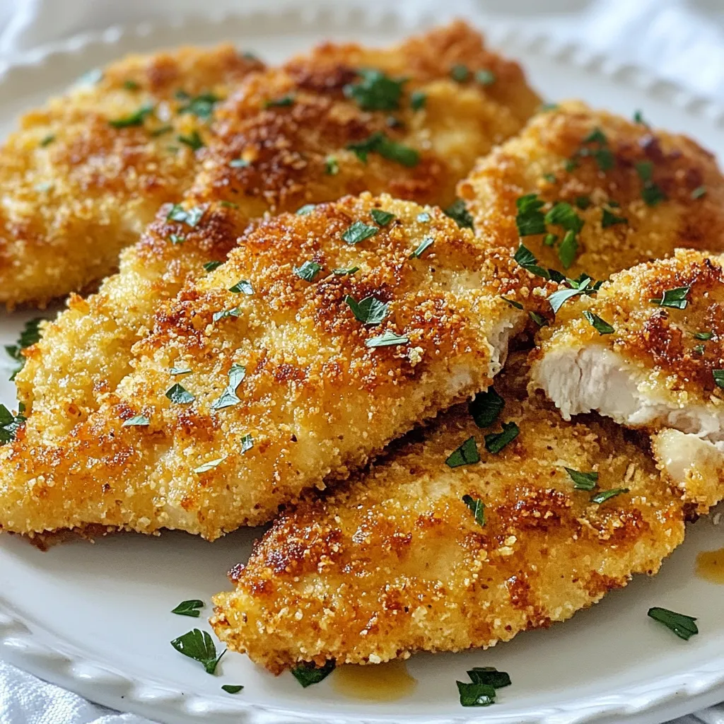 Für dieses Rezept benötigst du: - 4 Hähnchenbrustfilets, ohne Knochen und Haut - 1 Tasse Buttermilch - 1 Esslöffel Dijon-Senf - 1 Teelöffel Knoblauchpulver - 1/2 Teelöffel geräuchertes Paprikapulver - 1 Teelöffel Zwiebelpulver - 1/2 Teelöffel Cayennepfeffer (optional für Schärfe) - 1 Tasse Weizenmehl - 1/2 Tasse Semmelbrösel (Panko für extra Knusprigkeit) - Salz und Pfeffer nach Geschmack - 1/4 Tasse ungesalzene Butter, geschmolzen - Frische Petersilie zur Garnitur Diese Auswahl an Zutaten sorgt für einen tollen Geschmack. Die Buttermilch macht das Hähnchen zart. Denke daran, frische Zutaten zu verwenden. So schmeckt es am besten. Die Marinade ist der Schlüssel. Sie gibt dem Hähnchen viel Geschmack. Mische in einer großen Schüssel die Buttermilch, den Dijon-Senf, das Knoblauchpulver, das geräucherte Paprikapulver, das Zwiebelpulver, den Cayennepfeffer sowie Salz und Pfeffer. Diese Gewürze harmonieren gut miteinander. Lass das Hähnchen für mindestens zwei Stunden in der Marinade. Wenn du Zeit hast, lass es über Nacht. So wird das Hähnchen noch zarter und aromatischer. Um dieses Gericht zuzubereiten, brauchst du ein paar einfache Hilfsmittel: - Große Schüssel zum Marinieren - Flache Schüssel für das Mehl - Flache Schüssel für die Semmelbrösel - Backblech mit Backpapier - Ofen zum Backen Mit diesen Werkzeugen kannst du das Hähnchen schnell und einfach zubereiten. Achte darauf, dass alles bereit ist, bevor du anfängst. So läuft die Zubereitung reibungslos. {{ingredient_image_2}} Marinieren ist wichtig für den Geschmack. Sie benötigen eine große Schüssel. Mischen Sie Buttermilch, Dijon-Senf, Knoblauchpulver, geräuchertes Paprikapulver, Zwiebelpulver, Cayennepfeffer, Salz und Pfeffer. Fügen Sie die Hähnchenbrustfilets hinzu. Stellen Sie sicher, dass jedes Stück gut bedeckt ist. Decken Sie die Schüssel ab und stellen Sie sie in den Kühlschrank. Lassen Sie das Hähnchen mindestens zwei Stunden oder über Nacht marinieren. So wird es zart und saftig. Heizen Sie den Ofen auf 190°C vor. Nehmen Sie eine flache Schüssel und mischen Sie Weizenmehl mit Salz und Pfeffer. In einer zweiten Schüssel legen Sie die Semmelbrösel bereit. Diese Mischung sorgt für eine knusprige Kruste. Sie können Panko verwenden, wenn Sie extra Knusprigkeit möchten. Nehmen Sie das marinierte Hähnchen aus der Schüssel. Lassen Sie die überschüssige Marinade abtropfen. Wenden Sie jedes Hähnchenbrustfilet zuerst im Mehl. Tauchen Sie es dann zurück in die Buttermilch. Schließlich wälzen Sie das Hähnchen in den Semmelbröseln. Achten Sie darauf, dass es gleichmäßig bedeckt ist. So erhält es eine goldene, knusprige Oberfläche. Legen Sie die panierten Hähnchenbrustfilets auf ein Backblech mit Backpapier. Gießen Sie die geschmolzene Butter gleichmäßig über das Hähnchen. Backen Sie das Hähnchen 25 bis 30 Minuten. Überprüfen Sie die Innentemperatur, sie sollte 75°C erreichen. Die Panade wird goldbraun sein, wenn das Hähnchen fertig ist. Nehmen Sie das Hähnchen aus dem Ofen. Lassen Sie es fünf Minuten ruhen. Dies hilft, die Säfte zu verteilen. So bleibt das Hähnchen saftig und zart, wenn Sie es anschneiden. Bestreuen Sie das gebackene Hähnchen mit frischer Petersilie. Dies gibt Farbe und einen frischen Geschmack. Es sieht auch toll aus, wenn Sie es servieren. Genießen Sie Ihr schmackhaftes Gericht! Die Marinierzeit ist sehr wichtig. Ich empfehle, das Hähnchen mindestens zwei Stunden zu marinieren. Für die besten Ergebnisse marinieren Sie es über Nacht. Dies gibt den Aromen Zeit, in das Fleisch einzudringen. Buttermilch macht das Hähnchen zart. Der Dijon-Senf fügt Tiefe hinzu. Nutzen Sie diese Zeit, um andere Gerichte vorzubereiten. Eine gute Panade macht das Hähnchen besonders lecker. Mischen Sie Weizenmehl mit Salz und Pfeffer. Verwenden Sie Panko-Semmelbrösel für extra Knusprigkeit. Tauchen Sie das Hähnchen zuerst in das Mehl. Dann in die Buttermilch und schließlich in die Semmelbrösel. Achten Sie darauf, dass das Hähnchen gleichmäßig beschichtet ist. Diese Technik hilft, eine goldene Kruste zu erreichen. Nach dem Backen ist das Ruhenlassen wichtig. Lassen Sie das Hähnchen fünf Minuten ruhen. Dies hilft, die Säfte im Fleisch zu halten. Dadurch bleibt das Hähnchen saftig und zart. Vermeiden Sie es, das Hähnchen sofort zu schneiden. So genießen Sie jeden Bissen voll und ganz. Pro Tipps Hähnchen richtig marinieren: Lassen Sie das Hähnchen mindestens 2 Stunden oder über Nacht in der Marinade, um den besten Geschmack und die zarteste Textur zu erzielen. Panko verwenden: Verwenden Sie Panko-Semmelbrösel für eine extra knusprige Panade, die das Hähnchen noch köstlicher macht. Temperatur überprüfen: Stellen Sie sicher, dass das Hähnchen eine Innentemperatur von 75°C (165°F) erreicht, um sicherzustellen, dass es vollständig durchgegart ist. Ruhen lassen: Lassen Sie das Hähnchen nach dem Backen 5 Minuten ruhen, damit die Säfte sich setzen können und das Fleisch saftig bleibt. {{image_4}} Wenn du es scharf magst, füge mehr Cayennepfeffer oder Chili hinzu. Diese Gewürze bringen einen tollen Kick. Du kannst auch einen Teelöffel scharfen Paprika verwenden. Das gibt dem Hähnchen eine tiefere Geschmacksnote. Mische auch etwas Kreuzkümmel für mehr Komplexität. Diese Gewürze machen das Gericht spannend und voller Geschmack. Wenn du auf Fett achten möchtest, ersetze die Butter durch Olivenöl. Das macht das Gericht gesünder und gibt einen feinen Geschmack. Du kannst auch die Semmelbrösel durch Haferflocken ersetzen. Das gibt eine knusprige Textur, ohne viel Fett. Verwende Vollkornmehl statt Weizenmehl für einen zusätzlichen Nährstoffschub. Diese Optionen bieten dir eine leichtere, aber ebenso köstliche Mahlzeit. Das Melt In Your Mouth Chicken passt gut zu vielen Beilagen. Probiere einen frischen grünen Salat mit Zitronendressing. Oder serviere es mit gedämpftem Gemüse wie Brokkoli und Karotten. Für eine herzhafte Beilage sind auch Kartoffelpüree oder Reis beliebt. Diese Beilagen ergänzen die Aromen des Hähnchens perfekt und machen das Essen komplett. Um dein Melt In Your Mouth Chicken frisch zu halten, lege es in einen luftdichten Behälter. Ich empfehle, das Hähnchen innerhalb von drei Tagen zu essen. So bleibt der Geschmack und die Textur optimal. Achte darauf, dass das Hähnchen komplett abgekühlt ist, bevor du es lagerst. Dies verhindert Kondenswasser und hält das Fleisch zart. Du kannst die Reste auch einfrieren. Teile das Hähnchen in Portionen und lege es in Gefrierbeutel. Drücke die Luft heraus, um Gefrierbrand zu vermeiden. So bleibt das Hähnchen bis zu drei Monate frisch. Wenn du bereit bist, es zu essen, lasse es über Nacht im Kühlschrank auftauen. So bleibt der Geschmack erhalten. Um das Hähnchen wieder warm zu machen, benutze den Ofen. Heize ihn auf 180°C vor. Lege das Hähnchen auf ein Backblech. Decke es mit Alufolie ab, um es saftig zu halten. Backe es etwa 15-20 Minuten oder bis es warm ist. Du kannst auch eine Mikrowelle verwenden, aber das kann die knusprige Panade aufweichen. Das Hähnchen sollte mindestens zwei Stunden marinieren. So zieht die Marinade gut ein. Für beste Ergebnisse marinieren Sie über Nacht. Dadurch wird das Hähnchen noch zarter und geschmackvoller. Ja, Sie können auch andere Teile des Hähnchens verwenden. Hähnchenschenkel oder Flügel eignen sich gut. Diese Teile sind oft saftiger und haben viel Geschmack. Um zartes Hähnchen zu erhalten, marinieren Sie es lange genug. Verwenden Sie Buttermilch, da sie hilft, das Fleisch zart zu machen. Achten Sie auch darauf, das Hähnchen nicht zu lange zu backen. Eine Innentemperatur von 75°C ist optimal. Zu diesem Hähnchen passen viele Beilagen gut. Servieren Sie es mit einem frischen Salat. Auch Kartoffelpüree oder Gemüse sind sehr lecker dazu. Reis oder Maisbrot sind ebenfalls tolle Optionen. Wenn Sie keine Buttermilch haben, können Sie einen Ersatz herstellen. Mischen Sie eine Tasse Milch mit einem Esslöffel Essig oder Zitronensaft. Lassen Sie die Mischung fünf Minuten stehen. So haben Sie eine gute Alternative für Ihre Marinade. Melt In Your Mouth Chicken ist ein einfaches und leckeres Gericht. Am Anfang haben wir die Zutaten besprochen, dann folgten die Schritte von der Marinade bis zum Servieren. Tipps und Variationen sorgten für noch mehr Ideen. Denke an die richtige Lagerung von Resten und wie du sie aufwärmst. Du kannst immer eine neue Zutat oder Methode ausprobieren. Es gibt viele Möglichkeiten, dieses Gericht zu genießen. Jetzt bist du bereit, dein Hähnchen perfekt zu machen!