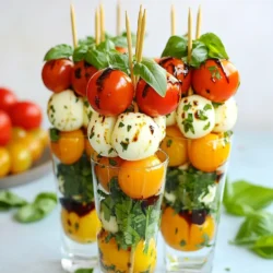 - 20 Kirschtomaten - 20 kleine frische Mozzarellakugeln (Bocconcini) - 20 frische Basilikumblätter - 2 Esslöffel Balsamico-Glasur - 1 Esslöffel extra natives Olivenöl - Salz und Pfeffer nach Geschmack - Spieße oder Zahnstocher Um diese einfachen Caprese Spieße zuzubereiten, brauchst du einige frische Zutaten. Kirschtomaten bringen Farbe und Süße. Mozzarella sorgt für eine cremige Textur. Frische Basilikumblätter fügen einen aromatischen Geschmack hinzu. Balsamico-Glasur und Olivenöl runden das Gericht ab. Salz und Pfeffer geben den letzten Schliff. Die Kirschtomaten sollten reif und saftig sein. Achte darauf, dass der Mozzarella frisch ist. Kleine Kugeln, auch Bocconcini genannt, sind ideal. Sie passen gut zu den Tomaten und Basilikum. Wenn du es etwas würziger magst, kannst du andere Käsesorten ausprobieren. Die Balsamico-Glasur bringt eine süße Note. Verwende extra natives Olivenöl für den besten Geschmack. Du kannst auch andere Öle ausprobieren, aber das native Olivenöl ist der Klassiker. Vergiss nicht, Salz und Pfeffer, um das Gericht zu verfeinern. Schließlich brauchst du Spieße oder Zahnstocher, um die Zutaten zusammenzuhalten. Diese machen die Spieße einfach zu essen und sehen toll aus. Bereite alles vor, damit das Zusammenstellen der Spieße schnell und einfach geht. {{ingredient_image_2}} Zuerst waschen Sie die Kirschtomaten und Basilikumblätter. Nutzen Sie kaltes Wasser für die Reinigung. Tupfen Sie sie mit einem sauberen Küchentuch trocken. Das sorgt dafür, dass die Spieße frisch bleiben. Nehmen Sie einen Spieß oder Zahnstocher in die Hand. Fädeln Sie eine Kirschtomate auf den Spieß. Danach kommt ein Basilikumblatt. Fügen Sie dann eine Mozzarellakugel hinzu. Wiederholen Sie diesen Vorgang, bis Sie drei Sets pro Spieß haben. Sie können auch mehr hinzufügen, wenn Sie möchten. Legen Sie alle Spieße auf eine Servierplatte. In einer kleinen Schüssel mischen Sie das Olivenöl mit Salz und Pfeffer. Rühren Sie gut um, bis alles vermischt ist. Beträufeln Sie die Spieße gleichmäßig mit dem Dressing. Zum Schluss träufeln Sie die Balsamico-Glasur darüber. Das gibt den Spießen einen tollen Geschmack und sieht gut aus. Um die besten Caprese-Spieße zu machen, wählen Sie frische Zutaten. Die Kirschtomaten sollten fest und rot sein. Die Mozzarella-Kugeln müssen weich und saftig sein. Wichtig ist, dass die Basilikumblätter frisch und grün sind. Waschen Sie alles gut. Trocknen Sie die Zutaten, damit die Spieße nicht wässrig werden. Die Art, wie Sie die Spieße anrichten, ist wichtig. Stellen Sie die Spieße in ein hohes Glas oder eine Vase. Das sieht toll aus und macht Spaß beim Essen. Sie können die Platte auch mit Basilikumblättern dekorieren. Das bringt Farbe und macht Appetit. Nutzen Sie eine schöne Servierplatte für mehr Stil. Servieren Sie die Caprese-Spieße als Vorspeise oder Snack. Sie passen gut zu einem kalten Getränk. Diese Spieße sind perfekt für Partys oder Picknicks. Sie können sie auch zu einem Buffet mitbringen. Vergessen Sie nicht, die Balsamico-Glasur gleich vor dem Servieren hinzuzufügen. So bleibt der Geschmack frisch. Pro Tipps Frische Zutaten wählen: Achten Sie darauf, die frischesten Kirschtomaten und Mozzarellakugeln zu verwenden, um den besten Geschmack zu erzielen. Vorbereitung der Spieße: Bereiten Sie die Spieße im Voraus vor und stellen Sie sie im Kühlschrank kalt, damit sie erfrischend bleiben und die Aromen sich entfalten können. Balsamico-Glasur variieren: Experimentieren Sie mit verschiedenen Geschmacksrichtungen der Balsamico-Glasur, wie z.B. mit fruchtigen oder würzigen Varianten, um Abwechslung zu schaffen. Perfekte Anordnung: Stellen Sie die Spieße in einer hohen Vase oder einem Glas auf, um eine attraktive Präsentation zu bieten und die Gäste zu beeindrucken. {{image_4}} Du kannst die Mozzarella-Kugeln leicht ersetzen. Probiere Feta oder Ziegenkäse. Diese Käsesorten bringen einen anderen Geschmack. Feta hat eine salzige Note. Ziegenkäse gibt einen kräftigen Touch. Schneide den Käse in kleine Stücke. So bleibt die Spieße gut im Gleichgewicht. Balsamico-Glasur ist ein Hit, aber nicht die einzige Wahl. Du kannst auch Pesto verwenden. Pesto gibt einen frischen, würzigen Geschmack. Oder probiere eine Zitronen-Vinaigrette für eine spritzige Note. Für mehr Würze, füge ein bisschen Chiliöl hinzu. Es bringt einen tollen Kick. Wenn du mehr Vielfalt willst, füge Oliven hinzu. Schwarze oder grüne Oliven passen gut. Auch kleine Stücke von Paprika sind lecker. Sie bringen Farbe und Crunch. Denk an frische Avocado für Cremigkeit. Diese Zutaten machen deine Spieße bunt und schmackhaft. Um die Caprese-Spieße frisch zu halten, lege sie in einen luftdichten Behälter. Du kannst die Spieße auch in ein feuchtes Tuch wickeln. So bleibt das Gemüse knackig und der Käse bleibt frisch. Achte darauf, die Spieße nicht zu lange bei Raumtemperatur stehen zu lassen. Lagere sie im Kühlschrank, wenn du sie nicht sofort isst. Das hält die Aromen frisch. Wenn du die Basilikumblätter vor dem Servieren anfeuchtest, bleiben sie grün und lebendig. Die Kirschtomaten und Mozzarella Kugeln halten sich gut im Kühlschrank. Du kannst die Spieße 2 bis 3 Tage aufbewahren. Nach dieser Zeit könnten die Zutaten weich werden. Es ist am besten, sie frisch zuzubereiten, um den besten Geschmack zu genießen. Caprese-Spieße bleiben frisch für etwa zwei bis drei Tage im Kühlschrank. Lagern Sie sie in einem luftdichten Behälter. So bleiben die Tomaten und der Mozzarella knackig. Achten Sie darauf, die Spieße nicht zu lange stehen zu lassen. Je frischer, desto besser der Geschmack! Ja, Sie können die Spieße im Voraus machen. Bereiten Sie sie bis zu 24 Stunden vor dem Servieren zu. Lagern Sie sie im Kühlschrank, aber fügen Sie das Dressing erst kurz vor dem Servieren hinzu. So bleibt die Frische erhalten und die Spieße sehen toll aus. Caprese-Spieße passen gut zu vielen Beilagen. Probieren Sie frisches Brot oder knusprige Cracker. Ein einfacher grüner Salat macht das Essen leicht und frisch. Auch eine Auswahl an Dips wie Pesto oder Hummus passt gut dazu. So können Sie ein schönes Buffet gestalten! In diesem Blogbeitrag haben Sie alles über Caprese-Spieße erfahren. Wir haben die Zutaten, die Zubereitung und hilfreiche Tipps besprochen. Auch Variationen und Aufbewahrung wurden abgedeckt. Denken Sie daran, frische Zutaten zu verwenden, um den besten Geschmack zu erzielen. Experimentieren Sie mit verschiedenen Käsesorten und Dressings für Abwechslung. Diese Spieße sind nicht nur lecker, sondern auch einfach zuzubereiten. Genießen Sie die frischen Aromen und bringen Sie etwas italienisches Flair in Ihre Küche.