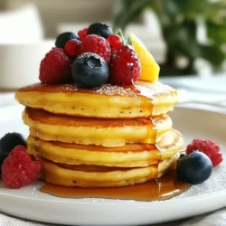 Für die perfekten Zitronen Ricotta Pfannkuchen benötigst du folgende Hauptzutaten: - 240 g Ricotta-Käse - 2 große Eier - 50 g Zucker - 1 Teelöffel Vanilleextrakt - Schale von 1 Zitrone - 60 ml frischer Zitronensaft - 125 g Weizenmehl - 1 Teelöffel Backpulver - 1/2 Teelöffel Natron - Eine Prise Salz - Butter oder Öl zum Braten Diese Zutaten geben den Pfannkuchen ihren tollen Geschmack und die fluffige Textur. Ricotta macht sie besonders cremig. Um deine Pfannkuchen noch leckerer zu machen, empfehle ich diese zusätzlichen Zutaten: - Frische Beeren - Ahornsirup Die Beeren bringen Frische und Farbe. Der Ahornsirup gibt eine süße Note, die gut mit der Zitrone harmoniert. Achte beim Einkauf auf folgende Punkte: - Wähle frischen Ricotta, der cremig und weich ist. - Nutze Bio-Zitronen für den besten Geschmack und die Schale. - Frische Eier haben eine bessere Qualität und einen reicheren Geschmack. - Verwende hochwertiges Weizenmehl für die beste Konsistenz. Die Wahl der besten Zutaten macht einen großen Unterschied. Sie sorgen für den perfekten Genuss deiner Zitronen Ricotta Pfannkuchen. {{ingredient_image_2}} Um den Ricotta-Teig für die Pfannkuchen herzustellen, beginne mit einer großen Rührschüssel. Gib 240 g Ricotta-Käse, 2 große Eier und 50 g Zucker hinein. Vermenge die Zutaten mit einem Schneebesen. Mische alles, bis die Mischung glatt und cremig ist. Jetzt füge 1 Teelöffel Vanilleextrakt, die Schale von 1 Zitrone und 60 ml frischen Zitronensaft hinzu. Rühre gut um, bis alles gleichmäßig verteilt ist. In einer separaten Schüssel vermenge 125 g Weizenmehl, 1 Teelöffel Backpulver, 1/2 Teelöffel Natron und eine Prise Salz. Falte die trockenen Zutaten vorsichtig in die Ricotta-Mischung. Mische nur so lange, bis alles gerade kombiniert ist. Es ist ganz normal, wenn noch kleine Klümpchen vorhanden sind. Übermische den Teig nicht! Erhitze eine beschichtete Pfanne oder Grillplatte bei mittlerer Hitze. Füge eine kleine Menge Butter oder Öl hinzu, um die Oberfläche leicht zu beschichten. Für jeden Pfannkuchen gib etwa 60 ml des Teigs in die Pfanne. Backe die Pfannkuchen etwa 3-4 Minuten. Du wirst sehen, wie Bläschen auf der Oberfläche entstehen und die Ränder fest aussehen. Jetzt ist es Zeit, die Pfannkuchen vorsichtig zu wenden. Brate sie weitere 2-3 Minuten, bis sie goldbraun sind. Nimm die Pfannkuchen aus der Pfanne und halte sie warm, während du den restlichen Teig in Pfannkuchen brätst. Um die Pfannkuchen richtig zu wenden, benutze einen großen Spatel. Schiebe den Spatel vorsichtig unter den Pfannkuchen. Klappe den Pfannkuchen sanft um, ohne ihn zu zerreißen. Wenn du spürst, dass der Pfannkuchen fest genug ist, ist der richtige Zeitpunkt zum Wenden. Das Wenden kann knifflig sein. Übe Geduld und wende die Pfannkuchen erst, wenn die Ränder fest aussehen. So bleiben sie schön und fluffig. Um die besten Zitronen Ricotta Pfannkuchen zu machen, achte auf die folgenden Punkte: - Verwende frische Zutaten. Frischer Ricotta und Zitrone bringen den besten Geschmack. - Übermixen vermeiden. Mische den Teig nur so lange, bis alles verbunden ist. Klümpchen sind in Ordnung. - Die richtige Hitze. Stelle sicher, dass die Pfanne nicht zu heiß ist. So verbrennen die Pfannkuchen nicht. Einige Fehler können das Ergebnis beeinträchtigen: - Zu viel Mehl hinzufügen. Dies macht die Pfannkuchen schwer und trocken. - Zu lange backen. Achte darauf, die Pfannkuchen nicht zu lange zu braten. Sie sollten goldbraun sein, nicht dunkelbraun. - Nicht genug Ruhezeit. Lass die Pfannkuchen für eine Minute ruhen, bevor du sie servierst. So verbessern sich der Geschmack und die Textur. Diese Pfannkuchen sind vielseitig. Probiere diese Anpassungen: - Zitronen ersetzen. Verwende Limetten für einen anderen Geschmack. - Zutaten hinzufügen. Füge Blaubeeren oder Schokoladenstückchen in den Teig. - Gesunde Optionen. Ersetze Zucker durch Honig oder Ahornsirup. Diese Tipps helfen dir, köstliche Zitronen Ricotta Pfannkuchen zu genießen. Pro Tipps Frische Zutaten verwenden: Verwenden Sie frische, qualitativ hochwertige Zutaten, um den besten Geschmack aus Ihren Pfannkuchen herauszuholen. Die Pfanne richtig vorheizen: Stellen Sie sicher, dass die Pfanne gut vorgeheizt ist, bevor Sie den Teig hineingeben, um gleichmäßig gebräunte Pfannkuchen zu erhalten. Pfannkuchenteig nicht übermixen: Mischen Sie den Teig nur so lange, bis die trockenen Zutaten feucht sind. Ein paar Klümpchen sind in Ordnung und sorgen für eine lockere Textur. Variationen ausprobieren: Experimentieren Sie mit verschiedenen Zitrusfrüchten oder fügen Sie Gewürze wie Zimt oder Muskatnuss hinzu, um den Pfannkuchen eine besondere Note zu verleihen. {{image_4}} Wenn Sie etwas Abwechslung wollen, probieren Sie andere Früchte. Orangen geben einen tollen Geschmack. Sie können auch Limetten verwenden, um einen frischen Kick zu bekommen. Für eine süßere Note, fügen Sie zerdrückte Bananen hinzu. Diese Alternativen bringen neue Aromen in die Pfannkuchen. Für eine vegane Version ersetzen Sie die Eier mit Apfelmus oder einer Banane. Ricotta können Sie durch Seidentofu ersetzen. Für glutenfreie Pfannkuchen nutzen Sie glutenfreies Mehl. Diese Anpassungen machen die Pfannkuchen für jeden geeignet. Sie bleiben dennoch fluffig und lecker. Der richtige Sirup kann den Geschmack verstärken. Ahornsirup ist klassisch und sehr beliebt. Versuchen Sie auch Honig oder Agavendicksaft für eine süßere Note. Früchte-Sirupe, wie Himbeer- oder Erdbeersirup, passen ebenfalls gut. Diese Kombinationen machen jede Portion besonders und einzigartig. Wenn du Pfannkuchen übrig hast, lagere sie gut. Lass die Pfannkuchen zuerst abkühlen. Lege sie dann in eine luftdichte Box. Du kannst auch Backpapier zwischen die Pfannkuchen legen. So kleben sie nicht zusammen. Im Kühlschrank bleiben sie für drei Tage frisch. Zum Einfrieren lege die Pfannkuchen in einen Gefrierbeutel. Sie halten bis zu drei Monate. Wenn du den Ricotta-Teig nicht sofort verwendest, decke ihn ab. Halte ihn im Kühlschrank. Der Teig bleibt für einen Tag frisch. Rühre den Teig vor der Nutzung gut durch. Wenn er zu dick wird, füge einen Esslöffel Wasser hinzu. So wird er wieder geschmeidig. Um die Pfannkuchen wieder warm zu machen, gibt es einfache Wege. Du kannst sie in der Mikrowelle aufwärmen. Lege sie auf einen Teller und decke sie mit einem feuchten Tuch ab. So trocknen sie nicht aus. Erwärme sie für 30 Sekunden. Alternativ kannst du die Pfannkuchen in einer Pfanne erhitzen. Benutze mittlere Hitze und füge ein wenig Butter hinzu. So bleiben sie lecker und frisch. Um die Pfannkuchen fluffiger zu machen, schlage die Eier getrennt. Nimm die Eiweiße und schlage sie steif. Füge die geschlagenen Eiweiße ganz am Ende unter den Teig. Das gibt Luft und macht die Pfannkuchen leicht und locker. Achte darauf, nicht zu viel zu rühren, wenn du die Eiweiße hinzufügst. So bleibt die Luft im Teig. Ja, du kannst die Pfannkuchen im Voraus zubereiten. Backe sie einfach und lasse sie auskühlen. Lege sie dann in einen luftdichten Behälter. Sie halten sich gut im Kühlschrank für bis zu drei Tage. Zum Aufwärmen lege sie in die Mikrowelle oder in eine Pfanne. So bleiben sie weich und lecker. Frische Beeren sind eine tolle Wahl. Himbeeren, Erdbeeren oder Blaubeeren bringen Farbe und Geschmack. Auch Ahornsirup ist klassisch. Du kannst auch Joghurt oder Honig hinzufügen. Ein Hauch Puderzucker macht die Pfannkuchen süßer. Experimentiere mit verschiedenen Kombinationen, um deinen perfekten Biss zu finden. Zum Schluss haben wir die besten Tipps für Zitronen Ricotta Pfannkuchen geteilt. Wir haben die Hauptzutaten und deren Auswahl besprochen. Auch die Zubereitung des Teigs und das Backen der Pfannkuchen wurden erklärt. Tipps und Tricks helfen Ihnen, häufige Fehler zu vermeiden. Variationen wie vegane Optionen und die Lagerung der Pfannkuchen bieten noch mehr Möglichkeiten. Genießen Sie diese köstlichen Pfannkuchen und probieren Sie neue Ideen aus! Sie werden Ihre Gäste beeindrucken.