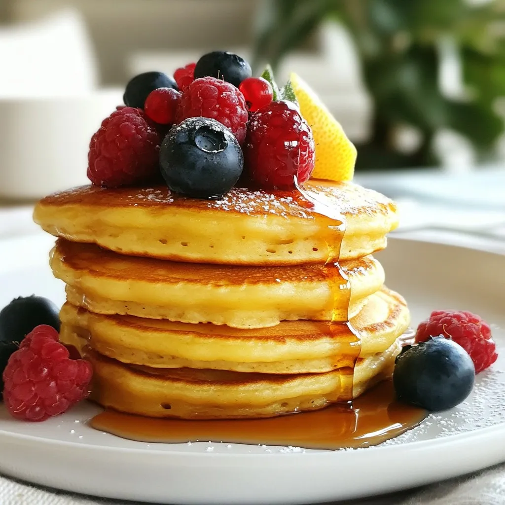 Für die perfekten Zitronen Ricotta Pfannkuchen benötigst du folgende Hauptzutaten: - 240 g Ricotta-Käse - 2 große Eier - 50 g Zucker - 1 Teelöffel Vanilleextrakt - Schale von 1 Zitrone - 60 ml frischer Zitronensaft - 125 g Weizenmehl - 1 Teelöffel Backpulver - 1/2 Teelöffel Natron - Eine Prise Salz - Butter oder Öl zum Braten Diese Zutaten geben den Pfannkuchen ihren tollen Geschmack und die fluffige Textur. Ricotta macht sie besonders cremig. Um deine Pfannkuchen noch leckerer zu machen, empfehle ich diese zusätzlichen Zutaten: - Frische Beeren - Ahornsirup Die Beeren bringen Frische und Farbe. Der Ahornsirup gibt eine süße Note, die gut mit der Zitrone harmoniert. Achte beim Einkauf auf folgende Punkte: - Wähle frischen Ricotta, der cremig und weich ist. - Nutze Bio-Zitronen für den besten Geschmack und die Schale. - Frische Eier haben eine bessere Qualität und einen reicheren Geschmack. - Verwende hochwertiges Weizenmehl für die beste Konsistenz. Die Wahl der besten Zutaten macht einen großen Unterschied. Sie sorgen für den perfekten Genuss deiner Zitronen Ricotta Pfannkuchen. {{ingredient_image_2}} Um den Ricotta-Teig für die Pfannkuchen herzustellen, beginne mit einer großen Rührschüssel. Gib 240 g Ricotta-Käse, 2 große Eier und 50 g Zucker hinein. Vermenge die Zutaten mit einem Schneebesen. Mische alles, bis die Mischung glatt und cremig ist. Jetzt füge 1 Teelöffel Vanilleextrakt, die Schale von 1 Zitrone und 60 ml frischen Zitronensaft hinzu. Rühre gut um, bis alles gleichmäßig verteilt ist. In einer separaten Schüssel vermenge 125 g Weizenmehl, 1 Teelöffel Backpulver, 1/2 Teelöffel Natron und eine Prise Salz. Falte die trockenen Zutaten vorsichtig in die Ricotta-Mischung. Mische nur so lange, bis alles gerade kombiniert ist. Es ist ganz normal, wenn noch kleine Klümpchen vorhanden sind. Übermische den Teig nicht! Erhitze eine beschichtete Pfanne oder Grillplatte bei mittlerer Hitze. Füge eine kleine Menge Butter oder Öl hinzu, um die Oberfläche leicht zu beschichten. Für jeden Pfannkuchen gib etwa 60 ml des Teigs in die Pfanne. Backe die Pfannkuchen etwa 3-4 Minuten. Du wirst sehen, wie Bläschen auf der Oberfläche entstehen und die Ränder fest aussehen. Jetzt ist es Zeit, die Pfannkuchen vorsichtig zu wenden. Brate sie weitere 2-3 Minuten, bis sie goldbraun sind. Nimm die Pfannkuchen aus der Pfanne und halte sie warm, während du den restlichen Teig in Pfannkuchen brätst. Um die Pfannkuchen richtig zu wenden, benutze einen großen Spatel. Schiebe den Spatel vorsichtig unter den Pfannkuchen. Klappe den Pfannkuchen sanft um, ohne ihn zu zerreißen. Wenn du spürst, dass der Pfannkuchen fest genug ist, ist der richtige Zeitpunkt zum Wenden. Das Wenden kann knifflig sein. Übe Geduld und wende die Pfannkuchen erst, wenn die Ränder fest aussehen. So bleiben sie schön und fluffig. Um die besten Zitronen Ricotta Pfannkuchen zu machen, achte auf die folgenden Punkte: - Verwende frische Zutaten. Frischer Ricotta und Zitrone bringen den besten Geschmack. - Übermixen vermeiden. Mische den Teig nur so lange, bis alles verbunden ist. Klümpchen sind in Ordnung. - Die richtige Hitze. Stelle sicher, dass die Pfanne nicht zu heiß ist. So verbrennen die Pfannkuchen nicht. Einige Fehler können das Ergebnis beeinträchtigen: - Zu viel Mehl hinzufügen. Dies macht die Pfannkuchen schwer und trocken. - Zu lange backen. Achte darauf, die Pfannkuchen nicht zu lange zu braten. Sie sollten goldbraun sein, nicht dunkelbraun. - Nicht genug Ruhezeit. Lass die Pfannkuchen für eine Minute ruhen, bevor du sie servierst. So verbessern sich der Geschmack und die Textur. Diese Pfannkuchen sind vielseitig. Probiere diese Anpassungen: - Zitronen ersetzen. Verwende Limetten für einen anderen Geschmack. - Zutaten hinzufügen. Füge Blaubeeren oder Schokoladenstückchen in den Teig. - Gesunde Optionen. Ersetze Zucker durch Honig oder Ahornsirup. Diese Tipps helfen dir, köstliche Zitronen Ricotta Pfannkuchen zu genießen. Pro Tipps Frische Zutaten verwenden: Verwenden Sie frische, qualitativ hochwertige Zutaten, um den besten Geschmack aus Ihren Pfannkuchen herauszuholen. Die Pfanne richtig vorheizen: Stellen Sie sicher, dass die Pfanne gut vorgeheizt ist, bevor Sie den Teig hineingeben, um gleichmäßig gebräunte Pfannkuchen zu erhalten. Pfannkuchenteig nicht übermixen: Mischen Sie den Teig nur so lange, bis die trockenen Zutaten feucht sind. Ein paar Klümpchen sind in Ordnung und sorgen für eine lockere Textur. Variationen ausprobieren: Experimentieren Sie mit verschiedenen Zitrusfrüchten oder fügen Sie Gewürze wie Zimt oder Muskatnuss hinzu, um den Pfannkuchen eine besondere Note zu verleihen. {{image_4}} Wenn Sie etwas Abwechslung wollen, probieren Sie andere Früchte. Orangen geben einen tollen Geschmack. Sie können auch Limetten verwenden, um einen frischen Kick zu bekommen. Für eine süßere Note, fügen Sie zerdrückte Bananen hinzu. Diese Alternativen bringen neue Aromen in die Pfannkuchen. Für eine vegane Version ersetzen Sie die Eier mit Apfelmus oder einer Banane. Ricotta können Sie durch Seidentofu ersetzen. Für glutenfreie Pfannkuchen nutzen Sie glutenfreies Mehl. Diese Anpassungen machen die Pfannkuchen für jeden geeignet. Sie bleiben dennoch fluffig und lecker. Der richtige Sirup kann den Geschmack verstärken. Ahornsirup ist klassisch und sehr beliebt. Versuchen Sie auch Honig oder Agavendicksaft für eine süßere Note. Früchte-Sirupe, wie Himbeer- oder Erdbeersirup, passen ebenfalls gut. Diese Kombinationen machen jede Portion besonders und einzigartig. Wenn du Pfannkuchen übrig hast, lagere sie gut. Lass die Pfannkuchen zuerst abkühlen. Lege sie dann in eine luftdichte Box. Du kannst auch Backpapier zwischen die Pfannkuchen legen. So kleben sie nicht zusammen. Im Kühlschrank bleiben sie für drei Tage frisch. Zum Einfrieren lege die Pfannkuchen in einen Gefrierbeutel. Sie halten bis zu drei Monate. Wenn du den Ricotta-Teig nicht sofort verwendest, decke ihn ab. Halte ihn im Kühlschrank. Der Teig bleibt für einen Tag frisch. Rühre den Teig vor der Nutzung gut durch. Wenn er zu dick wird, füge einen Esslöffel Wasser hinzu. So wird er wieder geschmeidig. Um die Pfannkuchen wieder warm zu machen, gibt es einfache Wege. Du kannst sie in der Mikrowelle aufwärmen. Lege sie auf einen Teller und decke sie mit einem feuchten Tuch ab. So trocknen sie nicht aus. Erwärme sie für 30 Sekunden. Alternativ kannst du die Pfannkuchen in einer Pfanne erhitzen. Benutze mittlere Hitze und füge ein wenig Butter hinzu. So bleiben sie lecker und frisch. Um die Pfannkuchen fluffiger zu machen, schlage die Eier getrennt. Nimm die Eiweiße und schlage sie steif. Füge die geschlagenen Eiweiße ganz am Ende unter den Teig. Das gibt Luft und macht die Pfannkuchen leicht und locker. Achte darauf, nicht zu viel zu rühren, wenn du die Eiweiße hinzufügst. So bleibt die Luft im Teig. Ja, du kannst die Pfannkuchen im Voraus zubereiten. Backe sie einfach und lasse sie auskühlen. Lege sie dann in einen luftdichten Behälter. Sie halten sich gut im Kühlschrank für bis zu drei Tage. Zum Aufwärmen lege sie in die Mikrowelle oder in eine Pfanne. So bleiben sie weich und lecker. Frische Beeren sind eine tolle Wahl. Himbeeren, Erdbeeren oder Blaubeeren bringen Farbe und Geschmack. Auch Ahornsirup ist klassisch. Du kannst auch Joghurt oder Honig hinzufügen. Ein Hauch Puderzucker macht die Pfannkuchen süßer. Experimentiere mit verschiedenen Kombinationen, um deinen perfekten Biss zu finden. Zum Schluss haben wir die besten Tipps für Zitronen Ricotta Pfannkuchen geteilt. Wir haben die Hauptzutaten und deren Auswahl besprochen. Auch die Zubereitung des Teigs und das Backen der Pfannkuchen wurden erklärt. Tipps und Tricks helfen Ihnen, häufige Fehler zu vermeiden. Variationen wie vegane Optionen und die Lagerung der Pfannkuchen bieten noch mehr Möglichkeiten. Genießen Sie diese köstlichen Pfannkuchen und probieren Sie neue Ideen aus! Sie werden Ihre Gäste beeindrucken.