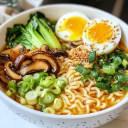 Für die Spicy Miso Ramen benötigst du einige Hauptzutaten. Diese sind: - 4 Tassen Gemüsebrühe - 2 Esslöffel Misopaste (rot oder weiß) - 2 Esslöffel Sojasauce - 1 Esslöffel Sesamöl - 1 Esslöffel Chilibrei (nach Geschmack anpassen) - 200g Ramen-Nudeln (frisch oder getrocknet) Diese Zutaten sind das Herzstück deines Gerichts. Die Brühe bringt den Geschmack. Miso und Sojasauce geben Tiefe. Chilibrei sorgt für die scharfe Note. Die Gewürze und Öle sind wichtig für den Geschmack. Du brauchst: - 1 Esslöffel Sesamöl - 2 Esslöffel Misopaste - 2 Esslöffel Sojasauce Sesamöl hat ein nussiges Aroma. Es verleiht der Brühe einen tollen Geschmack. Miso und Sojasauce bringen Umami und salzige Noten. Die Garnitur macht das Gericht schön und frisch. Du solltest diese Zutaten haben: - 1 Tasse Bok Choy, grob gehackt - 1 Tasse Shiitake-Pilze, in Scheiben geschnitten - 1 Karotte, julienniert - 2 Frühlingszwiebeln, in Scheiben geschnitten - 2 weiche Eier (optional) - Frischer Koriander zum Garnieren - Geröstete Sesamsamen zum Garnieren Die frischen Zutaten bringen Farbe und Textur. Bok Choy und Karotten sind knackig und gesund. Die Eier sind ein toller Zusatz für mehr Proteine und Geschmack. Koriander und Sesamsamen geben das letzte Finish. {{ingredient_image_2}} Um die Brühe zu machen, erhitze das Sesamöl in einem großen Topf. Füge die geschnittenen Shiitake-Pilze hinzu und brate sie für etwa fünf Minuten. Sie sollten goldbraun und zart sein. Danach gib die Misopaste, Sojasauce und Chilibrei dazu. Rühre alles gut um und koche es eine Minute lang. So entfalten sich die Aromen. Jetzt füllst du die Gemüsebrühe ein. Bring die Mischung zum Kochen und reduziere dann die Hitze. Lass die Brühe für 10 bis 15 Minuten köcheln. So verbinden sich die Geschmäcker. Während die Brühe kocht, koche die Ramen-Nudeln nach der Packungsanleitung. Egal, ob frisch oder getrocknet, achte darauf, sie al dente zu garen. Nach dem Kochen gieße die Nudeln ab und stelle sie beiseite. Achte darauf, dass sie nicht kleben bleiben. Sie sind gleich bereit für die Schüsseln. In den letzten fünf Minuten der Brühe füge die Bok Choy-Stücke und die juliennierten Karotten hinzu. Koche sie, bis sie zart und leuchtend grün sind. Jetzt ist es Zeit, die Schüsseln zusammenzustellen. Teile die gegarten Nudeln gleichmäßig auf die Schalen auf. Löffele die heiße Brühe mit dem Gemüse darüber. Garniere jede Schüssel mit einem weichen Ei, geschnittenen Frühlingszwiebeln und frischem Koriander. Zum Schluss streue die gerösteten Sesamsamen darüber. Jetzt hast du eine köstliche Spicy Miso Ramen-Schüssel! Miso ist das Herz deiner Brühe. Du kannst rot oder weißes Miso verwenden. Rot hat einen stärkeren Geschmack, während weiß milder ist. Mische das Miso gut in die Brühe. So löst sich die Paste besser auf und entfaltet ihr volles Aroma. Ein kleiner Trick: Erhitze das Miso kurz in der Pfanne, bevor du es zur Brühe gibst. Das bringt die Aromen noch mehr zur Geltung. Um die Ramen-Nudeln perfekt zu kochen, beachte die Packungsanleitung. Frische Nudeln brauchen weniger Zeit als getrocknete. Koch sie in reichlich Salzwasser. Achte darauf, sie al dente zu kochen. Das bedeutet, sie sollen noch einen leichten Biss haben. Nach dem Kochen gut abtropfen und mit etwas Sesamöl vermengen. So kleben sie nicht und schmecken besser. Die Schärfe ist ganz nach deinem Geschmack. Du kannst Chilibrei nach Belieben hinzufügen. Beginne mit einem Esslöffel und taste dich an die gewünschte Schärfe heran. Wenn du es milder magst, lasse den Chilibrei ganz weg oder ersetze ihn durch milde Paprika. Für mehr Schärfe kannst du frische Chilischoten oder Chilipulver verwenden. Experimentiere und finde die perfekte Balance für dich! Pro Tipps Ramen-Nudeln richtig kochen: Achten Sie darauf, die Ramen-Nudeln al dente zu garen, damit sie beim Einlegen in die Brühe nicht zu weich werden. Misopaste gut auflösen: Um Klumpen zu vermeiden, lösen Sie die Misopaste zuerst in etwas heißer Brühe auf, bevor Sie sie in den Topf geben. Gemüse frisch halten: Fügen Sie das Gemüse in den letzten Minuten des Kochens hinzu, um die leuchtenden Farben und die knackige Textur zu bewahren. Garnitur variieren: Experimentieren Sie mit verschiedenen Kräutern und Toppings wie Chiliöl, Nori oder eingelegtem Gemüse für zusätzlichen Geschmack und Textur. {{image_4}} Für eine vegetarische oder vegane Version der Spicy Miso Ramen, tauschen Sie die Brühe. Nutzen Sie Gemüsebrühe statt Hühnerbrühe. Achten Sie darauf, dass die Misopaste vegan ist. Einige Marken bieten miso an, das ohne tierische Produkte hergestellt wird. Ersetzen Sie die weichen Eier durch gebratene Tofu-Würfel. Diese sind proteinreich und geben der Schüssel eine tolle Textur. Fügen Sie gerne mehr Gemüse hinzu! Brokkoli, Zucchini oder Erbsen machen Ihr Gericht noch bunter. Für zusätzlichen Geschmack können Sie auch Mais oder Spinat einstreuen. Anstelle von Frühlingszwiebeln probieren Sie geschnittene Radieschen. Sie bringen eine knackige Frische. Wenn Sie es besonders würzig mögen, fügen Sie frische Chili-Scheiben hinzu. Es gibt viele Brühen, die Sie verwenden können. Eine klare Brühe aus Pilzen gibt dem Gericht einen erdigen Geschmack. Auch eine Kokosmilch-Basis kann wunderbar harmonieren. Bei den Nudeln haben Sie die Wahl. Verwenden Sie Udon-Nudeln für eine dickere Textur oder Soba-Nudeln für einen nussigen Geschmack. Frische Nudeln sorgen für ein tolles Mundgefühl, aber auch getrocknete Nudeln sind eine gute Wahl. Wenn du Reste von deiner Spicy Miso Ramen-Schüssel hast, lagere sie richtig. Lass die Brühe und die Nudeln getrennt abkühlen. Verwende luftdichte Behälter, um die Frische zu bewahren. So bleiben die Aromen gut erhalten. Die Reste kannst du im Kühlschrank bis zu drei Tage aufbewahren. Für längere Lagerung friere die Brühe und die Nudeln ein. Gieße die Brühe in einen gefrierfesten Behälter. Du kannst auch Eiswürfelformen verwenden, um kleine Portionen einzufrieren. Die Nudeln sollten vor dem Einfrieren leicht angekocht werden. So bleiben sie besser in Form. Ramen-Nudeln können bis zu drei Monate eingefroren werden. Um die Ramen wieder aufzuwärmen, benutze einen Topf. Erhitze die Brühe langsam bei mittlerer Hitze. Achte darauf, dass sie nicht kocht. Die Nudeln kannst du in heißem Wasser für ein paar Minuten aufwärmen. Mische alles gut. Füge frisches Gemüse oder Toppings hinzu, um den Geschmack zu verbessern. So schmeckt deine Ramen wie frisch zubereitet! Um die Brühe länger haltbar zu machen, koche sie gut durch. Lass sie dann abkühlen. Fülle sie in einen luftdichten Behälter. So hält sie sich im Kühlschrank bis zu einer Woche. Für eine längere Lagerung kannst du die Brühe einfrieren. Nutze gefrierbare Beutel oder Behälter. Achte darauf, etwas Platz für die Ausdehnung zu lassen. So kannst du sie bis zu drei Monate aufbewahren. Authentische Spicy Miso Ramen findest du in japanischen Restaurants oder speziellen Ramen-Lokalen. Nutze Apps oder Websites, um Bewertungen zu suchen. Frage Freunde oder Bekannte nach ihren Empfehlungen. Oft gibt es lokale Food-Festivals, wo du Ramen probieren kannst. Ein Besuch in asiatischen Supermärkten kann auch hilfreich sein. Viele bieten frische Ramen und Miso-Paste an. Wenn du keinen Miso hast, gibt es einige Alternativen. Du kannst Tahini oder Erdnussbutter probieren. Diese bringen eine ähnliche Cremigkeit. Sojasauce mit etwas Wasser kann auch helfen. Für einen würzigen Geschmack mische in etwas Brühe. Auch fermentierte Sojabohnen oder selbstgemachte Brühe sind Optionen. Experimentiere mit den Mengen, um den besten Geschmack zu finden. Spicy Miso Ramen ist eine leckere und kreative Speise. In diesem Artikel haben wir die wichtigen Zutaten, eine Schritt-für-Schritt-Anleitung und nützliche Tipps behandelt. Zusätzlich sprachen wir über Variationen und Aufbewahrung. Du kannst die Brühe anpassen, die Nudel-Konsistenz perfektionieren und sogar vegan genießen. Vergiss nicht, Reste richtig zu lagern. Mit diesen einfachen Anleitungen wirst du garantiert leckere Ramen zubereiten. Probiere es aus und genieße dein eigenes Spicy Miso Ramen.