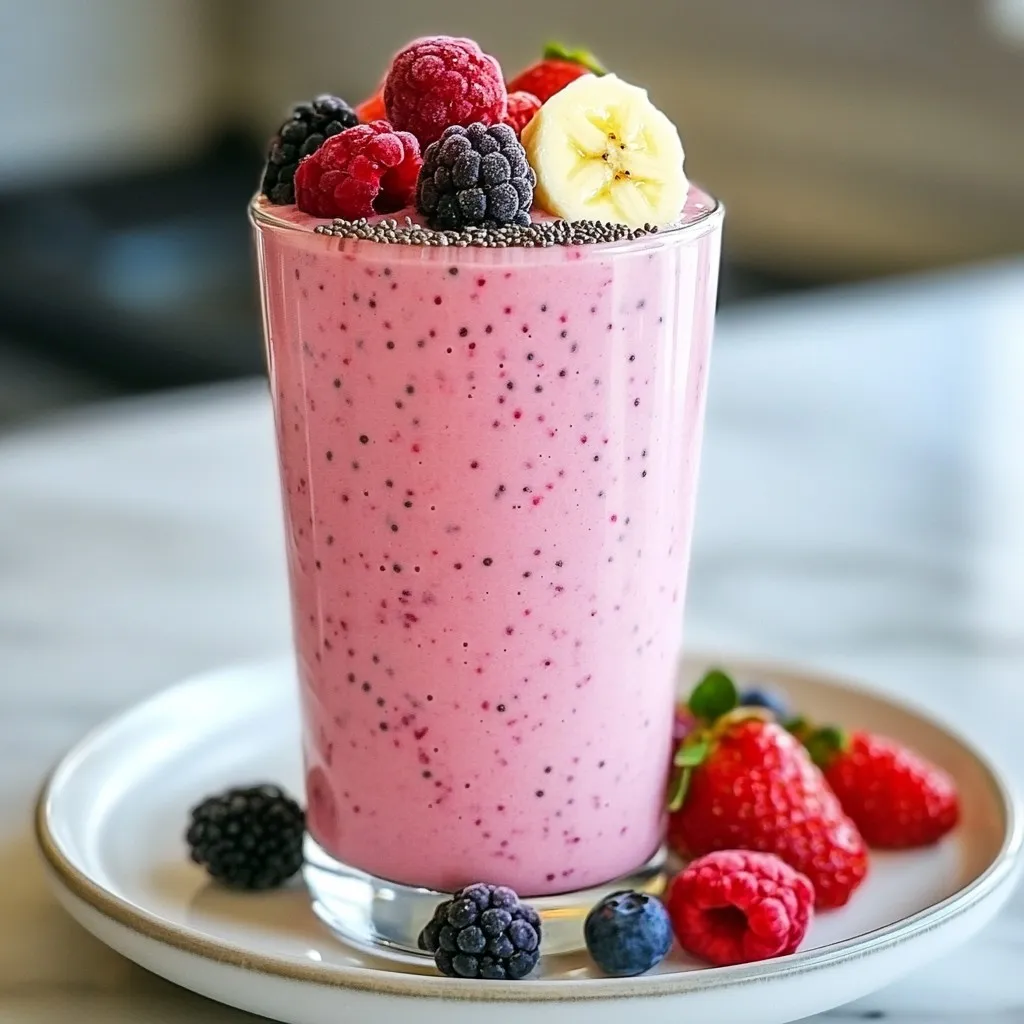 - 1 Tasse gemischte Beeren (Erdbeeren, Heidelbeeren, Himbeeren) - 1 reife Banane - 1 Tasse ungesüßte Kokosmilch - 1/2 Tasse griechischer Joghurt Die Hauptzutaten sind einfach und frisch. Beeren geben dem Smoothie einen tollen Geschmack. Sie sind reich an Vitaminen und Antioxidantien. Die Banane macht den Smoothie cremig und süß. Kokosmilch bringt einen tropischen Flair dazu. Griechischer Joghurt fügt Protein hinzu und gibt eine schöne Textur. - 1 Esslöffel Honig oder Ahornsirup - Anpassung nach Geschmack Süßungsmittel machen den Smoothie lecker. Honig hat einen reichen Geschmack. Ahornsirup gibt eine besondere Note. Du kannst die Süße anpassen, je nach deinem Geschmack. Probiere zuerst, dann füge mehr hinzu. - 1 Esslöffel Chiasamen - 1/2 Teelöffel Vanilleextrakt - Eiswürfel (optional) Zusätzliche Zutaten sind eine gute Wahl. Chiasamen geben Ballaststoffe und Omega-3-Fettsäuren. Vanilleextrakt bringt einen feinen Duft. Wenn du einen kühlen Smoothie magst, füge Eiswürfel hinzu. Das macht ihn erfrischend und perfekt für heiße Tage. {{ingredient_image_2}} 1. Zuerst spülen Sie die gemischten Beeren unter kaltem Wasser ab. Dies entfernt Schmutz und Keime. 2. Tupfen Sie die Beeren vorsichtig mit einem Küchentuch trocken. So bleibt der Smoothie nicht wässrig. 3. Nehmen Sie eine reife Banane. Schälen Sie sie und schneiden Sie sie in kleine Stücke. Dies hilft beim Mixen. 1. Geben Sie die Beeren, die Bananenstücke, die Kokosmilch und den griechischen Joghurt in den Mixer. 2. Fügen Sie auch den Honig oder Ahornsirup, die Chiasamen und den Vanilleextrakt hinzu. 3. Mixen Sie alles auf hoher Stufe, bis die Mischung glatt und cremig ist. Mögen Sie es kälter? Fügen Sie Eiswürfel hinzu und mixen Sie erneut. 1. Probieren Sie die Mischung und passen Sie die Süße nach Ihrem Geschmack an. Fügen Sie mehr Honig oder Sirup hinzu, wenn nötig. 2. Gießen Sie den Smoothie in Gläser. Lassen Sie etwas Platz für Garnierungen. 3. Optional: Garnieren Sie jeden Smoothie mit ein paar ganzen Beeren und einer Prise Chiasamen. So sieht der Smoothie toll aus und schmeckt noch besser. Frische Beeren sind oft saftiger und haben mehr Geschmack. Sie sind ideal, wenn sie in Saison sind. Gefrorene Beeren sind aber auch eine gute Wahl. Sie sind das ganze Jahr über verfügbar und oft günstiger. Wenn du frische Beeren wählst, achte auf die Farbe. Sie sollten lebendig und glänzend sein. Saisonale Empfehlungen sind Erdbeeren im Sommer und Himbeeren im Spätsommer. Um deinen Smoothie kühler zu machen, füge Eiswürfel hinzu. Das gibt dir einen erfrischenden Genuss. Wenn du eine dickere Konsistenz magst, kannst du mehr Banane oder griechischen Joghurt verwenden. Für einen flüssigeren Smoothie gib etwas mehr Kokosmilch dazu. So kannst du die perfekte Textur nach deinem Geschmack finden. Um die Nährstoffe zu steigern, füge Spinat oder Grünkohl hinzu. Diese grünen Blätter bringen viele Vitamine. Auch Proteinpulver ist eine gute Wahl, besonders nach dem Sport. Chiasamen sind schon im Rezept, aber du kannst auch Leinsamen probieren. Diese kleinen Samen geben dir einen extra Schub an Energie. Pro Tipps Frische Zutaten: Verwenden Sie frische Beeren, um den besten Geschmack und die beste Nährstoffdichte zu gewährleisten. Banane einfrieren: Für eine cremigere Konsistenz können Sie die Banane vor dem Mixen schälen und einfrieren. Variationen hinzufügen: Experimentieren Sie mit anderen Früchten wie Mango oder Spinat für zusätzliche Nährstoffe und Geschmack. Protein steigern: Fügen Sie einen Löffel Proteinpulver hinzu, um den Smoothie zu einer vollwertigen Mahlzeit zu machen. {{image_4}} Du kannst verschiedene Beeren nutzen, um deinen Smoothie spannend zu machen. Probier exotische Früchte wie Mango oder Ananas aus. Diese Früchte bringen neue Geschmäcker und einen frischen Twist. Wenn du es einfach magst, benutze nur eine Beerenart, wie Himbeeren oder Erdbeeren. So kannst du den Geschmack der Beeren intensiver erleben. Wenn du vegan leben möchtest, gibt es viele Optionen. Du kannst pflanzlichen Joghurt anstelle von griechischem Joghurt verwenden. So bleibt der Smoothie cremig und lecker. Anstelle von Honig kannst du Ahornsirup oder Agavendicksaft nutzen. Diese Alternativen sind süß und passen gut zu den Beeren. Möchtest du mehr Eiweiß in deinem Smoothie? Füge Nussbutter wie Mandel- oder Erdnussbutter hinzu. Das gibt dir ein reichhaltiges Aroma und macht den Smoothie sättigender. Auch Proteinpulver ist eine gute Wahl. Es gibt viele Sorten, die deinen Smoothie gesund und nahrhaft machen. Der Beeren Kokos Smoothie hält sich im Kühlschrank bis zu zwei Tage. Um die Frische zu bewahren, fülle den Smoothie in einen luftdichten Behälter. So vermeidest du, dass Luft und Licht die Qualität beeinträchtigen. Wenn du den Smoothie wieder trinkst, schüttle oder rühre ihn gut durch. So wird er wieder cremig. Du kannst deinen Smoothie auch einfrieren. Fülle ihn in Eiswürfelformen oder in einen gefrierfesten Behälter. Achte darauf, etwas Platz zu lassen, da der Smoothie beim Gefrieren expandiert. Um einen gefrorenen Smoothie später zu nutzen, lege die Würfel in den Mixer. Füge eine kleine Menge Kokosmilch hinzu und mixe, bis die gewünschte Konsistenz erreicht ist. Hast du noch Zutaten übrig? Nutze sie für andere Rezepte. Die Beeren kannst du in Joghurt mischen oder auf Haferflocken streuen. Die Banane eignet sich gut für Backrezepte oder als Snack. Selbst die Chiasamen kannst du in Salaten oder anderen Smoothies verwenden. So verschwendest du nichts und bleibst kreativ in der Küche! Das Rezept ergibt zwei Portionen. Es ist perfekt für einen schnellen Snack oder ein leichtes Frühstück. Sie können den Smoothie auch in kleinen Gläsern servieren, um ihn mit Freunden zu teilen. Für eine festliche Note können Sie die Gläser mit ganzen Beeren und Chiasamen garnieren. So sieht der Smoothie nicht nur gut aus, sondern schmeckt auch noch besser. Ja, Sie können den Smoothie im Voraus zubereiten. Mixen Sie alle Zutaten und füllen Sie den Smoothie in einen luftdichten Behälter. Stellen Sie ihn dann in den Kühlschrank. Er bleibt bis zu zwei Tage frisch. Wenn Sie ihn später trinken, schütteln Sie den Behälter gut. Falls der Smoothie zu dick ist, fügen Sie etwas Kokosmilch hinzu. So bleibt er cremig und lecker. Ja, Beeren und Kokosmilch bieten viele Vorteile. Beeren sind reich an Antioxidantien und Vitaminen. Sie stärken Ihr Immunsystem und fördern die Gesundheit des Herzens. Kokosmilch ist eine gute Quelle für gesunde Fette. Diese Fette können Ihnen helfen, sich länger satt zu fühlen. Außerdem sind Chiasamen voll mit Ballaststoffen und Omega-3-Fettsäuren. Zusammen machen sie diesen Smoothie zu einem nahrhaften Genuss. Dieser Smoothie ist einfach, lecker und gesund. Wir haben gemischte Beeren, eine Banane und Kokosmilch verwendet. Du hast gelernt, wie man die Zutaten vorbereitet und miteinander mixt. Auch Tipps zur Lagerung und Variationen waren dabei. Denke daran, deine eigenen Geschmackskombinationen zu entdecken. Experimentiere und finde deinen perfekten Smoothie. Die vielen Möglichkeiten machen es spannend, und du kannst viel Freude daran haben. Bleib gesund und genieße jeden Schluck!