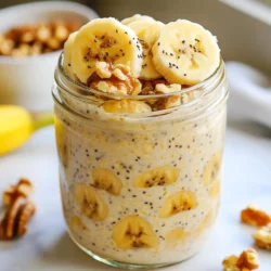 Für die Bananen-Nuss Übernacht-Haferflocken brauchst du einige einfache Zutaten. Hier ist, was du benötigst: - 1 Tasse Haferflocken (groß) - 2 Tassen Mandelmilch (oder jede Milch deiner Wahl) - 1 reife Banane, zerdrückt - 1 Esslöffel Chiasamen - 1 Esslöffel Ahornsirup (optional, für zusätzliche Süße) - 1/2 Teelöffel Vanilleextrakt - 1/4 Teelöffel Zimt - 1/4 Tasse gehackte Nüsse (Walnüsse oder Pekannüsse eignen sich hervorragend) - Frische Bananenscheiben und zusätzliche Nüsse als Topping Mit diesen Zutaten stellst du eine cremige und leckere Mischung her, die dich am Morgen erfreut. Die Kombination aus Haferflocken und Banane sorgt für Energie und Sättigung. Wenn du keine Mandelmilch magst, probiere andere Milchsorten. Soja-, Hafer- oder Kokosmilch sind ebenso gute Optionen. Jede Milch hat ihren eigenen Geschmack. Das gibt deinem Frühstück eine persönliche Note. Die Wahl der Milch beeinflusst die Konsistenz und den Geschmack. Experimentiere, um deine Lieblingskombination zu finden. Die Wahl der Nüsse ist wichtig. Walnüsse sind knackig und nussig. Pekannüsse sind süßer und milder. Du kannst auch andere Nüsse wie Mandeln oder Haselnüsse verwenden. Die Textur der Nüsse gibt dem Gericht einen tollen Biss. Du kannst die Nüsse grob hacken, damit sie gleichmäßig verteilt sind. So hast du in jedem Bissen einen nussigen Genuss. {{ingredient_image_2}} Um die Haferflocken-Mischung zuzubereiten, beginne mit einer mittelgroßen Schüssel. Gib die Haferflocken und die Mandelmilch hinein. Zerdrücke die Banane mit einer Gabel und füge sie dazu. Dann kommen die Chiasamen, der Ahornsirup, der Vanilleextrakt und der Zimt hinzu. Rühre alles gut um, bis die Zutaten gut vermischt sind. Der Zimt gibt einen tollen Geschmack. Die gehackten Nüsse kommen zum Schluss dazu. Hebe sie vorsichtig unter, damit sie gleichmäßig verteilt sind. Teile die Mischung gleichmäßig auf zwei luftdichte Gläser oder Behälter auf. Achte darauf, dass die Gläser sauber sind. Verschließe die Deckel gut, damit keine Luft eindringt. Jetzt sind sie bereit für den Kühlschrank. Lass die Gläser dort über Nacht ruhen. So saugen die Haferflocken die Milch auf und werden schön weich. Am Morgen rühre die Haferflocken gut um. Du kannst sie direkt aus dem Glas essen oder in eine Schüssel geben. Garniere die Mischung mit frischen Bananenscheiben und zusätzlichen Nüssen. Das sieht nicht nur gut aus, sondern schmeckt auch fantastisch! Wenn du magst, kannst du noch etwas Honig oder Ahornsirup hinzufügen. So wird es noch süßer. Experimentiere mit Toppings nach deinem Geschmack. Um die perfekte Konsistenz zu bekommen, achte auf die Flüssigkeitsmenge. Verwende zwei Tassen Mandelmilch für eine cremige Textur. Wenn du die Haferflocken weicher magst, füge etwas mehr Milch hinzu. Lass sie mindestens vier Stunden oder über Nacht im Kühlschrank. So saugen die Haferflocken die Flüssigkeit gut auf. Rühre sie am Morgen gut um, um alles zu vermischen. Die Süße kann leicht angepasst werden. Die reife Banane bringt viel natürliche Süße mit. Wenn du es süßer magst, füge einen Esslöffel Ahornsirup hinzu. Du kannst auch Honig oder Agavendicksaft verwenden. Probiere verschiedene Süßungsmittel aus, um deinen perfekten Geschmack zu finden. Wenn du mehrere Portionen machen möchtest, verdopple das Rezept. Verwende einfach zwei Tassen Haferflocken und vier Tassen Milch. Teile die Mischung in mehrere Gläser auf. So hast du gleich für mehrere Tage Frühstück bereit. Diese Übernacht-Haferflocken sind perfekt zum Vorbereiten. Sie sind schnell gemacht und sparen Zeit am Morgen. Pro Tipps Wahl der Nüsse: Du kannst jede Art von Nüssen verwenden, die du magst. Walnüsse und Pekannüsse sind toll, aber auch Mandeln oder Haselnüsse passen hervorragend. Banane richtig wählen: Achte darauf, eine sehr reife Banane zu verwenden, da sie mehr Süße und Geschmack bietet. Vegetarische Option: Wenn du eine vegane Variante bevorzugst, verwende pflanzliche Milch und lasse den Ahornsirup weg oder ersetze ihn durch einen anderen Süßstoff. Einweichen der Haferflocken: Lass die Mischung über Nacht im Kühlschrank, damit die Haferflocken die Flüssigkeit optimal aufnehmen und die perfekte Konsistenz erreichen. {{image_4}} Du kannst viele Obstsorten in deine Übernacht-Haferflocken hinzufügen. Äpfel, Beeren oder Pfirsiche passen gut. Schneide sie klein und mische sie mit den Haferflocken. So erhältst du mehr Geschmack und Vitamine. Wenn du frisches Obst magst, füge es direkt vor dem Servieren hinzu. Das hält es knackig und frisch. Nüsse geben deinen Haferflocken einen tollen Crunch. Du kannst Walnüsse, Pekannüsse oder sogar Mandeln verwenden. Die Wahl der Nüsse ändert den Geschmack. Wenn du es würziger magst, probiere geröstete Nüsse. Mische auch verschiedene Nüsse für mehr Textur und Geschmack. Achte darauf, sie klein zu hacken, damit sie gut verteilt sind. Für einen süßeren Genuss kannst du Kakaopulver oder Schokoladenstückchen hinzufügen. Ein Esslöffel Kakaopulver passt gut zu der Banane. Wenn du einen Protein-Kick suchst, füge Proteinpulver hinzu. Das hält dich länger satt. Du kannst auch griechischen Joghurt in die Mischung einrühren. Das sorgt für eine cremige Textur und mehr Eiweiß. Bewahre deine Bananen-Nuss Übernacht-Haferflocken in luftdichten Gläsern auf. So bleiben sie frisch und lecker. Stelle sicher, dass die Gläser gut verschlossen sind. Ein Kühlschrank ist der beste Ort, um sie zu lagern. Du kannst sie bis zu fünf Tage im Kühlschrank aufbewahren. So hast du immer ein schnelles Frühstück bereit. Die Übernacht-Haferflocken halten sich gut. Nach der Zubereitung sind sie bis zu fünf Tage genießbar. Die Nüsse können jedoch weicher werden. Wenn du die Textur magst, iss sie lieber frisch. Wenn du sie länger aufbewahren willst, denke an die Gefrieroptionen. Du kannst die Übernacht-Haferflocken auch einfrieren. Fülle sie in gefrierfreundliche Behälter oder Beutel. Achte darauf, etwas Platz zum Ausdehnen zu lassen. So bleiben sie bis zu drei Monate frisch. Wenn du sie essen möchtest, tau sie einfach über Nacht im Kühlschrank auf. So sind sie am nächsten Morgen bereit zum Genießen. Ja, du kannst die Bananen-Nuss Übernacht-Haferflocken vegan machen. Ersetze einfach die Milch. Nimm pflanzliche Milch wie Mandelmilch, Sojamilch oder Hafermilch. Diese Optionen sind lecker und gesund. Auch der Ahornsirup ist vegan, falls du ihn verwendest. Die Übernacht-Haferflocken halten sich gut im Kühlschrank. Sie bleiben frisch für etwa 3 bis 5 Tage. Achte darauf, sie in einem luftdichten Behälter aufzubewahren. Wenn du sie länger aufbewahren willst, friere die Mischung ein. So bleiben die Aromen frisch. Ja, du kannst die Chiasamen weglassen, wenn du möchtest. Sie helfen, die Mischung zu verdicken. Ohne sie wird die Konsistenz etwas lockerer. Du kannst auch Leinsamen oder einfach mehr Haferflocken hinzufügen. So bleibt die Mischung trotzdem lecker und nahrhaft. Bananen-Nuss Übernacht-Haferflocken sind einfach und lecker. Wir haben die Hauptzutaten, Alternativen für Milch und Nüsse besprochen. Die Schritt-für-Schritt-Anleitung hilft beim Zubereiten und Lagern dieser Speise. Tipps für die perfekte Konsistenz und Variationen machen das Rezept flexibel. Außerdem klärten wir Fragen zur Haltbarkeit und veganen Optionen. Diese Frühstücksidee ist schnell gemacht und hält sich gut. Probiere sie aus und find heraus, wie vielseitig sie sind!