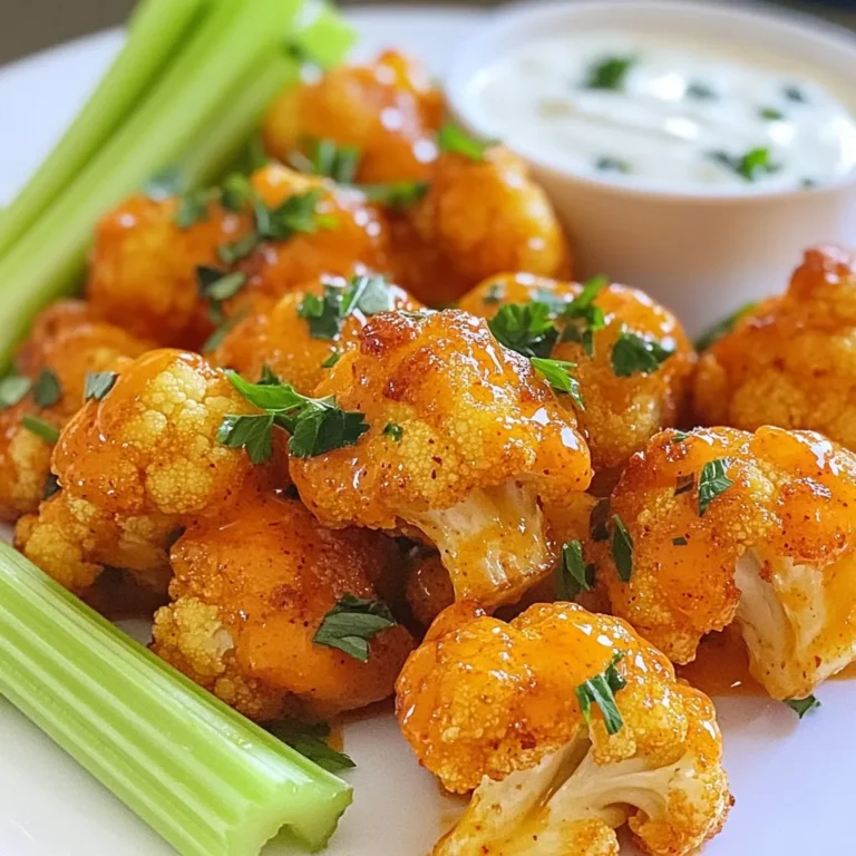 Für die Buffalo Blumenkohl Bissen brauchst du einige einfache Zutaten. Hier sind die Hauptzutaten: - 1 mittelgroßer Blumenkohl, in mundgerechte Röschen zerteilt - 1 Tasse Mehl (Weizen) - 1 Tasse Wasser oder pflanzliche Milch - 1 Teelöffel Knoblauchpulver - 1 Teelöffel Zwiebelpulver - 1 Teelöffel geräuchertes Paprikapulver - ½ Teelöffel Salz - ½ Teelöffel schwarzer Pfeffer - 1 Tasse Buffalo-Sauce - 2 Esslöffel geschmolzene vegane Butter (optional) - Frische Petersilie, gehackt Diese Zutaten machen die Bissen knusprig und voller Geschmack. Die Gewürze sind sehr wichtig. Sie bringen den Geschmack der Bissen zur Geltung. Ich empfehle dir, Knoblauch- und Zwiebelpulver zu verwenden. Diese sorgen für einen herzhaften Geschmack. Das geräucherte Paprikapulver gibt einen zusätzlichen Kick. Salz und Pfeffer runden alles ab. Wenn du magst, kannst du auch andere Gewürze hinzufügen. Chili-Pulver oder Kreuzkümmel könnten gut passen. Experimentiere mit den Gewürzen, um deinen perfekten Geschmack zu finden. Die Buffalo Blumenkohl Bissen sind ideal zum Teilen. Du kannst sie mit Selleriestangen und Ranch-Dressing servieren. Diese Kombination ist frisch und cremig. Eine andere Option ist, sie mit einer veganen Joghurt-Dip zu servieren. Der Dip macht die Bissen noch leckerer. Achte darauf, dass du die Bissen schön anrichtest. Eine große Platte mit frischen Selleriestangen sieht toll aus. Garniere die Bissen mit gehackter Petersilie. So wirken sie noch einladender. {{ingredient_image_2}} Heize deinen Ofen auf 232°C vor. Während der Ofen aufheizt, lege ein Backblech mit Backpapier aus. Diese Vorbereitung hilft, die Bissen knusprig zu machen und verhindert, dass sie kleben. In einer großen Schüssel vermische eine Tasse Mehl mit einer Tasse Wasser oder pflanzlicher Milch. Füge einen Teelöffel Knoblauchpulver, Zwiebelpulver und geräuchertes Paprikapulver hinzu. Gib auch ½ Teelöffel Salz und schwarzen Pfeffer dazu. Rühre alles gut um, bis der Teig glatt ist. Nimm die Blumenkohlröschen und tauche jedes Stück in die vorbereitete Batter. Lass den überschüssigen Teig abtropfen. Lege die Röschen in einer einzelnen Schicht auf das Backblech. Backe sie für 20-25 Minuten, bis sie goldbraun und knusprig sind. Wende die Bissen in der Hälfte der Backzeit, um eine gleichmäßige Bräunung zu erreichen. Während die Blumenkohlbissen backen, nimm eine kleine Schüssel. Mische die Buffalo-Sauce mit 2 Esslöffeln geschmolzener veganer Butter, wenn du möchtest. Diese Mischung gibt den Bissen ihren scharfen und würzigen Geschmack. Wenn die Bissen knusprig sind, nimm sie aus dem Ofen. Träufle die Buffalo-Saucenmischung gleichmäßig über die Blumenkohlbissen. Tossiere sie gut, sodass alle Bissen gut bedeckt sind. Backe sie für weitere 10 Minuten im Ofen, damit sie die Sauce aufnehmen. Nimm die Bissen aus dem Ofen und lasse sie ein paar Minuten abkühlen. Garniere sie mit frischer, gehackter Petersilie. Serviere die Blumenkohlbissen mit Selleriestangen und Ranch-Dressing an der Seite. Diese Kombination macht das Gericht noch leckerer und ansprechender. Um knusprige Blumenkohlbissen zu machen, ist die Teigmischung wichtig. Ein dicker Teig hilft, das Wasser im Blumenkohl zu halten. Ich empfehle, das Gemüse gut zu trocknen, bevor du es in den Teig tauchst. Stelle sicher, dass du die Röschen einzeln auf das Backblech legst. Dies sorgt dafür, dass sie gleichmäßig backen. Wende die Bissen während des Backens, um beide Seiten schön knusprig zu machen. Buffalo Blumenkohl Bissen passen gut zu vielen Dips. Ranch-Dressing ist ein Klassiker, aber probiere auch Blauschimmelkäse-Dressing. Für eine gesunde Option kannst du Hummus oder Guacamole nutzen. Selleriestangen sind großartig dazu. Du kannst auch Karottensticks hinzufügen, um mehr Crunch zu bekommen. Wenn du Gluten vermeidest, kannst du glutenfreies Mehl verwenden. Das funktioniert gut im Teig. Für vegane Optionen kannst du pflanzliche Milch nutzen. Achte darauf, dass die Buffalo-Sauce vegan ist. Außerdem kannst du das Rezept nach Belieben würzen. Experimentiere mit verschiedenen Gewürzen, um den Geschmack zu verändern. Pro Tipps Röschen gleichmäßig schneiden: Achte darauf, die Blumenkohlröschen gleichmäßig zu schneiden, damit sie gleichmäßig garen und knusprig werden. Teig anpassen: Wenn der Teig zu dick ist, kannst du etwas mehr Wasser oder pflanzliche Milch hinzufügen, um die gewünschte Konsistenz zu erreichen. Alternativen zur Buffalo-Sauce: Experimentiere mit verschiedenen Saucen wie BBQ oder einer scharfen asiatischen Sauce, um neue Geschmäcker zu entdecken. Vorbereitung im Voraus: Du kannst die Blumenkohlröschen im Teig vorbereiten und im Kühlschrank aufbewahren, bis du bereit bist, sie zu backen. {{image_4}} Wenn du den Teig für die Buffalo Blumenkohl Bissen aufregender machen willst, probiere zusätzliche Gewürze. Zum Beispiel kannst du Kreuzkümmel oder Cayennepfeffer hinzufügen. Diese bringen einen schönen Kick. Auch italienische Kräuter wie Oregano oder Basilikum passen gut dazu. Diese Gewürze verleihen dem Teig mehr Tiefe und Geschmack. Die Wahl der Buffalo-Sauce beeinflusst den gesamten Geschmack. Du kannst eine milde Sauce wählen, wenn du es nicht scharf magst. Für die Mutigen gibt es scharfe Varianten mit extra Chili. Du kannst auch deine eigene Sauce machen, indem du Butter und scharfe Soße vermischst. So passt du die Schärfe perfekt an deinen Geschmack an. Für vegane Optionen kannst du einfach pflanzliche Milch und vegane Butter verwenden. Die Buffalo-Sauce ist oft vegan, aber überprüfe die Zutaten. Wenn du glutenfrei bist, wähle glutenfreies Mehl. So bleibt der Geschmack gleich, und du kannst die Bissen genießen, ohne dir Sorgen zu machen. Diese Anpassungen machen das Rezept für alle zugänglich. Um die Reste der Buffalo Blumenkohl Bissen zu lagern, lege sie in einen luftdichten Behälter. Achte darauf, dass die Bissen vollkommen abgekühlt sind, bevor du sie verpackst. So bleiben sie frisch und lecker. Du kannst sie bis zu drei Tage im Kühlschrank aufbewahren. Wenn du sie länger halten möchtest, friere sie ein. Lege die Bissen in einen gefrierfesten Behälter und schichte sie mit Backpapier, damit sie nicht zusammenkleben. So halten sie sich bis zu drei Monate. Um die Blumenkohlbissen wieder aufzuwärmen, heize deinen Ofen auf 190°C (375°F) vor. Lege die Bissen auf ein Backblech und backe sie für etwa 10-15 Minuten. So werden sie schön knusprig. Du kannst sie auch in der Mikrowelle aufwärmen, aber sie werden nicht so knusprig. Wenn du die Mikrowelle benutzt, lege ein feuchtes Papiertuch über die Bissen. So bleiben sie nicht trocken. Um Durchfeuchtung zu vermeiden, lagere die Bissen nicht in einem geschlossenen Behälter, solange sie noch warm sind. Die Feuchtigkeit kann sich darin stauen und die Bissen weich machen. Wenn du sie aufbewahrst, achte darauf, dass sie gut abgekühlt sind. Verwende auch Küchenpapier im Behälter, um überschüssige Feuchtigkeit aufzusaugen. Das hält die Bissen knusprig, wenn du sie aufwärmst. Ja, Buffalo Blumenkohl Bissen sind in der Regel vegetarisch und vegan. Sie bestehen nur aus Blumenkohl, Mehl, Wasser und Gewürzen. Wenn du die vegane Butter weglässt, bleibt das Rezept rein pflanzlich. Achte darauf, dass die Buffalo-Sauce auch vegan ist, falls du eine kaufst. Eine Portion Buffalo Blumenkohl Bissen hat etwa 150 bis 200 Kalorien. Die genaue Anzahl kann je nach Zutaten und Portionsgröße variieren. Wenn du weniger Öl oder Butter verwendest, senkst du die Kalorienzahl. Ja, du kannst die Blumenkohlbissen auch in einer Fritteuse zubereiten. Stelle die Fritteuse auf 180°C ein. Frittiere die Bissen für etwa 5 bis 7 Minuten, bis sie goldbraun sind. Diese Methode macht sie besonders knusprig. Buffalo Blumenkohl Bissen passen gut zu verschiedenen Beilagen. Hier sind einige Vorschläge: - Selleriestangen - Karottensticks - Ranch-Dressing oder Blauschimmelkäse-Dressing - Ein frischer Salat - Guacamole oder Hummus Jede dieser Beilagen ergänzt den scharfen Geschmack der Bissen perfekt. Buffalo Blumenkohl Bissen sind ein einfacher und leckerer Snack. Wir haben die Zutaten, die Zubereitung und die besten Tipps besprochen. Du kannst sie leicht anpassen und so viele Dips ausprobieren. Vergiss nicht, Lager-Tipps zu beachten, um sie frisch zu halten. Egal, ob du Nachfolger einer speziellen Diät bist oder einfach nur einen neuen Snack brauchst, diese Bissen bieten dir viel Flexibilität. Probiere sie aus und genieße die Knusprigkeit!