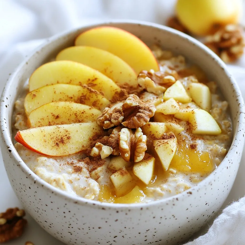 - 1 Tasse Haferflocken (gerollt) - 1 Tasse Mandelmilch (oder jede andere Milch nach Wahl) - 1 mittelgroßer Apfel, gewürfelt (bevorzugt Granny Smith für die Säure) Diese Zutaten sind die Basis für deine Apfelkuchen Overnight Oats. Haferflocken geben dir Ballaststoffe und Energie. Mandelmilch sorgt für einen milchigen Geschmack. Der Apfel bringt Frische und eine süße Note. - 1 Esslöffel Ahornsirup (oder Honig) - 1/2 Teelöffel gemahlener Zimt - 1/4 Teelöffel Muskatnuss Diese Süßungsmittel und Gewürze machen das Frühstück besonders. Ahornsirup oder Honig fügen Süße hinzu. Zimt und Muskatnuss bringen den Geschmack von Apfelkuchen direkt in deine Schüssel. - 1 Esslöffel Chiasamen - 1/4 Tasse griechischer Joghurt (optional für Cremigkeit) - 2 Esslöffel Walnüsse, gehackt (für den Crunch) Chiasamen geben dir gesunde Fette und eine tolle Textur. Der griechische Joghurt macht die Mischung cremiger. Walnüsse fügen einen knackigen Biss hinzu. All diese Zutaten machen dein Frühstück rundum lecker. {{ingredient_image_2}} Nehmen Sie eine mittelgroße Schüssel oder ein Einmachglas. Geben Sie 1 Tasse Haferflocken in die Schüssel. Fügen Sie 1 Tasse Mandelmilch hinzu. Rühren Sie gut um. Die Haferflocken sollten in der Milch schwimmen. Dies gibt der Mischung eine cremige Textur. Jetzt kommen die besten Teile! Schneiden Sie einen mittelgroßen Apfel in kleine Würfel. Fügen Sie die Apfelwürfel zu den Haferflocken hinzu. Geben Sie 1 Esslöffel Ahornsirup oder Honig dazu. Streuen Sie 1/2 Teelöffel Zimt und 1/4 Teelöffel Muskatnuss in die Mischung. Fügen Sie 1 Esslöffel Chiasamen hinzu. Wenn Sie mögen, können Sie auch 1/4 Tasse griechischen Joghurt einrühren. Mischen Sie alles gut. Die Aromen verbinden sich so viel besser. Übertragen Sie die Mischung in einen luftdichten Behälter. Sie können auch kleine Gläser verwenden. Verschließen Sie den Behälter gut. Stellen Sie die Overnight Oats mindestens 4 Stunden oder über Nacht in den Kühlschrank. So saugen die Haferflocken die Milch auf und werden weich. Wenn Sie bereit sind zu essen, rühren Sie die Mischung gut um. Fügen Sie nach Wunsch frische Apfelscheiben und gehackte Walnüsse hinzu. Um die perfekte Konsistenz zu erreichen, achte auf das Verhältnis von Haferflocken zu Flüssigkeit. Du benötigst eine Tasse Haferflocken und eine Tasse Mandelmilch. So saugen die Haferflocken die Flüssigkeit gut auf. Wenn du es cremiger magst, füge griechischen Joghurt hinzu. Er macht die Mischung reichhaltiger und lecker. Du kannst das Rezept leicht anpassen. Probiere verschiedene Früchte wie Bananen oder Beeren. Diese sorgen für frische Aromen. Auch die Süße kannst du ändern. Nutze mehr oder weniger Ahornsirup oder Honig, je nach deinem Geschmack. Experimentiere, um deine perfekte Mischung zu finden. Die Garnitur macht viel aus. Toppe deine Overnight Oats mit frischen Apfelscheiben und gehackten Walnüssen. Ein Hauch Zimt verleiht den Oats das gewisse Etwas. Du kannst auch etwas Kokosraspeln oder Schokoladenstückchen hinzufügen, wenn du es süßer magst. So wird dein Frühstück noch köstlicher und schöner. Pro Tipps Die richtige Apfelsorte wählen: Granny Smith Äpfel sind ideal für diesen Rezept, da sie eine angenehme Säure hinzufügen, die den süßen Geschmack des Ahornsirups ausgleicht. Overnight Oats anpassen: Fühlen Sie sich frei, die Zutaten nach Ihrem Geschmack zu variieren, indem Sie z.B. verschiedene Nüsse oder Trockenfrüchte hinzufügen. Vorbereitung im Voraus: Bereiten Sie mehrere Portionen auf einmal vor, um ein schnelles und gesundes Frühstück für die ganze Woche zu haben. Servieren mit Toppings: Garnieren Sie Ihre Overnight Oats mit weiteren frischen Früchten, Nüssen oder einem Spritzer Honig für zusätzlichen Geschmack und Textur. {{image_4}} Für eine vegane Variante der Apfelkuchen Overnight Oats, wählen Sie pflanzliche Milch. Mandelmilch ist eine gute Wahl, aber auch Hafer- oder Sojamilch sind toll. Anstelle von griechischem Joghurt können Sie Kokosjoghurt oder eine andere pflanzliche Option nutzen. Diese Alternativen geben Ihnen die gleiche cremige Textur, ohne tierische Produkte. Wenn Sie mehr Protein in Ihr Frühstück bringen möchten, fügen Sie einfach etwas Proteinpulver hinzu. Wählen Sie Ihr Lieblingsprotein, wie z.B. Erbsen- oder Molkenprotein. Ein bis zwei Esslöffel reichen aus. So erhalten Sie eine nahrhafte Mahlzeit, die gut sättigt und Energie für den Tag gibt. Für eine glutenfreie Option verwenden Sie glutenfreie Haferflocken. Achten Sie darauf, dass die Haferflocken als glutenfrei gekennzeichnet sind. Diese Anpassung sorgt dafür, dass auch Menschen mit Glutenunverträglichkeit das Rezept genießen können. Es bleibt lecker und nahrhaft, ohne das Risiko von Unverträglichkeiten. Um die Apfelkuchen Overnight Oats frisch zu halten, lagere sie im Kühlschrank. Verwende einen luftdichten Behälter. So bleiben die Aromen intensiv und die Konsistenz gut. Stelle die Oats in die kälteste Zone des Kühlschranks. Vermeide es, sie in die Tür zu stellen, da es dort wärmer ist. Die Overnight Oats bleiben bis zu fünf Tage frisch. Achte darauf, sie gut abgedeckt zu halten. Nach ein paar Tagen kann die Textur leicht weich werden. Schau nach, ob sie noch gut riechen und aussehen. Bei ersten Anzeichen von Verderb, wirf sie weg. Du kannst die Overnight Oats auch einfrieren. Teile sie in Portionen auf und lege sie in gefriergeeignete Behälter. So bleiben sie bis zu drei Monate haltbar. Lass sie im Kühlschrank über Nacht auftauen, bevor du sie isst. Mische sie gut durch und genieße die köstlichen Aromen! Die Overnight Oats sollten mindestens 4 Stunden im Kühlschrank sein. Ich empfehle, sie über Nacht zu kühlen. So nehmen die Haferflocken die Aromen auf. Je länger sie kühlen, desto besser wird der Geschmack. Wenn Sie sie am Vorabend zubereiten, sind sie am Morgen perfekt. Ja, Sie können die Overnight Oats aufwärmen. Wenn Sie sie warm mögen, geben Sie sie für 30 Sekunden in die Mikrowelle. Rühren Sie gut um, damit die Hitze gleichmäßig verteilt wird. Warm sind sie ein gemütliches Frühstück, besonders an kalten Tagen. Es gibt viele leckere Optionen für zusätzliche Zutaten. Hier sind einige Ideen: - Bananen für zusätzliche Süße - Mandeln oder Pecannüsse für mehr Crunch - Joghurt für mehr Cremigkeit - Trockenfrüchte wie Rosinen oder Cranberries - Ein Schuss Vanilleextrakt für mehr Aroma Seien Sie kreativ und passen Sie das Rezept nach Ihrem Geschmack an! Zusammenfassend haben wir die wichtigsten Zutaten für Overnight Oats besprochen, wie Haferflocken und Apfel. Ich habe eine einfache Schritt-für-Schritt-Anleitung gegeben, um dir beim Zubereiten zu helfen. Die Tipps zeigen dir, wie du die Konsistenz anpassen und variieren kannst. Du hast auch gelernt, wie du sie richtig lagerst und was du als Topping verwenden kannst. Nutze diese Tipps, um leckere Overnight Oats zu genießen. Mach dein Frühstück schnell und gesund!