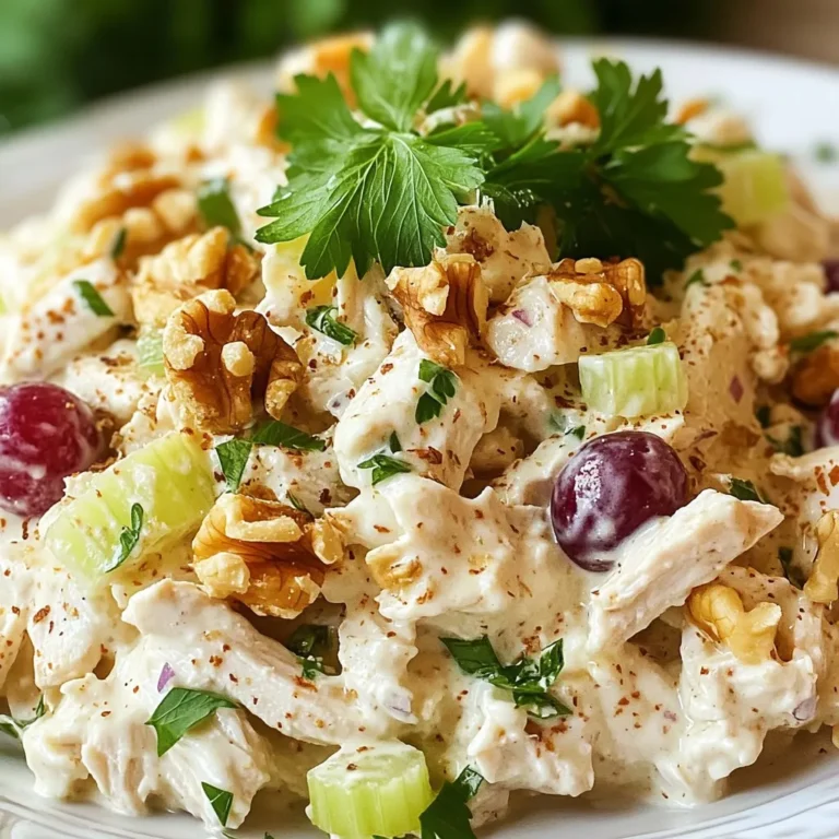 - 2 Tassen gekochte Hähnchenbrust, zerrupft - 1 Tasse Naturgriechischer Joghurt - 1/4 Tasse Mayonnaise Die Basis dieses Salats sind die Hauptzutaten. Gekochte Hähnchenbrust gibt dem Salat seine tolle Textur. Der Naturgriechische Joghurt sorgt für eine cremige Basis. Mayonnaise fügt extra Geschmack hinzu und macht die Mischung reichhaltig. - 1/2 Tasse Sellerie, fein gewürfelt - 1/4 Tasse rote Trauben, halbiert - 1/4 Tasse Walnüsse, grob gehackt Zusätzliche Zutaten bringen frische und Crunch. Sellerie gibt einen knackigen Biss. Rote Trauben fügen süße und saftige Noten hinzu. Walnüsse bringen einen nussigen Geschmack und eine tolle Textur. - 1 Esslöffel frischer Zitronensaft - 1 Teelöffel getrockneter Dill - Frische Petersilie, zum Garnieren Die Gewürze und Garnierungen bringen den Salat zum Leben. Zitronensaft sorgt für einen frischen Kick. Getrockneter Dill fügt eine aromatische Note hinzu. Frische Petersilie als Garnierung sieht nicht nur gut aus, sondern verstärkt auch den Geschmack. {{ingredient_image_2}} Zuerst zerrupfen Sie die gekochte Hähnchenbrust. Sie können die Hähnchenbrust einfach mit zwei Gabeln auseinanderziehen. Das macht es leicht und schnell. Als nächstes bereiten Sie den Sellerie und die Trauben vor. Schneiden Sie den Sellerie in kleine Würfel. Halbieren Sie die roten Trauben. Diese frischen Zutaten geben dem Salat einen tollen Geschmack und einen schönen Crunch. Jetzt machen wir das Dressing. In einer großen Schüssel vermengen Sie den Naturgriechischen Joghurt und die Mayonnaise. Rühren Sie gut, bis die Mischung glatt ist. Fügen Sie dann den frischen Zitronensaft, den getrockneten Dill, Salz und Pfeffer hinzu. Rühren Sie alles gut um. Dies verleiht dem Dressing einen frischen und aromatischen Geschmack. Nun kombinieren Sie alle Zutaten in der großen Schüssel. Geben Sie das zerrupfte Hähnchen, den gewürfelten Sellerie, die halbierten Trauben und die grob gehackten Walnüsse hinzu. Mischen Sie alles vorsichtig, damit das Dressing gleichmäßig verteilt ist. Schmecken Sie den Salat ab. Passen Sie die Würzung nach Ihrem Geschmack an. Wenn alles gut ist, decken Sie die Schüssel ab. Lassen Sie den Salat mindestens 30 Minuten im Kühlschrank ruhen. So verbinden sich die Aromen besser. Um eine glatte Joghurt-Mischung zu erreichen, mische den griechischen Joghurt gut mit der Mayonnaise. Rühre, bis keine Klumpen mehr sichtbar sind. Das sorgt für eine cremige Basis. Wenn du die Dicke des Dressings anpassen möchtest, füge mehr Joghurt hinzu. Für ein leichteres Dressing kannst du auch etwas weniger Mayonnaise verwenden. Frische Kräuter machen den Salat lebendig. Verwende Petersilie oder Schnittlauch für mehr Aroma. Du kannst auch frische Minze probieren, um einen neuen Geschmack zu kreieren. Weitere Gewürzempfehlungen sind Paprikapulver oder ein Hauch von Knoblauchpulver. Diese bringen zusätzliche Tiefe in den Geschmack. Serviere den Salat auf einem Bett aus gemischtem Grün. Dies macht das Gericht bunt und einladend. Eine Tortilla ist auch eine gute Idee für eine Mahlzeit. Für zusätzlichen visuellen Reiz streue einige Walnüsse oder frischen Dill darüber. Diese kleinen Details machen viel aus. Pro Tipps Zutaten vorbereiten: Stellen Sie sicher, dass alle Zutaten vor der Zubereitung gut vorbereitet sind, um Zeit zu sparen und einen reibungslosen Ablauf zu gewährleisten. Kühlen für den Geschmack: Lassen Sie den Salat mindestens 30 Minuten im Kühlschrank ruhen, damit sich die Aromen richtig entfalten können. Variationen hinzufügen: Experimentieren Sie mit anderen Zutaten wie Äpfeln oder Mandeln, um dem Salat eine persönliche Note zu verleihen. Servieroptionen: Servieren Sie den Salat in einer Tortilla oder auf einem Bett aus frischem Gemüse für eine ansprechende Präsentation. {{image_4}} Du kannst Hühnchen durch Thunfisch oder Pute ersetzen. Diese Optionen bieten einen hohen Proteingehalt. Thunfisch gibt dir einen salzigen Geschmack. Pute hat einen milden, zarten Geschmack. Wenn du vegan bist, probiere Kichererbsen oder Tofu. Diese Optionen sind reich an Protein und leicht zuzubereiten. Füge zusätzliche Gemüsesorten hinzu, um mehr Textur zu bekommen. Paprika bringt eine süße Note. Gurken machen das Gericht frisch und knackig. Für fruchtige Varianten sind Äpfel oder Ananas ideal. Diese Früchte geben dem Salat eine süße, saftige Überraschung. Experimentiere mit verschiedenen Joghurt-Dressings. Du kannst Kräuter oder Knoblauch hinzufügen. Diese Variationen bringen neue Geschmäcker. Eine kürzere Marinierzeit verstärkt die Aromen. Probier es aus, um den perfekten Geschmack zu finden. Der griechische Joghurt-Hühnchensalat bleibt bis zu drei Tage frisch. Um die Qualität zu erhalten, decke den Salat gut ab. Verwende Frischhaltefolie oder einen luftdichten Behälter. So verhinderst du, dass der Salat austrocknet oder Gerüche aufnimmt. Es ist am besten, diesen Salat nicht einzufrieren. Die frischen Zutaten wie Trauben und Sellerie werden matschig. Wenn du jedoch das Hähnchen und das Dressing einzeln einfrierst, ist das möglich. Achte darauf, die Mischung gut zu verpacken. Zum Auftauen lege die gefrorenen Zutaten in den Kühlschrank. Lass sie dort über Nacht auftauen, bevor du alles zusammenfügst. Wenn du Reste hast, sei kreativ! Du kannst den Salat in Wraps oder Sandwiches verwenden. Fülle eine Tortilla mit dem Salat und füge frisches Gemüse hinzu. Oder serviere den Salat auf einem Bett aus gemischtem Grün für einen neuen Look. Der griechische Joghurt-Hühnchensalat bleibt im Kühlschrank bis zu drei Tage frisch. Achte darauf, ihn in einem luftdichten Behälter zu lagern. Das schützt ihn vor anderen Gerüchen. Nach drei Tagen kann der Salat an Geschmack verlieren. Überprüfe vor dem Essen immer den Geruch und das Aussehen. Ja, griechischer Joghurt hat mehr Protein und weniger Fett als Mayonnaise. Er enthält auch weniger Kalorien. Das macht ihn zu einer gesünderen Wahl. Griechischer Joghurt bietet Probiotika, die gut für die Verdauung sind. Mayonnaise hat jedoch einen reicheren Geschmack. Du kannst beide Zutaten je nach Wunsch mischen. Ja, du kannst den Salat ganz ohne Mayonnaise machen. Er wird trotzdem lecker. Verwende einfach mehr griechischen Joghurt. Du kannst auch Avocado als cremige Alternative nutzen. Das gibt dem Salat eine neue Note. Füge frische Kräuter hinzu, um den Geschmack zu verbessern. Dieser Blogbeitrag erklärt, wie Sie einen köstlichen griechischen Joghurt-Hühnchensalat zubereiten können. Wir haben die Hauptzutaten wie Hähnchen, Joghurt und Mayonnaise behandelt. Zusätzliche Zutaten wie Sellerie und Walnüsse bringen mehr Geschmack. Tipps helfen, eine tolle Konsistenz und Geschmack zu erreichen. Variationen bieten neue Ideen für Protein und Gemüse. Überlegen Sie, wie Sie Ihren Salat anpassen können. Mit frischen Kräutern und verschiedenen Dressings wird er nie langweilig. Genießen Sie die vielen Möglichkeiten und nutzen Sie Ihre Reste kreativ!