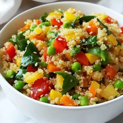Um Veggie Fried Quinoa zuzubereiten, benötigen Sie folgende Hauptzutaten: - 1 Tasse Quinoa, gründlich gespült - 2 Tassen Gemüsebrühe - 1 Esslöffel Sesamöl - 1 kleine Zwiebel, gewürfelt - 2 Knoblauchzehen, fein gehackt - 1 Karotte, gewürfelt - 1 rote Paprika, gewürfelt - 1 Tasse Zuckerschoten, zugeschnitten und halbiert - 1 Tasse Spinat, grob gehackt Diese Zutaten bilden die Basis für ein nahrhaftes Gericht. Die Quinoa liefert viele Nährstoffe und Ballaststoffe. Das Gemüse bringt Farbe und Geschmack. Für zusätzlichen Geschmack verwenden wir folgende Gewürze und Öle: - 2 Esslöffel Sojasauce (oder Tamari für glutenfrei) - 1 Esslöffel Reisessig - 1 Teelöffel Ingwer, gerieben - Salz und Pfeffer nach Geschmack Das Sesamöl gibt einen tollen Geschmack. Sojasauce und Reisessig fügen Umami hinzu. Ingwer gibt eine frische Note. Sie können auch frisches Gemüse nach Wahl hinzufügen. Hier sind einige Vorschläge: - Brokkoli - Zucchini - Erbsen - Pilze - Aubergine Diese Gemüsesorten sind lecker und gesund. Sie machen das Gericht noch bunter und abwechslungsreicher. Experimentieren Sie mit verschiedenen Kombinationen für neue Geschmäcker! {{ingredient_image_2}} Um die Quinoa perfekt zu kochen, beginne mit einer Tasse Quinoa. Spüle sie gut unter kaltem Wasser ab. Das hilft, Bitterstoffe zu entfernen. In einem mittelgroßen Topf kombiniere die gewaschene Quinoa mit zwei Tassen Gemüsebrühe. Bringe die Mischung zum Kochen. Reduziere dann die Hitze und decke den Topf ab. Lass die Quinoa etwa 15 Minuten köcheln, bis sie fluffig ist. Die Flüssigkeit sollte vollständig aufgesogen sein. Nimm den Topf vom Herd und lass die Quinoa für fünf Minuten abgedeckt stehen. Lockere sie dann mit einer Gabel auf und stelle sie beiseite. Erhitze in einer großen Pfanne oder einem Wok einen Esslöffel Sesamöl bei mittlerer bis hoher Hitze. Füge eine gewürfelte kleine Zwiebel hinzu. Brate sie für 2-3 Minuten, bis sie durchsichtig ist. Gib dann zwei fein gehackte Knoblauchzehen und einen Teelöffel geriebenen Ingwer dazu. Brate alles für eine weitere Minute, bis die Aromen freigesetzt werden. Jetzt kommen die gewürfelte Karotte und die rote Paprika in die Pfanne. Lass das Gemüse 3-4 Minuten garen, bis es leicht weich wird. Füge die Zuckerschoten und den grob gehackten Spinat hinzu. Rühre gut um und koche weitere 2-3 Minuten, bis der Spinat verwelkt ist. Jetzt ist es Zeit, die vorbereitete Quinoa in die Pfanne zu geben. Gieße zwei Esslöffel Sojasauce und einen Esslöffel Reisessig darüber. Mische alles vorsichtig, damit die Quinoa gut mit dem Gemüse vermengt wird. Erhitze die Mischung für 2-3 Minuten, bis alles durchwärmt ist. Schmecke mit Salz und Pfeffer ab. Nimm die Pfanne vom Herd und garniere das Gericht mit gehackten Frühlingszwiebeln und Sesamsamen. Serviere die Quinoa Pfanne in bunten Schalen für einen lebhaften Look. Um die Quinoa perfekt zu machen, spüle sie gut. Das hilft, Bitterstoffe zu entfernen. Verwende dann Gemüsebrühe statt Wasser. Das gibt mehr Geschmack. Koche die Quinoa für 15 Minuten. Lasse sie danach 5 Minuten abgedeckt stehen. So wird sie fluffig und lecker. Um die Aromen anzupassen, taste dich langsam heran. Füge mehr Sojasauce hinzu, wenn du es salziger magst. Ein Spritzer Reisessig gibt Frische. Probiere, ob mehr Ingwer oder Knoblauch gut wäre. Du kannst auch frische Kräuter nutzen. Koriander oder Petersilie bringen einen neuen Geschmack. Bewahre Reste in einem luftdichten Behälter auf. So bleiben sie frisch im Kühlschrank. Du kannst die Quinoa bis zu drei Tage aufbewahren. Zum Aufwärmen nutze eine Pfanne oder Mikrowelle. Füge etwas Wasser oder Brühe hinzu, damit sie nicht trocken wird. So bleibt die Quinoa saftig und schmackhaft. Pro Tipps Quinoa richtig spülen: Bevor Sie die Quinoa kochen, sollten Sie sie gründlich unter fließendem Wasser abspülen, um Bitterstoffe zu entfernen und den Geschmack zu verbessern. Gemüsevariationen: Fühlen Sie sich frei, das Gemüse nach Saison und Vorlieben zu variieren. Brokkoli, Zucchini oder Kürbis sind ebenfalls großartige Ergänzungen. Für mehr Geschmack: Fügen Sie der Gemüsebrühe beim Kochen der Quinoa zusätzliches Aroma hinzu, indem Sie ein Stück Kombu oder einige Kräuter wie Thymian oder Rosmarin hinzufügen. Vorrat anlegen: Diese Quinoa-Pfanne eignet sich hervorragend zum Vorbereiten. Sie können die Reste im Kühlschrank aufbewahren und am nächsten Tag kalt als Salat genießen. {{image_4}} Um Veggie Fried Quinoa glutenfrei zu machen, ersetze die Sojasauce durch Tamari. Tamari hat den gleichen Geschmack, ist aber glutenfrei. So kannst du das Gericht genießen, ohne dir Sorgen zu machen. Achte auch darauf, dass die Gemüsebrühe glutenfrei ist. Viele Marken bieten glutenfreie Brühen an. Wenn du mehr Protein möchtest, füge Tofu oder Edamame hinzu. Tofu ist einfach zuzubereiten. Schneide ihn in Würfel und brate ihn goldbraun an, bevor du das Gemüse hinzufügst. Edamame sind ebenfalls eine tolle Wahl. Sie bringen nicht nur Protein, sondern auch Farbe ins Gericht. Du kannst auch gekochte Kichererbsen hinzufügen. Sie sind lecker und geben dir einen zusätzlichen Nährstoffkick. Nutze frisches, saisonales Gemüse für noch mehr Geschmack. Im Frühling sind Spargel und Erbsen großartig. Im Sommer kannst du Zucchini und Auberginen probieren. Im Herbst sind Kürbis und Süßkartoffeln eine gute Wahl. Im Winter passen Grünkohl und Rüben perfekt. Diese Gemüse bringen frische Aromen und Nährstoffe in dein Gericht. Egal, welche Jahreszeit es ist, du kannst immer neue Kombinationen ausprobieren. Um die Quinoa Pfanne frisch zu halten, lagere sie in einem luftdichten Behälter. Achte darauf, dass der Behälter gut verschlossen ist, um Feuchtigkeit zu vermeiden. Stelle ihn in den Kühlschrank. So bleibt die Quinoa länger gut. Im Kühlschrank hält sich die Quinoa Pfanne etwa 3 bis 5 Tage. Überprüfe immer, ob sie gut aussieht und riecht, bevor du sie isst. Wenn du sie aufwärmst, stelle sicher, dass sie gleichmäßig erhitzt wird. So bleibt der Geschmack frisch. Wenn du mehr Quinoa Pfanne gemacht hast, kannst du sie einfrieren. Teile die Portionen in kleine Behälter auf. Achte darauf, dass sie gut verschlossen sind, um Gefrierbrand zu vermeiden. Zum Auftauen, nimm sie einfach einen Tag vorher aus dem Gefrierfach und lasse sie im Kühlschrank. Du kannst sie auch direkt in der Mikrowelle aufwärmen. Die Zubereitung von Veggie Fried Quinoa dauert insgesamt etwa 35 Minuten. Die Vorbereitungszeit beträgt nur 10 Minuten. Das Kochen der Quinoa allein benötigt etwa 15 Minuten. Anschließend brate ich das Gemüse und mische alles in der Pfanne, was weitere 10 bis 15 Minuten dauert. Ja, du kannst die Quinoa im Voraus kochen. Koche sie einfach nach dem Rezept und lasse sie abkühlen. Bewahre die gekochte Quinoa in einem luftdichten Behälter im Kühlschrank auf. So bleibt sie 3 bis 5 Tage frisch. Wenn du bereit bist, dein Gericht zu machen, kannst du die Quinoa einfach wieder aufwärmen. Du kannst viele verschiedene Gemüsesorten verwenden. Hier sind einige Vorschläge: - Brokkoli - Blumenkohl - Kürbis - Zucchini - Aubergine - Erbsen Diese Gemüse sind lecker und passen gut zur Quinoa. Experimentiere mit dem, was du magst oder was du gerade hast. In diesem Artikel hast du gelernt, wie man Veggie Fried Quinoa zubereitet. Wir haben die wichtigen Zutaten, die Schritt-für-Schritt-Anleitung und nützliche Tipps besprochen. Ich hoffe, die Variationen geben dir neue Ideen. Achte auf die Aufbewahrung. Sie hilft dir, Reste gut zu nutzen. Die einfache Zubereitung macht Quinoa zu einem tollen Gericht in der Küche. Probiere verschiedene Gemüsesorten aus und passe die Aromen nach deinem Geschmack an. Mit Genuss wirst du viel Freude an diesem Gericht haben.