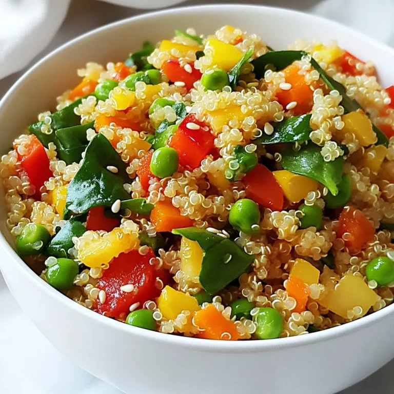 Um Veggie Fried Quinoa zuzubereiten, benötigen Sie folgende Hauptzutaten: - 1 Tasse Quinoa, gründlich gespült - 2 Tassen Gemüsebrühe - 1 Esslöffel Sesamöl - 1 kleine Zwiebel, gewürfelt - 2 Knoblauchzehen, fein gehackt - 1 Karotte, gewürfelt - 1 rote Paprika, gewürfelt - 1 Tasse Zuckerschoten, zugeschnitten und halbiert - 1 Tasse Spinat, grob gehackt Diese Zutaten bilden die Basis für ein nahrhaftes Gericht. Die Quinoa liefert viele Nährstoffe und Ballaststoffe. Das Gemüse bringt Farbe und Geschmack. Für zusätzlichen Geschmack verwenden wir folgende Gewürze und Öle: - 2 Esslöffel Sojasauce (oder Tamari für glutenfrei) - 1 Esslöffel Reisessig - 1 Teelöffel Ingwer, gerieben - Salz und Pfeffer nach Geschmack Das Sesamöl gibt einen tollen Geschmack. Sojasauce und Reisessig fügen Umami hinzu. Ingwer gibt eine frische Note. Sie können auch frisches Gemüse nach Wahl hinzufügen. Hier sind einige Vorschläge: - Brokkoli - Zucchini - Erbsen - Pilze - Aubergine Diese Gemüsesorten sind lecker und gesund. Sie machen das Gericht noch bunter und abwechslungsreicher. Experimentieren Sie mit verschiedenen Kombinationen für neue Geschmäcker! {{ingredient_image_2}} Um die Quinoa perfekt zu kochen, beginne mit einer Tasse Quinoa. Spüle sie gut unter kaltem Wasser ab. Das hilft, Bitterstoffe zu entfernen. In einem mittelgroßen Topf kombiniere die gewaschene Quinoa mit zwei Tassen Gemüsebrühe. Bringe die Mischung zum Kochen. Reduziere dann die Hitze und decke den Topf ab. Lass die Quinoa etwa 15 Minuten köcheln, bis sie fluffig ist. Die Flüssigkeit sollte vollständig aufgesogen sein. Nimm den Topf vom Herd und lass die Quinoa für fünf Minuten abgedeckt stehen. Lockere sie dann mit einer Gabel auf und stelle sie beiseite. Erhitze in einer großen Pfanne oder einem Wok einen Esslöffel Sesamöl bei mittlerer bis hoher Hitze. Füge eine gewürfelte kleine Zwiebel hinzu. Brate sie für 2-3 Minuten, bis sie durchsichtig ist. Gib dann zwei fein gehackte Knoblauchzehen und einen Teelöffel geriebenen Ingwer dazu. Brate alles für eine weitere Minute, bis die Aromen freigesetzt werden. Jetzt kommen die gewürfelte Karotte und die rote Paprika in die Pfanne. Lass das Gemüse 3-4 Minuten garen, bis es leicht weich wird. Füge die Zuckerschoten und den grob gehackten Spinat hinzu. Rühre gut um und koche weitere 2-3 Minuten, bis der Spinat verwelkt ist. Jetzt ist es Zeit, die vorbereitete Quinoa in die Pfanne zu geben. Gieße zwei Esslöffel Sojasauce und einen Esslöffel Reisessig darüber. Mische alles vorsichtig, damit die Quinoa gut mit dem Gemüse vermengt wird. Erhitze die Mischung für 2-3 Minuten, bis alles durchwärmt ist. Schmecke mit Salz und Pfeffer ab. Nimm die Pfanne vom Herd und garniere das Gericht mit gehackten Frühlingszwiebeln und Sesamsamen. Serviere die Quinoa Pfanne in bunten Schalen für einen lebhaften Look. Um die Quinoa perfekt zu machen, spüle sie gut. Das hilft, Bitterstoffe zu entfernen. Verwende dann Gemüsebrühe statt Wasser. Das gibt mehr Geschmack. Koche die Quinoa für 15 Minuten. Lasse sie danach 5 Minuten abgedeckt stehen. So wird sie fluffig und lecker. Um die Aromen anzupassen, taste dich langsam heran. Füge mehr Sojasauce hinzu, wenn du es salziger magst. Ein Spritzer Reisessig gibt Frische. Probiere, ob mehr Ingwer oder Knoblauch gut wäre. Du kannst auch frische Kräuter nutzen. Koriander oder Petersilie bringen einen neuen Geschmack. Bewahre Reste in einem luftdichten Behälter auf. So bleiben sie frisch im Kühlschrank. Du kannst die Quinoa bis zu drei Tage aufbewahren. Zum Aufwärmen nutze eine Pfanne oder Mikrowelle. Füge etwas Wasser oder Brühe hinzu, damit sie nicht trocken wird. So bleibt die Quinoa saftig und schmackhaft. Pro Tipps Quinoa richtig spülen: Bevor Sie die Quinoa kochen, sollten Sie sie gründlich unter fließendem Wasser abspülen, um Bitterstoffe zu entfernen und den Geschmack zu verbessern. Gemüsevariationen: Fühlen Sie sich frei, das Gemüse nach Saison und Vorlieben zu variieren. Brokkoli, Zucchini oder Kürbis sind ebenfalls großartige Ergänzungen. Für mehr Geschmack: Fügen Sie der Gemüsebrühe beim Kochen der Quinoa zusätzliches Aroma hinzu, indem Sie ein Stück Kombu oder einige Kräuter wie Thymian oder Rosmarin hinzufügen. Vorrat anlegen: Diese Quinoa-Pfanne eignet sich hervorragend zum Vorbereiten. Sie können die Reste im Kühlschrank aufbewahren und am nächsten Tag kalt als Salat genießen. {{image_4}} Um Veggie Fried Quinoa glutenfrei zu machen, ersetze die Sojasauce durch Tamari. Tamari hat den gleichen Geschmack, ist aber glutenfrei. So kannst du das Gericht genießen, ohne dir Sorgen zu machen. Achte auch darauf, dass die Gemüsebrühe glutenfrei ist. Viele Marken bieten glutenfreie Brühen an. Wenn du mehr Protein möchtest, füge Tofu oder Edamame hinzu. Tofu ist einfach zuzubereiten. Schneide ihn in Würfel und brate ihn goldbraun an, bevor du das Gemüse hinzufügst. Edamame sind ebenfalls eine tolle Wahl. Sie bringen nicht nur Protein, sondern auch Farbe ins Gericht. Du kannst auch gekochte Kichererbsen hinzufügen. Sie sind lecker und geben dir einen zusätzlichen Nährstoffkick. Nutze frisches, saisonales Gemüse für noch mehr Geschmack. Im Frühling sind Spargel und Erbsen großartig. Im Sommer kannst du Zucchini und Auberginen probieren. Im Herbst sind Kürbis und Süßkartoffeln eine gute Wahl. Im Winter passen Grünkohl und Rüben perfekt. Diese Gemüse bringen frische Aromen und Nährstoffe in dein Gericht. Egal, welche Jahreszeit es ist, du kannst immer neue Kombinationen ausprobieren. Um die Quinoa Pfanne frisch zu halten, lagere sie in einem luftdichten Behälter. Achte darauf, dass der Behälter gut verschlossen ist, um Feuchtigkeit zu vermeiden. Stelle ihn in den Kühlschrank. So bleibt die Quinoa länger gut. Im Kühlschrank hält sich die Quinoa Pfanne etwa 3 bis 5 Tage. Überprüfe immer, ob sie gut aussieht und riecht, bevor du sie isst. Wenn du sie aufwärmst, stelle sicher, dass sie gleichmäßig erhitzt wird. So bleibt der Geschmack frisch. Wenn du mehr Quinoa Pfanne gemacht hast, kannst du sie einfrieren. Teile die Portionen in kleine Behälter auf. Achte darauf, dass sie gut verschlossen sind, um Gefrierbrand zu vermeiden. Zum Auftauen, nimm sie einfach einen Tag vorher aus dem Gefrierfach und lasse sie im Kühlschrank. Du kannst sie auch direkt in der Mikrowelle aufwärmen. Die Zubereitung von Veggie Fried Quinoa dauert insgesamt etwa 35 Minuten. Die Vorbereitungszeit beträgt nur 10 Minuten. Das Kochen der Quinoa allein benötigt etwa 15 Minuten. Anschließend brate ich das Gemüse und mische alles in der Pfanne, was weitere 10 bis 15 Minuten dauert. Ja, du kannst die Quinoa im Voraus kochen. Koche sie einfach nach dem Rezept und lasse sie abkühlen. Bewahre die gekochte Quinoa in einem luftdichten Behälter im Kühlschrank auf. So bleibt sie 3 bis 5 Tage frisch. Wenn du bereit bist, dein Gericht zu machen, kannst du die Quinoa einfach wieder aufwärmen. Du kannst viele verschiedene Gemüsesorten verwenden. Hier sind einige Vorschläge: - Brokkoli - Blumenkohl - Kürbis - Zucchini - Aubergine - Erbsen Diese Gemüse sind lecker und passen gut zur Quinoa. Experimentiere mit dem, was du magst oder was du gerade hast. In diesem Artikel hast du gelernt, wie man Veggie Fried Quinoa zubereitet. Wir haben die wichtigen Zutaten, die Schritt-für-Schritt-Anleitung und nützliche Tipps besprochen. Ich hoffe, die Variationen geben dir neue Ideen. Achte auf die Aufbewahrung. Sie hilft dir, Reste gut zu nutzen. Die einfache Zubereitung macht Quinoa zu einem tollen Gericht in der Küche. Probiere verschiedene Gemüsesorten aus und passe die Aromen nach deinem Geschmack an. Mit Genuss wirst du viel Freude an diesem Gericht haben.