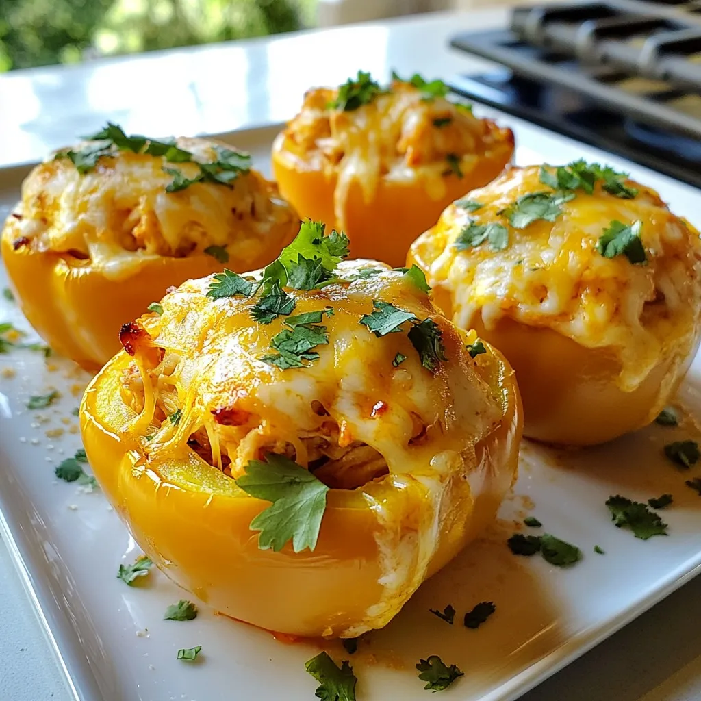 Die Hauptzutaten für Buffalo Chicken Stuffed Peppers sind einfach und lecker. Du benötigst: - 4 große Paprika (jede Farbe) - 2 Tassen gekochtes, zerrissenes Hähnchenfleisch - 1/2 Tasse Buffalo-Sauce - 1 Tasse Frischkäse, weich - 1 Tasse geriebener Cheddar-Käse - 1/2 Tasse gehackte Frühlingszwiebeln Diese Zutaten machen das Gericht herzhaft und sättigend. Das zerrissene Hähnchen bringt den tollen Geschmack. Die Gewürze und Saucen sind der Schlüssel zum Geschmack. Du brauchst: - 1 Teelöffel Knoblauchpulver - Salz und Pfeffer nach Geschmack Die Buffalo-Sauce sorgt für die richtige Schärfe. Knoblauchpulver gibt einen tollen Kick. Pass die Menge von Salz und Pfeffer nach deinem Geschmack an. Die Garnierung macht dein Gericht ansprechend. Verwende frischen Koriander zur Garnitur. Er sieht nicht nur schön aus, sondern schmeckt auch frisch. Für die Präsentation platziere die gefüllten Paprika auf einem großen Teller. Arrange die Korianderzweige um die Paprika. So hebst du das Gericht hervor und machst es einladend. {{ingredient_image_2}} Zuerst heize deinen Ofen auf 190°C vor. Nimm vier große Paprika, egal welche Farbe. Schneide die Oberseiten ab und entferne die Samen und Membran. Das hilft, die Paprika weich und lecker zu machen. Stelle sie aufrecht in eine Auflaufform. So bleiben sie stabil und können die Füllung gut halten. In einer Rührschüssel kombiniere zwei Tassen gekochtes, zerrissenes Hähnchenfleisch mit einer halben Tasse Buffalo-Sauce. Füge eine Tasse weichen Frischkäse hinzu. Das macht die Füllung cremig und geschmackvoll. Jetzt kommt eine Tasse geriebener Cheddar-Käse dazu. Gib auch eine halbe Tasse gehackte Frühlingszwiebeln und einen Teelöffel Knoblauchpulver hinein. Schmecke die Mischung mit Salz und Pfeffer ab. Mische alles gut, bis die Zutaten gleichmäßig verteilt sind. Jetzt ist es Zeit, die Paprika zu füllen! Nimm einen Löffel und fülle jede Paprika großzügig mit der Mischung. Fülle sie bis zur Oberkante. Bestreue die gefüllten Paprika mit dem restlichen Cheddar-Käse. Decke die Auflaufform mit Alufolie ab und backe die Paprika für 25 Minuten. Danach entferne die Folie und backe sie für weitere 10 bis 15 Minuten. Du willst, dass der Käse sprudelnd und goldbraun ist. Nach dem Backen lasse die Paprika einige Minuten abkühlen. Garniere sie dann mit frischem Koriander für einen schönen Look. Um die besten Buffalo Chicken Stuffed Peppers zu machen, achte auf die Auswahl der Paprika. Große, frische Paprika sind ideal. Sie geben genug Platz für die Füllung. Du kannst jede Farbe wählen, um das Gericht bunt zu machen. Stelle sicher, dass das Hähnchen gut zerrissen ist. So vermischt es sich besser mit der Sauce und dem Käse. Mische die Füllung gründlich. Das sorgt für einen gleichmäßigen Geschmack. Wenn du die Paprika füllst, drücke die Mischung leicht an. So bleibt alles beim Backen an Ort und Stelle. Ein häufiger Fehler ist, die Paprika nicht richtig vorzubereiten. Achte darauf, die Samen und die Membran gut zu entfernen. Sie können bitter schmecken. Auch die Ofentemperatur ist wichtig. Zu niedrige Hitze kann dazu führen, dass die Paprika nicht gar werden. Überfülle die Paprika nicht. Wenn du zu viel Füllung hinzufügst, läuft sie beim Backen über. Das macht eine Sauerei im Ofen. Achte darauf, die Folie rechtzeitig zu entfernen. Das sorgt für eine schönere Käsekruste. Für eine goldbraune Käsekruste verwende hochwertigen Cheddar-Käse. Reibe ihn frisch, damit er besser schmilzt. Streue den Käse gleichmäßig über die gefüllten Paprika. So wird jede Paprika herrlich kross. Backe die Paprika ohne Folie für die letzten 10 bis 15 Minuten. So kann der Käse sprudeln und bräunen. Wenn du es extra knusprig magst, kannst du die Paprika am Ende kurz unter den Grill stellen. Das gibt einen tollen Crunch. Pro Tipps Wähle die richtigen Paprika: Verwende eine Mischung aus roten, grünen, gelben und orangen Paprika für ein ansprechendes Aussehen und zusätzlichen Geschmack. Frischkäse ersetzen: Du kannst Frischkäse durch griechischen Joghurt oder Ricotta ersetzen, um eine leichtere Variante zu erhalten. Buffalo-Sauce anpassen: Experimentiere mit verschiedenen Schärfegraden der Buffalo-Sauce, um das Gericht nach deinem Geschmack anzupassen. Beilage hinzufügen: Serviere die gefüllten Paprika mit einem frischen Salat oder Nachos für ein rundum gelungenes Abendessen. {{image_4}} Für eine vegetarische Variante kannst du das Hähnchen durch Quinoa oder Bohnen ersetzen. Quinoa hat einen tollen Biss und ist voll von Nährstoffen. Bohnen bringen Geschmack und eine weiche Textur. Mische sie mit Buffalo-Sauce und Frischkäse. So erhältst du eine leckere Füllung ohne Fleisch. Du kannst auch Gemüse wie Zucchini oder Spinat hinzufügen, um mehr Farbe und Geschmack zu bieten. Die Füllung ist nicht fest. Du kannst kreativ sein! Probiere Rinderhackfleisch oder sogar Putenfleisch. Für eine asiatische Note kannst du Teriyaki-Sauce und Gemüse verwenden. Eine Tex-Mex-Variante mit schwarzen Bohnen und Salsa ist ebenfalls lecker. Lass deiner Fantasie freien Lauf und finde die Füllung, die dir am besten schmeckt. Für schärfere Geschmäcker füge mehr Buffalo-Sauce oder frische Jalapeños hinzu. Wenn du es mild magst, kannst du die Buffalo-Sauce durch eine milde BBQ-Sauce ersetzen. Du kannst auch die Menge an Knoblauchpulver anpassen, um die Schärfe zu steuern. Probiere verschiedene Kombinationen aus, bis du die perfekte Balance gefunden hast. Um die gefüllten Paprika frisch zu halten, lege sie in einen luftdichten Behälter. So bleiben die Aromen erhalten. Im Kühlschrank halten sie sich bis zu drei Tage. Achte darauf, die Paprika nicht zu lange im Kühlschrank zu lassen. So schmecken sie am besten. Wenn du die Paprika länger aufbewahren möchtest, friere sie ein. Stelle sicher, dass sie vollständig abgekühlt sind. Wickel jede Paprika in Frischhaltefolie und lege sie dann in einen Gefrierbeutel. So bleiben sie bis zu drei Monate frisch. Beschrifte die Beutel mit Datum und Inhalt. Dadurch behältst du den Überblick. Um die gefrorenen Paprika wieder zu erhitzen, lasse sie zuerst im Kühlschrank auftauen. Du kannst sie auch direkt aus dem Gefrierfach in den Ofen legen. Erhitze den Ofen auf 180°C (350°F). Backe die Paprika 25 bis 30 Minuten, bis sie heiß sind. Das sorgt dafür, dass der Käse wieder schön schmilzt. Die Zubereitung der Buffalo Chicken Stuffed Peppers dauert insgesamt etwa 50 Minuten. Du benötigst 15 Minuten für die Vorbereitung und 35 Minuten zum Backen. So kannst du schnell ein leckeres Gericht auf den Tisch bringen. Ja, du kannst die Paprika im Voraus füllen. Fülle sie am besten am Vortag und stelle sie in den Kühlschrank. Wenn du bereit bist, sie zu backen, nimm sie einfach heraus und backe sie wie gewohnt. So sparst du Zeit, wenn du Gäste hast. Zu gefüllten Paprika passen viele Beilagen. Ein einfacher grüner Salat ist frisch und leicht. Auch Reis oder Quinoa sind gute Optionen. Wenn du es würziger magst, serviere dazu eine scharfe Salsa oder mehr Buffalo-Sauce. Diese Kombination macht das Essen noch köstlicher. Buffalo Chicken Stuffed Peppers sind einfach zuzubereiten und sehr lecker. Wir haben die besten Zutaten, die Schritt-für-Schritt-Anleitung und nützliche Tipps behandelt. Seien Sie kreativ mit verschiedenen Füllungen und Geschmäckern. Lagern Sie die Reste richtig, um ihren Geschmack zu bewahren. Genießen Sie diese Mahlzeit mit Familie und Freunden. Experimentieren Sie und finden Sie Ihren Favoriten, um das Gericht noch mehr zu mögen!