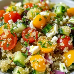 Für diesen leckeren Salat benötigst du: - 1 Tasse Quinoa, gründlich gewaschen - 2 Tassen Wasser oder Gemüsebrühe - 1/2 Tasse Cherrytomaten, halbiert - 1/2 Gurke, gewürfelt - 1/4 Tasse rote Zwiebel, fein gehackt - 1/2 Tasse Kalamata-Oliven, entsteint und in Scheiben geschnitten - 1/2 Tasse Feta-Käse, zerbröckelt - 1/4 Tasse frische Petersilie, gehackt Quinoa ist eine großartige Basis für diesen Salat. Sie ist nahrhaft und hat einen tollen Geschmack. Cherrytomaten bringen Süße. Die Gurke sorgt für Frische. Rote Zwiebel fügt einen knackigen Biss hinzu. Das Dressing macht deinen Salat besonders. Du brauchst: - 1/4 Tasse Olivenöl - 2 Esslöffel Zitronensaft - 1 Teelöffel getrockneter Oregano - Salz und Pfeffer nach Geschmack Olivenöl bringt gesunde Fette. Der Zitronensaft gibt eine spritzige Note. Oregano fügt ein mediterranes Aroma hinzu. Salz und Pfeffer runden den Geschmack ab. Frische Zutaten machen einen großen Unterschied. Achte auf: - Reife Cherrytomaten - Knackige Gurken - Frische Kräuter wie Petersilie Einkaufen auf dem Markt ist ideal. Dort findest du oft die besten Zutaten. Frische ist der Schlüssel für einen leckeren Salat. {{ingredient_image_2}} Um die Quinoa perfekt zu kochen, beginne mit einer Tasse Quinoa. Wasche sie gründlich, um Bitterstoffe zu entfernen. Füge dann zwei Tassen Wasser oder Gemüsebrühe in einen mittleren Topf. Stelle den Herd auf mittlere Hitze und bringe die Mischung zum Kochen. Wenn es blubbert, reduziere die Hitze. Decke den Topf ab und lasse die Quinoa 15 Minuten köcheln. Sie ist fertig, wenn die Flüssigkeit aufgesogen ist und die Körner fluffig aussehen. Lass die Quinoa zehn Minuten im Topf ruhen. Lockere sie mit einer Gabel auf. In einer großen Schüssel vermenge die abgekühlte Quinoa mit frischen Zutaten. Halbiere eine halbe Tasse Cherrytomaten und würfle eine halbe Gurke. Hacke eine viertel Tasse rote Zwiebel fein. Füge auch eine halbe Tasse Kalamata-Oliven und eine halbe Tasse zerbröckelten Feta-Käse hinzu. Zum Schluss mische eine viertel Tasse frisch gehackte Petersilie unter die Quinoa. Diese Mischung bringt viele Farben und Aromen in dein Gericht. Für das Dressing nimm eine kleine Schüssel. Gieße eine viertel Tasse Olivenöl hinein. Füge zwei Esslöffel frischen Zitronensaft hinzu. Streue einen Teelöffel getrockneten Oregano, Salz und Pfeffer nach Geschmack dazu. Verquirle alles gut, bis es eine gleichmäßige Mischung ergibt. Träufle das Dressing gleichmäßig über die Quinoa-Mischung. Vermenge alles vorsichtig, damit die Aromen gut durchziehen. Lass den Salat mindestens 30 Minuten ruhen, damit die Geschmäcker sich entfalten können. Um perfekten Quinoa zu kochen, wasche ihn immer gut. Das spült Bitterstoffe weg. Für mehr Geschmack verwende Gemüsebrühe statt Wasser. Bringe die Flüssigkeit zum Kochen und reduziere dann die Hitze. Decke den Topf ab und lasse ihn 15 Minuten köcheln. Lass die Quinoa nach dem Kochen 10 Minuten ruhen. Das macht sie fluffig. Serviere deinen Salat in einer großen, bunten Schüssel. Das sieht schön aus und macht Appetit. Kühle den Salat vor dem Servieren. Das bringt die Aromen besser zur Geltung. Garniere ihn mit frischer Petersilie und Zitronenschnitten. Das gibt einen lebhaften Akzent. Ein häufiger Fehler ist, Quinoa nicht zu waschen. Das macht den Salat bitter. Achte darauf, die richtige Menge Wasser zu verwenden. Zu viel Wasser macht die Quinoa matschig. Lass den Salat nicht zu lange stehen, wenn er warm ist. Die Zutaten können weich werden. Schmecke ihn vor dem Servieren ab. So kannst du die Würze anpassen. Pro Tipps Quinoa richtig kochen: Achten Sie darauf, die Quinoa gründlich zu waschen, um Bitterstoffe zu entfernen, die den Geschmack beeinträchtigen könnten. Variationen hinzufügen: Experimentieren Sie mit verschiedenen Gemüsesorten oder Kräutern, wie Paprika oder Minze, um dem Salat eine persönliche Note zu verleihen. Vorbereitung im Voraus: Bereiten Sie die Quinoa und das Gemüse im Voraus zu und mischen Sie alles kurz vor dem Servieren, um die Frische zu gewährleisten. Perfekte Aromen: Lassen Sie den Salat mindestens 30 Minuten ruhen, damit sich die Aromen gut entfalten können und das Dressing in die Zutaten einzieht. {{image_4}} Du kannst den Mediterranen Quinoa-Salat ganz einfach vegan machen. Lass den Feta-Käse einfach weg. Ersetze ihn durch eine Mischung aus zerdrückter Avocado oder veganem Käse. Beide Optionen sorgen für eine cremige Textur. Du kannst auch Nüsse oder Samen hinzufügen. Diese geben dem Salat mehr Crunch und Nährstoffe. Wenn du mehr Protein in deinen Salat bringen möchtest, gibt es tolle Optionen. Kichererbsen sind eine hervorragende Wahl. Sie sind nahrhaft und passen gut zu den anderen Zutaten. Auch schwarze Bohnen oder Linsen sind gute Ergänzungen. Sie machen den Salat sättigender und leckerer. Wenn du Fleisch magst, füge gegrilltes Hühnchen oder Garnelen hinzu. Beides bringt viel Geschmack und Protein. Du kannst das Gemüse nach deinem Geschmack anpassen. Statt Cherrytomaten kannst du Paprika oder Zucchini verwenden. Diese sind ebenfalls frisch und knackig. Für die Kräuter sind frischer Basilikum oder Minze tolle Alternativen. Sie bringen einen tollen Geschmack ins Spiel. Lass deiner Kreativität freien Lauf und mixe, was dir gefällt! Bewahren Sie den Mediterranen Quinoa-Salat in einem luftdichten Behälter auf. So bleibt er frisch und lecker. Sie können ihn im Kühlschrank lagern. Achten Sie darauf, dass der Behälter gut verschlossen ist, damit keine Luft eindringt. Im Kühlschrank hält der Salat bis zu drei Tage. Nach dieser Zeit kann der Geschmack und die Textur leiden. Überprüfen Sie vor dem Essen immer den Geruch und das Aussehen. Wenn er unangenehm riecht oder seltsam aussieht, werfen Sie ihn lieber weg. Wiederwärmen ist nicht nötig, da der Salat kalt serviert wird. Sie können jedoch neue Zutaten hinzufügen, um ihn aufzufrischen. Fügen Sie zum Beispiel gegrilltes Gemüse oder Nüsse hinzu. Das gibt dem Salat neuen Geschmack und Textur. Experimentieren Sie mit verschiedenen Kräutern oder Saucen, um abwechslungsreiche Varianten zu erstellen. Der Mediterrane Quinoa-Salat kann bis zu fünf Tage im Kühlschrank aufbewahrt werden. Es ist wichtig, ihn in einem luftdichten Behälter zu lagern. So bleibt er frisch und lecker. Ich empfehle, den Salat vor dem Servieren kurz umzurühren. Einige Zutaten, wie Tomaten, können nach ein paar Tagen weicher werden. Wenn Sie den Salat länger aufbewahren möchten, lassen Sie das Dressing separat. So bleibt der Salat knackig und frisch. Ja, Sie können viele andere Zutaten hinzufügen! Das ist das Schöne an diesem Salat. Fühlen Sie sich frei, andere Gemüsesorten wie Paprika oder Karotten hinzuzufügen. Auch Kichererbsen oder gebratene Zucchini passen gut. Für mehr Geschmack können Sie frische Kräuter wie Minze oder Basilikum verwenden. Wenn Sie etwas mehr Protein möchten, fügen Sie Hähnchen oder Tofu hinzu. Experimentieren Sie mit Ihren Lieblingszutaten! Ja, Quinoa ist glutenfrei. Es ist eine großartige Option für Menschen mit Glutenunverträglichkeit. Quinoa ist auch sehr nahrhaft. Es enthält viele Proteine und Ballaststoffe. Diese Superfood-Option ist nicht nur gesund, sondern auch vielseitig. Sie können Quinoa in vielen Gerichten verwenden, von Salaten bis zu Beilagen. Der Mediterrane Quinoa-Salat bietet eine gesunde Mischung aus frischen Zutaten und Gewürzen. Wir haben gelernt, wie man Quinoa perfekt zubereitet und die besten Zutaten kombiniert. Achten Sie auf unsere Tipps, um häufige Fehler zu vermeiden und Ihren Salat toll zu präsentieren. Variationen und Aufbewahrungstipps helfen Ihnen, das Rezept nach Ihrem Geschmack anzupassen. Denken Sie daran, Quinoa ist nicht nur lecker, sondern auch gesund. Genießen Sie jeden Bissen!