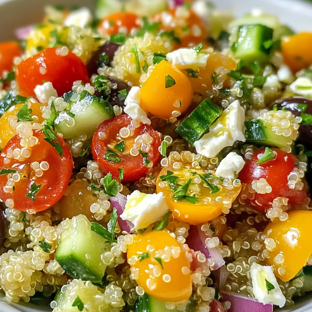 Für diesen leckeren Salat benötigst du: - 1 Tasse Quinoa, gründlich gewaschen - 2 Tassen Wasser oder Gemüsebrühe - 1/2 Tasse Cherrytomaten, halbiert - 1/2 Gurke, gewürfelt - 1/4 Tasse rote Zwiebel, fein gehackt - 1/2 Tasse Kalamata-Oliven, entsteint und in Scheiben geschnitten - 1/2 Tasse Feta-Käse, zerbröckelt - 1/4 Tasse frische Petersilie, gehackt Quinoa ist eine großartige Basis für diesen Salat. Sie ist nahrhaft und hat einen tollen Geschmack. Cherrytomaten bringen Süße. Die Gurke sorgt für Frische. Rote Zwiebel fügt einen knackigen Biss hinzu. Das Dressing macht deinen Salat besonders. Du brauchst: - 1/4 Tasse Olivenöl - 2 Esslöffel Zitronensaft - 1 Teelöffel getrockneter Oregano - Salz und Pfeffer nach Geschmack Olivenöl bringt gesunde Fette. Der Zitronensaft gibt eine spritzige Note. Oregano fügt ein mediterranes Aroma hinzu. Salz und Pfeffer runden den Geschmack ab. Frische Zutaten machen einen großen Unterschied. Achte auf: - Reife Cherrytomaten - Knackige Gurken - Frische Kräuter wie Petersilie Einkaufen auf dem Markt ist ideal. Dort findest du oft die besten Zutaten. Frische ist der Schlüssel für einen leckeren Salat. {{ingredient_image_2}} Um die Quinoa perfekt zu kochen, beginne mit einer Tasse Quinoa. Wasche sie gründlich, um Bitterstoffe zu entfernen. Füge dann zwei Tassen Wasser oder Gemüsebrühe in einen mittleren Topf. Stelle den Herd auf mittlere Hitze und bringe die Mischung zum Kochen. Wenn es blubbert, reduziere die Hitze. Decke den Topf ab und lasse die Quinoa 15 Minuten köcheln. Sie ist fertig, wenn die Flüssigkeit aufgesogen ist und die Körner fluffig aussehen. Lass die Quinoa zehn Minuten im Topf ruhen. Lockere sie mit einer Gabel auf. In einer großen Schüssel vermenge die abgekühlte Quinoa mit frischen Zutaten. Halbiere eine halbe Tasse Cherrytomaten und würfle eine halbe Gurke. Hacke eine viertel Tasse rote Zwiebel fein. Füge auch eine halbe Tasse Kalamata-Oliven und eine halbe Tasse zerbröckelten Feta-Käse hinzu. Zum Schluss mische eine viertel Tasse frisch gehackte Petersilie unter die Quinoa. Diese Mischung bringt viele Farben und Aromen in dein Gericht. Für das Dressing nimm eine kleine Schüssel. Gieße eine viertel Tasse Olivenöl hinein. Füge zwei Esslöffel frischen Zitronensaft hinzu. Streue einen Teelöffel getrockneten Oregano, Salz und Pfeffer nach Geschmack dazu. Verquirle alles gut, bis es eine gleichmäßige Mischung ergibt. Träufle das Dressing gleichmäßig über die Quinoa-Mischung. Vermenge alles vorsichtig, damit die Aromen gut durchziehen. Lass den Salat mindestens 30 Minuten ruhen, damit die Geschmäcker sich entfalten können. Um perfekten Quinoa zu kochen, wasche ihn immer gut. Das spült Bitterstoffe weg. Für mehr Geschmack verwende Gemüsebrühe statt Wasser. Bringe die Flüssigkeit zum Kochen und reduziere dann die Hitze. Decke den Topf ab und lasse ihn 15 Minuten köcheln. Lass die Quinoa nach dem Kochen 10 Minuten ruhen. Das macht sie fluffig. Serviere deinen Salat in einer großen, bunten Schüssel. Das sieht schön aus und macht Appetit. Kühle den Salat vor dem Servieren. Das bringt die Aromen besser zur Geltung. Garniere ihn mit frischer Petersilie und Zitronenschnitten. Das gibt einen lebhaften Akzent. Ein häufiger Fehler ist, Quinoa nicht zu waschen. Das macht den Salat bitter. Achte darauf, die richtige Menge Wasser zu verwenden. Zu viel Wasser macht die Quinoa matschig. Lass den Salat nicht zu lange stehen, wenn er warm ist. Die Zutaten können weich werden. Schmecke ihn vor dem Servieren ab. So kannst du die Würze anpassen. Pro Tipps Quinoa richtig kochen: Achten Sie darauf, die Quinoa gründlich zu waschen, um Bitterstoffe zu entfernen, die den Geschmack beeinträchtigen könnten. Variationen hinzufügen: Experimentieren Sie mit verschiedenen Gemüsesorten oder Kräutern, wie Paprika oder Minze, um dem Salat eine persönliche Note zu verleihen. Vorbereitung im Voraus: Bereiten Sie die Quinoa und das Gemüse im Voraus zu und mischen Sie alles kurz vor dem Servieren, um die Frische zu gewährleisten. Perfekte Aromen: Lassen Sie den Salat mindestens 30 Minuten ruhen, damit sich die Aromen gut entfalten können und das Dressing in die Zutaten einzieht. {{image_4}} Du kannst den Mediterranen Quinoa-Salat ganz einfach vegan machen. Lass den Feta-Käse einfach weg. Ersetze ihn durch eine Mischung aus zerdrückter Avocado oder veganem Käse. Beide Optionen sorgen für eine cremige Textur. Du kannst auch Nüsse oder Samen hinzufügen. Diese geben dem Salat mehr Crunch und Nährstoffe. Wenn du mehr Protein in deinen Salat bringen möchtest, gibt es tolle Optionen. Kichererbsen sind eine hervorragende Wahl. Sie sind nahrhaft und passen gut zu den anderen Zutaten. Auch schwarze Bohnen oder Linsen sind gute Ergänzungen. Sie machen den Salat sättigender und leckerer. Wenn du Fleisch magst, füge gegrilltes Hühnchen oder Garnelen hinzu. Beides bringt viel Geschmack und Protein. Du kannst das Gemüse nach deinem Geschmack anpassen. Statt Cherrytomaten kannst du Paprika oder Zucchini verwenden. Diese sind ebenfalls frisch und knackig. Für die Kräuter sind frischer Basilikum oder Minze tolle Alternativen. Sie bringen einen tollen Geschmack ins Spiel. Lass deiner Kreativität freien Lauf und mixe, was dir gefällt! Bewahren Sie den Mediterranen Quinoa-Salat in einem luftdichten Behälter auf. So bleibt er frisch und lecker. Sie können ihn im Kühlschrank lagern. Achten Sie darauf, dass der Behälter gut verschlossen ist, damit keine Luft eindringt. Im Kühlschrank hält der Salat bis zu drei Tage. Nach dieser Zeit kann der Geschmack und die Textur leiden. Überprüfen Sie vor dem Essen immer den Geruch und das Aussehen. Wenn er unangenehm riecht oder seltsam aussieht, werfen Sie ihn lieber weg. Wiederwärmen ist nicht nötig, da der Salat kalt serviert wird. Sie können jedoch neue Zutaten hinzufügen, um ihn aufzufrischen. Fügen Sie zum Beispiel gegrilltes Gemüse oder Nüsse hinzu. Das gibt dem Salat neuen Geschmack und Textur. Experimentieren Sie mit verschiedenen Kräutern oder Saucen, um abwechslungsreiche Varianten zu erstellen. Der Mediterrane Quinoa-Salat kann bis zu fünf Tage im Kühlschrank aufbewahrt werden. Es ist wichtig, ihn in einem luftdichten Behälter zu lagern. So bleibt er frisch und lecker. Ich empfehle, den Salat vor dem Servieren kurz umzurühren. Einige Zutaten, wie Tomaten, können nach ein paar Tagen weicher werden. Wenn Sie den Salat länger aufbewahren möchten, lassen Sie das Dressing separat. So bleibt der Salat knackig und frisch. Ja, Sie können viele andere Zutaten hinzufügen! Das ist das Schöne an diesem Salat. Fühlen Sie sich frei, andere Gemüsesorten wie Paprika oder Karotten hinzuzufügen. Auch Kichererbsen oder gebratene Zucchini passen gut. Für mehr Geschmack können Sie frische Kräuter wie Minze oder Basilikum verwenden. Wenn Sie etwas mehr Protein möchten, fügen Sie Hähnchen oder Tofu hinzu. Experimentieren Sie mit Ihren Lieblingszutaten! Ja, Quinoa ist glutenfrei. Es ist eine großartige Option für Menschen mit Glutenunverträglichkeit. Quinoa ist auch sehr nahrhaft. Es enthält viele Proteine und Ballaststoffe. Diese Superfood-Option ist nicht nur gesund, sondern auch vielseitig. Sie können Quinoa in vielen Gerichten verwenden, von Salaten bis zu Beilagen. Der Mediterrane Quinoa-Salat bietet eine gesunde Mischung aus frischen Zutaten und Gewürzen. Wir haben gelernt, wie man Quinoa perfekt zubereitet und die besten Zutaten kombiniert. Achten Sie auf unsere Tipps, um häufige Fehler zu vermeiden und Ihren Salat toll zu präsentieren. Variationen und Aufbewahrungstipps helfen Ihnen, das Rezept nach Ihrem Geschmack anzupassen. Denken Sie daran, Quinoa ist nicht nur lecker, sondern auch gesund. Genießen Sie jeden Bissen!