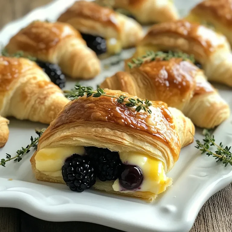 - Kühlschrank Croissant Teig - 225 g Brie-Käse, in kleine Stücke geschnitten - 240 ml frische schwarze Johannisbeeren Kühlschrank Croissant Teig ist einfach zu verwenden. Er bringt eine knusprige Textur. Brie-Käse macht die Häppchen cremig und reichhaltig. Die frischen schwarzen Johannisbeeren fügen eine süße und saure Note hinzu. - 30 ml Honig - 1 Teelöffel frische Thymianblätter (optional) - 1 Ei, verquirlt (für die Eiwaschung) Honig bringt eine sanfte Süße. Thymianblätter können zusätzlichen Geschmack geben. Das verquirlte Ei sorgt für eine schöne, goldene Farbe. - Eine Prise Salz und Pfeffer Salz verstärkt die Aromen. Pfeffer bringt eine leichte Schärfe. Zusammen machen sie die Häppchen noch leckerer. {{ingredient_image_2}} Heize deinen Ofen auf 190°C vor. Das sorgt für eine gleichmäßige Hitze. Bestäube die Arbeitsfläche leicht mit Mehl. So bleibt der Teig nicht kleben und lässt sich gut ausrollen. Rolle den Croissant-Teig auf der bemehlten Fläche aus. Schneide ihn in gleichmäßige Dreiecke. Lege auf jedes Dreieck ein Stück Brie-Käse. Platziere 2-3 schwarze Johannisbeeren auf dem Käse. Gib einen kleinen Tropfen Honig dazu. Wenn du magst, streue frische Thymianblätter darüber. Rolle den Teig von der breiten Seite bis zur Spitze auf. Drücke die Ränder fest zusammen, um die Füllung zu versiegeln. Lege die Croissant-Häppchen auf ein mit Backpapier ausgelegtes Backblech. Bestreiche die Oberseiten mit dem verquirlten Ei. Streue eine Prise Salz und Pfeffer darüber. Backe die Häppchen für 12-15 Minuten. Achte darauf, dass sie goldbraun sind. Nimm sie aus dem Ofen und lasse sie vor dem Servieren kurz abkühlen. So bleiben sie knusprig und lecker. Die Backtemperatur ist sehr wichtig. Bei 190°C backt der Teig gleichmäßig. Ein zu heißer Ofen kann die Häppchen außen verbrennen. Ein zu kühler Ofen führt zu einem weichen Teig. Die ideale Backzeit ist 12 bis 15 Minuten. Achten Sie auf die Farbe. Goldbraun zeigt, dass sie fertig sind. Lassen Sie sie kurz abkühlen, damit sie nicht zu heiß sind. Richten Sie die Häppchen auf einer schönen Platte an. Garnieren Sie sie mit frischen Thymianzweigen. Fügen Sie einige ganze schwarze Johannisbeeren hinzu. Das sieht lecker und einladend aus. Servieren Sie die Häppchen warm. So schmecken sie am besten. Sie können sie auch mit einem Dip servieren. Ein Balsamico-Dip passt gut dazu. Variieren Sie die Kräuter für andere Aromen. Petersilie oder Schnittlauch können frischen Geschmack bringen. Thymian ist eine gute Wahl, aber nicht die einzige. Wenn Sie keinen Honig wollen, probieren Sie Ahornsirup. Er gibt eine süße Note. Marmelade oder Fruchtaufstrich sind auch gute Alternativen. Pro Tipps Teig kalt halten: Stellen Sie sicher, dass der Croissant-Teig während der Zubereitung kalt bleibt, um eine bessere Blätterung zu erzielen. Variationen ausprobieren: Experimentieren Sie mit verschiedenen Käsesorten oder Früchten, um neue Geschmackskombinationen zu entdecken. Eiwaschung für Glanz: Die Eiwaschung nicht nur auftragen, sondern auch gleichmäßig verteilen, um eine schöne goldene Farbe zu erhalten. Vorheizen nicht vergessen: Stellen Sie sicher, dass der Ofen vollständig vorgeheizt ist, bevor Sie die Häppchen backen, um eine gleichmäßige Garung zu gewährleisten. {{image_4}} Sie können dieses Rezept leicht anpassen, um neue Geschmäcker zu entdecken. Zuerst probieren Sie andere Käsesorten. Feta oder Ziegenkäse sind köstliche Optionen. Diese Käsesorten bringen neue Aromen in die Häppchen. Zusätzlich können Sie verschiedene Obstsorten verwenden. Himbeeren oder Äpfel passen gut zu Brie. Diese Früchte sorgen für eine süße Note. Für eine vegane Variante wählen Sie veganen Käse. Er ersetzt Brie gut und schmeckt lecker. Auch der Croissant-Teig kann vegan sein. Achten Sie beim Kauf auf die Zutaten. Nutzen Sie frische, pflanzliche Zutaten, um die Häppchen zu machen. Fügen Sie neue Zutaten hinzu, um die Häppchen aufregend zu gestalten. Nüsse wie Walnüsse oder Mandeln geben einen tollen Crunch. Eine Prise Zimt oder Kakaopulver kann auch interessant sein. Experimentieren Sie mit asiatischen Aromen, wie Sojasauce oder Ingwer. Diese geben den Häppchen eine spannende Note. Um die Blackberry Brie Crescent Bites frisch zu halten, sollten Sie sie richtig lagern. Lassen Sie die Häppchen nach dem Backen etwas abkühlen. Wickeln Sie sie dann in Frischhaltefolie oder legen Sie sie in einen luftdichten Behälter. - Kühlung und Frischhalten: Lagern Sie die Häppchen im Kühlschrank. Dies hält sie kühl und verhindert, dass sie austrocknen. - Aufbewahrung im Kühlschrank: Die Häppchen bleiben für 2 bis 3 Tage frisch. Vermeiden Sie, sie lange draußen zu lassen. Wenn Sie die Häppchen aufwärmen möchten, gibt es einige einfache Methoden. - Beste Methoden zum Aufwärmen: Heizen Sie Ihren Ofen auf 175°C vor. Legen Sie die Häppchen auf ein Backblech und backen Sie sie für etwa 5-7 Minuten. - Wie man die Knusprigkeit bewahrt: Diese Methode hilft, die Knusprigkeit der Häppchen zu bewahren. Mikrowellen sind nicht ideal, da sie die Häppchen weich machen. Es ist wichtig zu wissen, wie lange die Häppchen haltbar sind. - Wie lange sind die Häppchen haltbar?: Sie sind im Kühlschrank 2 bis 3 Tage haltbar. Nach dieser Zeit können sie an Geschmack verlieren. - Tipps zur Vermeidung von Verderb: Achten Sie darauf, die Häppchen gut zu verpacken. So vermeiden Sie, dass sie austrocknen oder Gerüche vom Kühlschrank aufnehmen. Das Rezept ergibt 12 Häppchen. Diese Menge ist perfekt für Gäste und kleine Veranstaltungen. Wenn du mehr Gäste hast, kannst du die Menge einfach verdoppeln. So kannst du sicherstellen, dass jeder etwas Leckeres bekommt. Ja, du kannst den Croissant-Teig selbst machen. Es ist jedoch einfacher, den gekauften Teig zu verwenden. Hausgemachter Teig benötigt mehr Zeit und Mühe. Wenn du dich für hausgemachten Teig entscheidest, achte darauf, ihn gut gehen zu lassen. Das gibt ihm die nötige Luftigkeit und Fluffigkeit. Es gibt viele leckere Alternativen zu Brie. Du kannst Camembert oder Ziegenkäse verwenden. Diese Käsesorten haben auch einen tollen Geschmack. Wenn du etwas Kräftigeres magst, probiere Cheddar oder Gouda. Sie bringen eine andere Note in deine Häppchen. Ja, du kannst die Häppchen im Voraus zubereiten. Bereite sie einfach bis zum Backen vor. Lege sie dann auf ein Backblech und decke sie ab. So bleiben sie frisch und kühl. Kurz bevor du servierst, backe sie einfach. So hast du einen warmen Snack ohne Stress. Diese Häppchen sind einfach und köstlich. Wir haben frischen Croissant-Teig, würzigen Brie und schwarze Johannisbeeren verwendet. Zudem gab es wichtige Tipps für die perfekte Zubereitung. Variationen sind auch möglich, etwa mit veganem Käse oder anderen Früchten. Richtig lagern und aufwärmen bleibt wichtig für den Genuss. Schlussendlich sind diese Häppchen eine tolle Wahl für jeden Anlass. Probieren Sie es aus und passen Sie das Rezept an Ihre Vorlieben an!