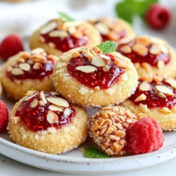 Die Himbeer-Mandel-Thumbprint-Kekse sind einfach und lecker. Hier sind die Hauptzutaten, die du brauchst: - 240 g ungesalzene Butter, weich - 120 g Puderzucker - 1 Teelöffel Mandel-Extrakt - 250 g Weizenmehl - 1/2 Teelöffel Salz - 80 g Mandelblättchen, geröstet - 120 g Himbeermarmelade (oder -konfitüre) - Frische Himbeeren und Minzblätter zur Dekoration (optional) Diese Zutaten bilden die Basis für die Kekse. Die Butter sorgt für die weiche Textur, während der Puderzucker für die Süße verantwortlich ist. Frische Zutaten machen den Unterschied. Achte darauf, die Butter weich, aber nicht geschmolzen zu verwenden. So wird der Teig schön luftig. Verwende frische Himbeermarmelade, wenn möglich. Dies hebt den Geschmack der Kekse. Wenn du frische Himbeeren für die Dekoration nimmst, wähle die festesten und saftigsten Beeren. Wenn du keine Himbeermarmelade hast, gibt es viele Alternativen. Du kannst Erdbeermarmelade oder Pfirsichkonfitüre verwenden. Auch Aprikosenmarmelade passt gut. Diese Optionen bieten einen anderen, aber ebenso köstlichen Geschmack. Experimentiere mit verschiedenen Sorten, um deine Lieblingskombination zu finden. {{ingredient_image_2}} Heize deinen Ofen auf 175°C vor. Lege ein Backblech mit Backpapier aus. Das Papier hilft, die Kekse nicht festzukleben. So gelingt das Backen mühelos. Nimm eine große Schüssel. Schlage die weiche Butter und den Puderzucker zusammen. Benutze einen Handmixer oder eine Küchenmaschine. Mische, bis die Mischung leicht und fluffig ist. Füge den Mandel-Extrakt hinzu und rühre gut um. In einer anderen Schüssel vermenge das Weizenmehl mit dem Salz. Füge diese Mischung langsam zur Butter-Zucker-Mischung hinzu. Rühre, bis alles gerade vermischt ist. Überarbeite den Teig nicht, sonst wird er hart. Nimm einen Esslöffel Teig und forme ihn zu einer kleinen Kugel. Lege die Kugel auf das Backblech. Lass etwa 5 cm Platz zwischen den Kugeln. Drücke mit deinem Daumen in die Mitte jeder Kugel eine kleine Mulde. Diese Mulde ist wichtig für die Füllung. Gib einen kleinen Löffel Himbeermarmelade in jede Mulde. Fülle sie großzügig, aber überquellend sollte es nicht sein. Drücke einige geröstete Mandelblättchen um die Mulde. Das gibt den Keksen eine tolle Textur. Stelle das Blech in den Ofen. Backe die Kekse für 12 bis 15 Minuten. Achte darauf, dass die Ränder leicht goldbraun werden. Nimm die Kekse aus dem Ofen und lass sie ein paar Minuten auf dem Blech abkühlen. Danach lege sie auf ein Kuchengitter. Lass sie dort vollständig abkühlen. So bleiben sie schön knusprig. Für die besten Himbeer-Mandel-Thumbprint-Kekse ist die Teigkonsistenz wichtig. Der Teig sollte weich und geschmeidig sein. Zu viel Mehl macht die Kekse hart. Achte darauf, dass die Butter wirklich weich ist. So lässt sich alles gut vermischen. Wenn du den Teig formst, sollte er nicht kleben. Ein leichtes Mehlbestäuben deiner Hände kann helfen. Übermixen ist der Feind zarter Kekse. Wenn du die trockenen Zutaten hinzufügst, rühre nur so lange, bis alles gut vermischt ist. Ein paar kleine Klumpen sind in Ordnung. Diese sorgen für eine zarte Textur. Denke daran, dass der Teig beim Backen weitergeht. Ein sanftes Vermischen ist der Schlüssel zu einem perfekten Ergebnis. Die Backzeit ist entscheidend für den perfekten Keks. Backe die Kekse bei 175°C für 12-15 Minuten. Die Ränder sollten goldbraun sein. Achte darauf, dass die Mitte noch weich aussieht. Sie härten nach dem Abkühlen nach. Wenn du mehrere Bleche gleichzeitig backst, drehe sie während des Backens. So werden die Kekse gleichmäßig gebacken. Pro Tipps Butter richtig weich machen: Lassen Sie die Butter vor dem Verarbeiten mindestens 30 Minuten bei Raumtemperatur stehen, damit sie schön cremig wird. Variationen bei der Marmelade: Experimentieren Sie mit anderen Fruchtmarmeladen wie Erdbeere oder Aprikose für unterschiedliche Geschmacksrichtungen. Mandeln rösten: Rösten Sie die Mandelblättchen in einer trockenen Pfanne bei mittlerer Hitze für einige Minuten, um ihren Geschmack zu intensivieren. Kekse gleichmäßig backen: Drehen Sie das Backblech während des Backens einmal um 180 Grad, um eine gleichmäßige Bräunung zu gewährleisten. {{image_4}} Du kannst viele verschiedene Marmeladen verwenden. Fruchtfüllungen wie Aprikose oder Pflaume passen gut. Auch Zitrusmarmelade bringt einen frischen Geschmack. Experimentiere mit deinen Lieblingsfrüchten. Das macht die Kekse individuell und spannend. Für Schokoladenliebhaber ist die Zugabe von Schokoladenstückchen eine tolle Idee. Dunkle Schokolade oder weiße Schokolade harmonieren gut mit Himbeeren. Auch Gewürze können die Kekse aufpeppen. Eine Prise Zimt oder Muskatnuss gibt einen warmen Geschmack. Probiere es aus und finde deine Lieblingskombination. Wenn du glutenfrei backen möchtest, gibt es gute Alternativen. Verwende glutenfreies Mehl anstelle von Weizenmehl. Achte darauf, dass die anderen Zutaten ebenfalls glutenfrei sind. So kannst du die Kekse genießen, ohne auf den Geschmack zu verzichten. Um die Himbeer-Mandel-Thumbprint-Kekse frisch zu halten, bewahre sie in einer luftdichten Box auf. Lege ein Blatt Pergamentpapier zwischen die Kekse. So bleibt die Textur knusprig. Vermeide es, die Kekse in der Nähe von feuchten Lebensmitteln zu lagern. Die Kekse bleiben bei richtiger Lagerung etwa eine Woche frisch. Nach dieser Zeit könnten sie etwas weich werden. Wenn du die Kekse länger behalten willst, denke an das Einfrieren. So bleibt der Geschmack erhalten und die Kekse sind immer bereit für einen Snack. Um die Kekse einzufrieren, lasse sie zuerst vollständig abkühlen. Lege sie dann in einen gefriergeeigneten Beutel. Achte darauf, die Luft herauszudrücken. Du kannst die Kekse bis zu drei Monate im Gefrierfach aufbewahren. Zum Servieren lasse sie einfach bei Raumtemperatur auftauen. Die Kekse bleiben frisch für etwa fünf bis sieben Tage, wenn Sie sie in einem luftdichten Behälter aufbewahren. Lagern Sie sie an einem kühlen, trockenen Ort. Für längere Haltbarkeit können Sie die Kekse einfrieren. So bleiben sie bis zu drei Monate gut. Ja, Sie können die Kekse vegan machen. Ersetzen Sie die Butter durch pflanzliche Margarine oder Kokosöl. Verwenden Sie auch einen veganen Puderzucker, da einige Marken tierische Produkte enthalten. Mandel-Extrakt bleibt gleich. Wenn Sie Allergien haben, gibt es einige einfache Ersatzmöglichkeiten. Verwenden Sie glutenfreies Mehl für eine glutenfreie Option. Statt Himbeermarmelade können Sie andere Marmeladen oder Apfelmus verwenden. Achten Sie darauf, dass alle Zutaten allergiefrei sind. Für die Garnierung können Sie frische Himbeeren und Minzblätter verwenden. Diese geben Farbe und Frische. Zusätzlich können Sie Puderzucker darüber streuen oder geschmolzene Schokolade verwenden. Das verleiht den Keksen einen besonderen Touch. Diese Kekse sind einfach köstlich und vielseitig. Wir haben die wichtigsten Zutaten, die Schritt-für-Schritt-Anleitung und wertvolle Tipps angesehen. Auch Variationen und Lagerungshinweise sind wichtig. Sie können die Füllung und die Zutaten anpassen, um Ihren Geschmack zu treffen. Denken Sie daran, gut auf die Konsistenz zu achten. Mit diesen Tricks gelingen die Kekse immer. Viel Spaß beim Backen und Genießen!