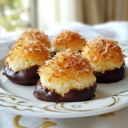 Um die perfekten Schokoladenüberzogenen Kokosmakronen zu machen, brauchen wir einige Hauptzutaten. Hier sind die Zutaten, die du benötigst: - 2 ¾ Tassen ungesüßte, geraspelte Kokosnuss - 1 Tasse gesüßte, kondensierte Milch - 1 Teelöffel Vanilleextrakt - 2 große Eiweiße - ¼ Teelöffel Salz - ½ Tasse Zartbitterschokoladenstückchen - 1 Teelöffel Kokosöl (optional) Diese Zutaten geben deinen Makronen den köstlichen Geschmack und die perfekte Konsistenz. Die Kokosnuss bringt die tropische Note, während die Schokolade für die süße Umarmung sorgt. Für die Zubereitung dieser Leckerei brauchst du einige Utensilien. Diese helfen dir, die Makronen einfach und schnell zu machen: - Eine große Schüssel - Eine mittelgroße Schüssel - Ein elektrischer Mixer - Ein Backblech - Backpapier - Ein Keksausstecher oder deine Hände Mit diesen Utensilien wird der Backprozess angenehm. Achte darauf, alles bereit zu haben, bevor du startest. Die Auswahl der Zutaten ist wichtig, um die besten Schokoladenüberzogenen Kokosmakronen zu machen. Hier sind einige Tipps: - Wähle frische, ungesüßte Kokosnuss. So schmecken die Makronen besser. - Achte auf hochwertige, gesüßte, kondensierte Milch. Sie gibt den Makronen eine schöne Süße. - Verwende echte Vanilleextrakt, um den Geschmack zu verbessern. - Für die Schokolade ist Zartbitter die beste Wahl. Sie passt gut zur Süße der Kokosnuss. - Du kannst Kokosöl hinzufügen, um die Schokolade geschmeidiger zu machen. Mit diesen Tipps stellst du sicher, dass deine Kokosmakronen voller Geschmack sind. Sie werden deine Gäste begeistern! {{ingredient_image_2}} Heize den Ofen auf 165°C vor. Nimm ein Backblech und lege es mit Backpapier aus. So kleben die Makronen nicht fest. Du bereitest alles vor, um gleich mit dem Backen zu starten. In einer mittelgroßen Schüssel vermengst du 2 ¾ Tassen geraspelte Kokosnuss, 1 Tasse gesüßte, kondensierte Milch und 1 Teelöffel Vanilleextrakt. Rühre alles gut um. Achte darauf, dass die Kokosnuss gleichmäßig bedeckt ist. Diese Mischung gibt den Makronen ihren besonderen Geschmack. Nimm eine große Schüssel und schlage 2 große Eiweiße mit ¼ Teelöffel Salz. Benutze einen elektrischen Mixer. Schlage sie auf mittlerer Stufe, bis steife Spitzen entstehen. Das dauert etwa 4-5 Minuten. Danach hebst du vorsichtig die Kokosmischung unter die Eiweiße. Seid behutsam, damit die Luftigkeit bleibt. Forme mit einem Keksausstecher kleine Häufchen der Mischung. Du kannst auch deine Hände benutzen. Lege sie auf das Backblech und lasse einen Abstand von 2,5 cm zwischen den Häufchen. Backe die Makronen für 20-25 Minuten, bis die Ränder goldbraun sind. Lass sie danach auf dem Blech abkühlen. Schmelze ½ Tasse Zartbitterschokoladenstückchen in einer mikrowellenfesten Schüssel. Erhitze die Schokolade in 30-Sekunden-Intervallen und rühre zwischendurch um. Wenn die Schokolade geschmolzen ist, kannst du 1 Teelöffel Kokosöl hinzufügen. Das macht die Schokolade geschmeidig. Tauche die Unterseite jeder Makrone in die Schokolade und lasse überschüssige Schokolade abtropfen. Lege sie zurück auf das Blech. Du kannst extra geraspelte Kokosnuss auf die warme Schokolade streuen. Kühle die Makronen für 30 Minuten im Kühlschrank. Ein häufiger Fehler ist, die Eier nicht richtig zu schlagen. Schlagen Sie die Eiweiße, bis sie steif sind. Dies gibt den Makronen ihre luftige Konsistenz. Ein weiterer Fehler ist, die Mischung zu stark zu rühren. Seien Sie behutsam, wenn Sie die Kokosmischung unterheben. Ein sanftes Mischen bewahrt die Luftigkeit. Achten Sie auch darauf, die Kokosmakronen nicht zu lange zu backen. Sie sollten goldbraun sein, aber nicht zu dunkel. Die ideale Konsistenz für Ihre Kokosmakronen ist feucht, aber nicht matschig. Verwenden Sie ungesüßte, geraspelte Kokosnuss für den besten Geschmack. Die gesüßte, kondensierte Milch gibt den Makronen die nötige Süße und Bindung. Wenn die Mischung zu trocken wirkt, fügen Sie etwas mehr Milch hinzu. Achten Sie darauf, die Mischung nicht zu fest zu drücken. Locker geformte Häufchen backen besser und bleiben saftig. Die klassischen Kokosmakronen sind lecker, aber Sie können sie leicht anpassen. Fügen Sie ein paar Tropfen Mandel- oder Orangenextrakt hinzu, um den Geschmack zu variieren. Für einen schokoladigen Kick können Sie die Zartbitterschokolade durch Vollmilchschokolade ersetzen. Wenn Sie Nüsse mögen, mischen Sie gehackte Mandeln oder Walnüsse unter die Kokosmischung. Trockenfrüchte wie Cranberries oder Aprikosen sind ebenfalls eine tolle Ergänzung. Pro Tipps Kokosnuss frisch verwenden: Verwenden Sie frisch geraspelte Kokosnuss für einen intensiveren Geschmack und eine bessere Textur. Eiweiße richtig schlagen: Achten Sie darauf, dass die Schüssel und die Rührbesen fettfrei sind, um eine optimale Luftigkeit der Eiweiße zu gewährleisten. Schokolade temperieren: Temperieren Sie die Schokolade, um einen schönen Glanz und eine knackige Konsistenz zu erhalten, wenn sie abkühlt. Variationen ausprobieren: Experimentieren Sie mit verschiedenen Schokoladensorten oder fügen Sie Nüsse oder Trockenfrüchte zu der Kokosmischung hinzu, um neue Geschmacksrichtungen zu kreieren. {{image_4}} Es gibt viele Schokoladen, die du verwenden kannst. Zartbitter ist beliebt, aber du kannst auch Vollmilch oder weiße Schokolade ausprobieren. Jede Sorte hat ihren eigenen Geschmack. Du kannst sogar eine Mischung aus verschiedenen Schokoladen machen. Das bringt neue Aromen in die Kokosmakronen. Wenn du glutenfrei essen möchtest, sind diese Makronen perfekt. Alle Zutaten sind von Natur aus glutenfrei. Für vegane Optionen kannst du die Eier weglassen und einen Eiersatz nutzen. Zum Beispiel, püriertes Apfelmus oder eine Mischung aus Leinsamen und Wasser funktioniert gut. Auch die gesüßte, kondensierte Milch kann durch Kokosmilch ersetzt werden. Du kannst die Makronen aufpeppen, indem du Nüsse oder Trockenfrüchte hinzufügst. Mandeln oder Walnüsse passen gut zu den Kokosmakronen. Trockenfrüchte wie Cranberries oder Aprikosen geben eine süße Note. Mische sie einfach in die Kokosmischung. Du wirst überrascht sein, wie gut diese Variationen schmecken. Um die Schokoladenüberzogenen Kokosmakronen frisch zu halten, sollten Sie sie in einem luftdichten Behälter aufbewahren. Ein Glasbehälter oder ein Plastikbehälter mit Deckel funktioniert gut. Legen Sie ein Blatt Backpapier zwischen die Schichten, um Schäden zu vermeiden. So bleibt die Schokolade unversehrt und die Makronen bleiben knusprig. Wenn Sie die Kokosmakronen im Kühlschrank aufbewahren, halten sie sich etwa eine Woche. Die kalte Luft hilft, die Frische zu bewahren. Achten Sie darauf, dass der Behälter gut verschlossen ist, damit keine Feuchtigkeit eindringt. Feuchtigkeit kann die Konsistenz der Makronen verändern und sie weich machen. Für eine längere Haltbarkeit können Sie die Kokosmakronen einfrieren. Lassen Sie die Makronen zuerst vollständig abkühlen. Legen Sie dann die Makronen in einen gefriergeeigneten Behälter oder einen Gefrierbeutel. Trennen Sie die Schichten mit Backpapier, damit sie nicht aneinanderkleben. Sie können die Makronen bis zu drei Monate einfrieren. Um sie zu genießen, lassen Sie sie einfach bei Raumtemperatur auftauen. Um die Makronen luftiger zu machen, schlage die Eiweiße gut auf. Du brauchst steife Spitzen. Das geht am besten mit einem elektrischen Mixer. Achte darauf, die Kokosmischung vorsichtig unterzuheben. So bleibt die Luft in den Eiweißen. Ja, du kannst die Schokolade weglassen. Die Kokosmakronen sind auch ohne Schokolade lecker. Dann hast du einen rein kokosnussigen Keks. Du kannst sie auch mit Puderzucker bestäuben. Für das Dippen empfehle ich Zartbitterschokolade. Sie hat einen tollen Geschmack und passt gut zu Kokos. Du kannst auch Vollmilchschokolade verwenden, wenn du es süßer magst. Die Makronen halten sich gut. Bei richtiger Lagerung sind sie bis zu einer Woche frisch. Bewahre sie in einem luftdichten Behälter auf. So bleiben sie weich und lecker. Ja, du kannst die Makronen dekorieren. Streue nach dem Dippen in Schokolade geraspelte Kokosnuss darüber. Du kannst auch bunte Streusel verwenden. So sehen die Makronen noch schöner aus. Die Zutaten und Schritte, die wir behandelt haben, machen das Backen von Schokoladenüberzogenen Kokosmakronen einfach. Wir haben die Hauptzutaten, Utensilien und nützliche Tipps besprochen. Auch die Schritt-für-Schritt-Anleitung hilft dir, Fehler zu vermeiden und die perfekte Konsistenz zu erreichen. Vergiss nicht, mit Variationen zu experimentieren, um deinen Geschmack zu treffen. Die richtige Lagerung sorgt dafür, dass deine Makronen frisch bleiben. Nutze die FAQ für spezifische Fragen. Viel Spaß beim Backen!