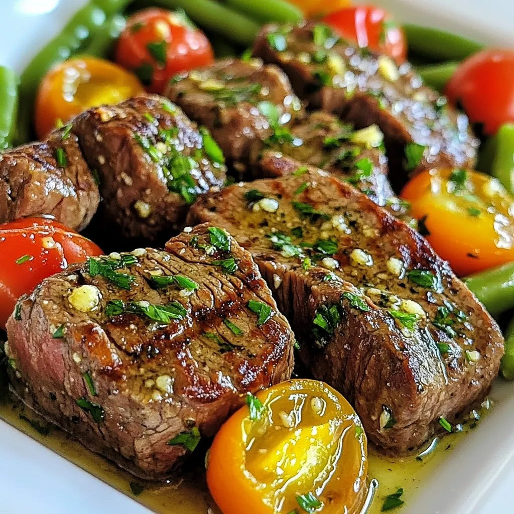 - 450 g Rinderfilet, in mundgerechte Stücke geschnitten - 4 Esslöffel ungesalzene Butter - 4 Zehen Knoblauch, fein gehackt In diesem Rezept sind die Hauptzutaten einfach und leicht zu finden. Das Rinderfilet liefert zartes Fleisch. Die ungesalzene Butter sorgt für einen reichen Geschmack. Frischer Knoblauch gibt dem Gericht ein tolles Aroma. - 1 Teelöffel frischer Rosmarin, gehackt - 1 Teelöffel frischer Thymian, gehackt - Salz und Pfeffer nach Geschmack Die Gewürze machen das Gericht besonders. Rosmarin bringt eine frische Note. Thymian ergänzt den Geschmack sehr gut. Salz und Pfeffer sind wichtig, um das Ganze abzurunden. - 250 g Kirschtomaten, halbiert - 250 g frische grüne Bohnen, geputzt - 2 Esslöffel frische Petersilie, gehackt (zum Garnieren) Die Kirschtomaten bringen Süße und Farbe. Grüne Bohnen fügen Crunch hinzu. Frische Petersilie ist die perfekte Garnitur. Sie gibt dem Gericht nicht nur Farbe, sondern auch frischen Geschmack. {{ingredient_image_2}} Heize deinen Ofen auf 200°C (400°F) vor. Das sorgt für eine gute Garung. Lege ein Backblech mit Backpapier aus. Das macht die Reinigung einfach. Gib die Rinderstückchen in eine große Schüssel. Füge Olivenöl, gehackten Knoblauch, Rosmarin, Thymian, Salz und Pfeffer hinzu. Mische alles gut. Achte darauf, dass das Fleisch gleichmäßig mariniert ist. Verteile die marinierten Steakhäppchen auf einer Seite des Backblechs. Halbiere die Kirschtomaten und lege sie auf die andere Seite des Backblechs. Breite die frischen grünen Bohnen daneben aus. Beträufle sie mit Olivenöl und würze sie mit Salz und Pfeffer. So bekommen sie einen tollen Geschmack. Schneide die Butter in kleine Stücke. Verteile sie gleichmäßig über die Steakhäppchen. Schiebe das Backblech in den Ofen. Backe die Steakhäppchen für 12-15 Minuten. Wende sie nach der Hälfte der Zeit. So werden sie gleichmäßig gar. Nach dem Backen lasse die Steakhäppchen für einige Minuten ruhen. Bestreue sie vor dem Servieren mit frisch gehackter Petersilie. Das sieht schön aus und gibt extra Geschmack. Um die Steakhäppchen medium rare zu garen, achte auf die Zeit und die Temperatur. Die perfekte Garzeit liegt bei 12 bis 15 Minuten im Ofen. Du solltest das Fleisch nach der Hälfte der Zeit wenden. So wird es gleichmäßig gegart und bleibt saftig. Ein Fleischthermometer ist hilfreich. Bei 57-60 °C ist das Steak medium rare. Die Marinierzeit ist wichtig für den Geschmack. Ich empfehle, die Steakhäppchen mindestens 30 Minuten in der Marinade zu lassen. Wenn du mehr Zeit hast, kannst du sie auch bis zu 2 Stunden marinieren. So ziehen die Aromen besser ein. Du kannst die Mischung auch am Abend zuvor zubereiten. Einige Küchenutensilien erleichtern die Zubereitung. Du benötigst: - Ein großes Backblech - Backpapier - Eine große Schüssel für die Marinade - Ein Schneidebrett - Ein scharfes Messer - Ein Fleischthermometer (optional) Mit diesen Utensilien wird das Kochen einfach und macht Spaß. Pro Tipps Fleischtemperatur überprüfen: Verwende ein Fleischthermometer, um sicherzustellen, dass das Rinderfilet die perfekte Temperatur für deinen gewünschten Gargrad erreicht. Knoblauch nicht überhitzen: Achte darauf, den Knoblauch nicht zu lange zu braten, da er sonst bitter werden kann. Füge ihn in den letzten Minuten des Garens hinzu, um den besten Geschmack zu erhalten. Marinieren für mehr Geschmack: Lasse das Rinderfilet vor dem Kochen mindestens 30 Minuten marinieren, um die Aromen von Knoblauch und Kräutern vollständig aufzunehmen. Gemüsevariationen: Du kannst auch anderes Gemüse wie Zucchini oder Paprika hinzufügen, um das Gericht noch bunter und geschmackvoller zu gestalten. {{image_4}} Du kannst beim Rezept auch andere Fleischsorten verwenden. Hähnchenbrust ist eine tolle Alternative. Sie wird zart und saftig. Du kannst auch Schweinefleisch verwenden. Achte darauf, die Garzeit anzupassen. Für eine magerere Option wähle Rinderfilet oder Lamm. Jedes Fleisch bringt seinen eigenen Geschmack mit. Das Rezept ist sehr flexibel bei den Gemüseoptionen. Du kannst Paprika, Zucchini oder Brokkoli hinzufügen. Diese Gemüsesorten passen gut zu den Steakhäppchen. Sie bringen Farbe und Nährstoffe auf den Teller. Auch Karotten oder Spargel sind leckere Alternativen. Denke daran, die Gemüsestücke gleichmäßig zu schneiden. So garen sie schön gleichmäßig. Experimentiere mit verschiedenen Kräutern und Gewürzen. Du kannst Oregano oder Basilikum verwenden. Diese Kräuter geben dem Gericht eine frische Note. Auch geräuchertes Paprikapulver sorgt für einen besonderen Geschmack. Du kannst die Kräuter nach deinem Geschmack anpassen. So wird jedes Mal ein neues Geschmackserlebnis daraus. Die Steakhäppchen sind einfach zu lagern. Lass sie zuerst auf Raumtemperatur abkühlen. Danach lege sie in einen luftdichten Behälter. Du kannst sie auch in Plastikfolie einwickeln. Achte darauf, dass die Reste gut verschlossen sind. So bleiben sie frisch und schmackhaft. Um die Steakhäppchen aufzuwärmen, benutze den Ofen. Heize ihn auf 180°C vor. Lege die Häppchen auf ein Backblech. Decke es mit Alufolie ab, um das Austrocknen zu verhindern. Erwärme sie etwa 10 bis 15 Minuten. Alternativ kannst du sie in der Mikrowelle aufwärmen. Stelle die Mikrowelle auf mittlere Leistung und erwärme sie in 30-Sekunden-Intervallen. Die Steakhäppchen sind im Kühlschrank bis zu drei Tage haltbar. Achte darauf, sie gut verpackt zu lagern. Wenn du sie länger aufbewahren möchtest, friere sie ein. So bleiben sie bis zu drei Monate frisch. Stelle sicher, dass sie in einem gefrierfesten Behälter sind. Die Vorbereitung dauert etwa 10 Minuten. Das Kochen im Ofen benötigt 12 bis 15 Minuten. Insgesamt sind es also nur 25 Minuten für ein köstliches Gericht. Ich finde, das ist schnell und einfach! Ja, du kannst die Steakhäppchen auch auf dem Grill machen! Marinieren die Stücke wie im Rezept. Dann lege sie auf den Grill, wenn er heiß ist. Grille sie für 3 bis 4 Minuten pro Seite. Achte darauf, dass das Fleisch gut durch ist. Die Aromen kommen durch das Grillen noch besser zur Geltung. Zu den Steakhäppchen passen viele Beilagen. Hier sind einige Vorschläge: - Knoblauchbrot für einen tollen Geschmack. - Ein frischer gemischter Salat. - Geröstete Kartoffeln, die knusprig sind. - Gebratene Pilze für eine herzhafte Note. Das macht dein Essen noch bunter und leckerer! Diese Anleitung hat Ihnen gezeigt, wie man köstliche Rinderfilet-Steakhäppchen zubereitet. Wir haben die Hauptzutaten, die Schritt-für-Schritt-Anleitung und viele hilfreiche Tipps besprochen. Denken Sie daran, die Steakhäppchen nach Ihrem Geschmack zu variieren. Experimentieren Sie mit verschiedenen Gemüse und Gewürzen, um neue Aromen zu finden. Lagern und wärmen Sie Reste richtig auf, um den Geschmack zu bewahren. Kochen kann einfach und Genussvoll sein, wenn man genau nach Anleitung geht. Genießen Sie Ihre Mahlzeit!