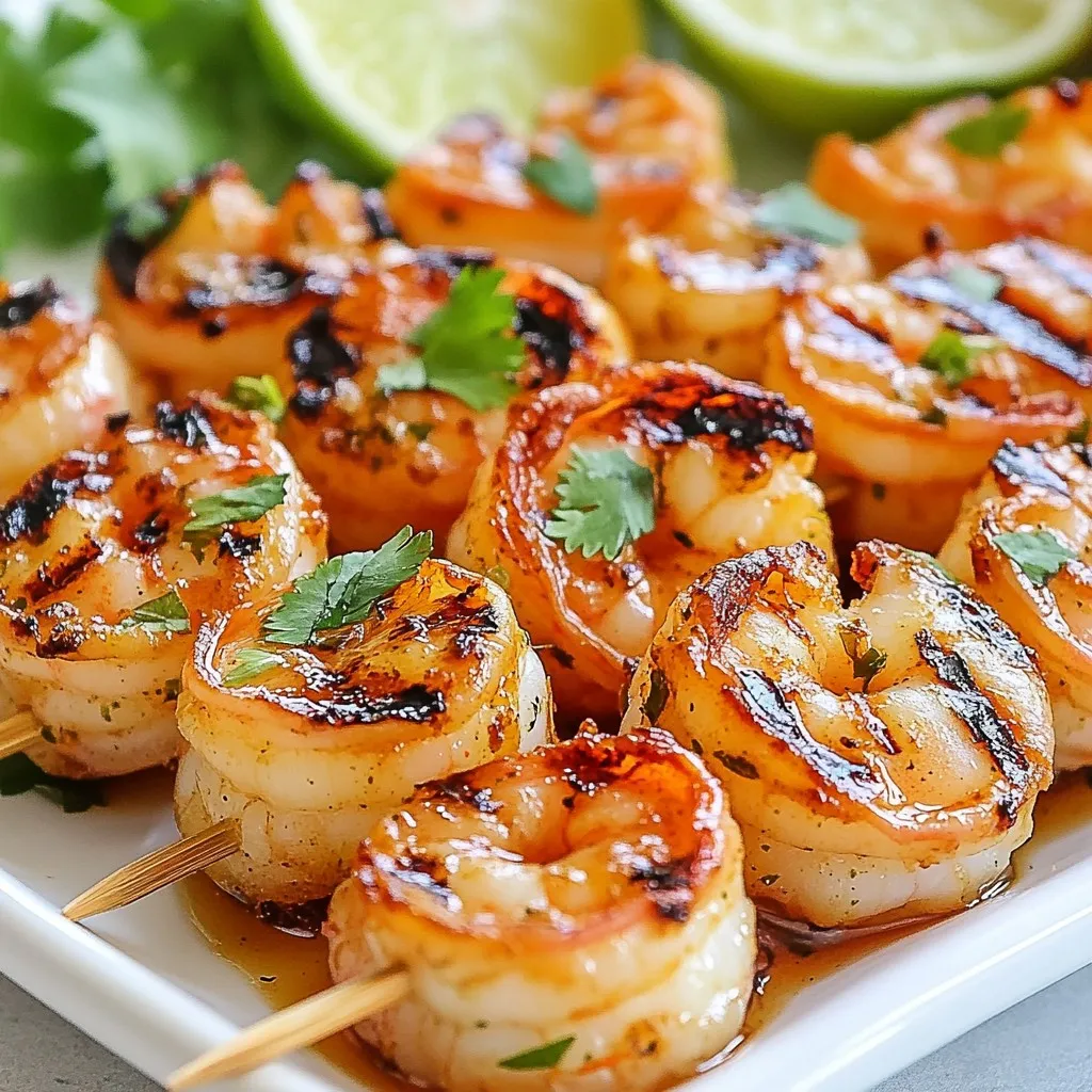 - Große Garnelen (450 g) - Olivenöl (2 Esslöffel) - Limette (Schale und Saft von 2 Limetten) Ich beginne mit frischen, großen Garnelen. Achte darauf, dass sie geschält und entdarmt sind. Die Garnelen sind der Star dieses Gerichts. Das Olivenöl macht die Garnelen saftig und gibt ihnen einen feinen Geschmack. Die Limettenschale und der Saft bringen Frische und eine spritzige Note. - Honig (1 Esslöffel) - Chilipulver (2 Teelöffel) - Geräuchertes Paprikapulver (1 Teelöffel) Für die Aromen mische ich Honig, Chilipulver und geräuchertes Paprikapulver. Der Honig sorgt für eine süße Balance. Das Chilipulver gibt Schärfe, während das Paprikapulver einen rauchigen Geschmack hinzufügt. Diese Mischung bringt die Garnelen zum Strahlen. - Knoblauch (2 Zehen, fein gehackt) - Salz und Pfeffer nach Geschmack - Frischer Koriander zum Garnieren - Spieße (eventuell Holzspieße) Ich füge fein gehackten Knoblauch hinzu. Er gibt den Garnelen ein tolles Aroma. Salz und Pfeffer runden alles ab. Frischer Koriander bringt Farbe und einen frischen Geschmack. Holzspieße, die vorher in Wasser eingeweicht wurden, verhindern ein Anbrennen auf dem Grill. Jedes Element trägt zur perfekten Garnelenspieße bei. {{ingredient_image_2}} - Mischen Sie in einer großen Schüssel: - 2 Esslöffel Olivenöl - Schale von 1 Limette - Saft von 2 Limetten - 1 Esslöffel Honig - 2 Teelöffel Chilipulver - 1 Teelöffel geräuchertes Paprikapulver - 2 fein gehackte Knoblauchzehen - Salz und Pfeffer nach Geschmack Rühren Sie alles gut mit einem Schneebesen um. Fügen Sie dann die 450 g geschälten und entdarmten Garnelen hinzu. Wenden Sie die Garnelen vorsichtig, damit sie gleichmäßig mit der Marinade überzogen sind. Decken Sie die Schüssel ab und stellen Sie sie für mindestens 30 Minuten in den Kühlschrank. So ziehen die Aromen gut ein. Heizen Sie den Grill auf mittlere bis hohe Hitze vor. Wenn Sie Holzspieße verwenden, müssen diese mindestens 30 Minuten in Wasser eingeweicht werden. Das verhindert, dass sie auf dem Grill verbrennen. Stecken Sie die marinierten Garnelen auf die Spieße. Achten Sie darauf, etwas Abstand zwischen den Garnelen zu lassen. So garen sie gleichmäßig. Grillen Sie die Spieße für 2-3 Minuten pro Seite. Die Garnelen sind fertig, wenn sie undurchsichtig sind und schöne Grillmarkierungen haben. Nehmen Sie die Spieße vom Grill und lassen Sie sie für eine Minute ruhen. Garnieren Sie die Garnelenspieße dann mit frisch gehacktem Koriander. Servieren Sie sie auf einer großen Platte, dekoriert mit Limettenscheiben. So sehen sie toll aus und schmecken auch fantastisch. Die Marinierzeit ist wichtig für den Geschmack. Ich empfehle, die Garnelen mindestens 30 Minuten zu marinieren. So nehmen sie die Aromen gut auf. Wenn du mehr Zeit hast, mariniere sie bis zu 2 Stunden. Dies gibt dir einen intensiveren Geschmack. Zu langes Marinieren kann jedoch die Textur der Garnelen beeinträchtigen. Beim Grillen ist die Hitzekontrolle entscheidend. Heize deinen Grill auf mittlere bis hohe Hitze vor. So garen die Garnelen gleichmäßig. Achte darauf, die Garnelen nicht direkt auf die heiße Fläche zu legen. Das verhindert, dass sie ankleben. Du kannst ein wenig Öl auf den Grill geben, um das Ankleben zu vermeiden. Wenn du die Garnelenspieße servierst, achte auf die Präsentation. Eine große Platte macht einen tollen Eindruck. Dekoriere sie mit frischen Limettenscheiben und einem Bündel Koriander. Das sieht nicht nur schön aus, sondern schmeckt auch frisch. Du kannst dazu einen einfachen Salat oder Reis servieren. So hast du eine komplette Mahlzeit. Pro Tipps Garnelen richtig vorbereiten: Achten Sie darauf, dass die Garnelen frisch sind und gründlich geschält sowie entdarmt werden, um einen optimalen Geschmack zu gewährleisten. Marinierzeit: Lassen Sie die Garnelen mindestens 30 Minuten, idealerweise bis zu 2 Stunden, marinieren, um die Aromen besser aufzunehmen. Grilltemperatur: Stellen Sie sicher, dass der Grill die richtige Temperatur hat, um ein gleichmäßiges Garen und schöne Grillmarkierungen zu erreichen. Serviervorschlag: Garnieren Sie die Garnelenspieße mit frischem Koriander und Limettenscheiben, um das Gericht ansprechend zu präsentieren. {{image_4}} Um die Garnelen zu variieren, können Sie verschiedene Marinaden ausprobieren. Eine asiatische Variante mit Sojasauce bringt einen salzigen und herzhaften Geschmack. Mischen Sie Sojasauce, Ingwer und Sesamöl. Marinieren Sie die Garnelen darin für etwa eine Stunde. Eine mediterrane Variante mit frischen Kräutern ist ebenfalls lecker. Nutzen Sie Olivenöl, Knoblauch, Oregano und Zitronensaft. Diese Mischung verleiht den Garnelen einen frischen und duftenden Geschmack. Gemüse macht die Spieße bunt und gesund. Beliebte Gemüsesorten sind Paprika, Zucchini und Zwiebeln. Schneiden Sie das Gemüse in gleich große Stücke. So garen sie gleichmäßig. Zubereitungstipps für Gemüse-Grillskewers: Mischen Sie das Gemüse mit etwas Olivenöl und Gewürzen. Lassen Sie das Gemüse etwa 15 Minuten marinieren, bevor Sie es auf die Spieße stecken. Wenn Sie Garnelen nicht mögen, können Sie Hähnchen oder Tofu verwenden. Hähnchenbrust ist eine gute Wahl. Schneiden Sie sie in Stücke und marinieren Sie sie wie die Garnelen. Tofu ist ideal für Vegetarier. Nutzen Sie festen Tofu und schneiden Sie ihn in Würfel. Marinieren Sie den Tofu ebenfalls. Passen Sie die Marinade an, um den Geschmack zu intensivieren. Um die Garnelenspieße frisch zu halten, solltest du sie kühl lagern. Lege die Spieße in einen luftdichten Behälter. So bleiben sie bis zu zwei Tage im Kühlschrank gut. Stelle sicher, dass die Spieße vollständig abgekühlt sind, bevor du sie lagerst. Das verhindert, dass sie dampfen und an Qualität verlieren. Die besten Methoden zum Aufwärmen von gegrillten Garnelen sind einfach. Du kannst sie in einer Pfanne bei mittlerer Hitze erwärmen. Füge einen Spritzer Wasser oder etwas Öl hinzu, um sie saftig zu halten. Alternativ kannst du die Garnelen im Ofen bei 180 Grad Celsius für etwa 5 Minuten aufwärmen. Achte darauf, sie nicht zu lange zu erhitzen, da sie sonst zäh werden. Wenn du die marinierten Garnelen einfrieren möchtest, gehe wie folgt vor: Lege sie in einen gefrierfesten Beutel und drücke die Luft heraus. So vermeiden wir Gefrierbrand. Die Garnelen sind bis zu drei Monate haltbar. Nach dem Auftauen kannst du sie schnell grillen oder in Pfannengerichte verwenden. Achte darauf, sie im Kühlschrank über Nacht aufzutauen, um die beste Textur zu erhalten. Die optimale Grillzeit für Garnelen beträgt 2-3 Minuten pro Seite. Achte darauf, dass sie undurchsichtig werden. Überprüfe die Garnelen, indem du eine aufschneidest. Wenn sie innen weiß sind, sind sie fertig. Grillst du sie zu lange, werden sie zäh. Ja, du kannst die Garnelen auch im Ofen zubereiten. Heize den Ofen auf 200 Grad Celsius vor. Lege die Garnelen auf ein Backblech. Garzeit beträgt etwa 8-10 Minuten. Drehe die Garnelen nach der Hälfte der Zeit um, um gleichmäßiges Garen zu erreichen. Zu Chili Lime Garnelenspießen passen viele Beilagen. Hier sind einige Vorschläge: - Reis mit Limette - Gegrilltes Gemüse - Avocado-Salat - Tortillas oder Fladenbrot - Erfrischende Getränke wie Limonade oder Sangria Wenn du kein Chilipulver hast, gibt es gute Alternativen. Verwende Paprika oder Cayennepfeffer für Schärfe. Du kannst auch eine Mischung aus Knoblauchpulver und Pfeffer nutzen. Experimentiere mit verschiedenen Gewürzen, um den Geschmack zu variieren. Zusammengefasst haben wir leckere Chili Lime Garnelenspieße besprochen. Die großartigen Zutaten sorgen für ein fantastisches Aroma. Die Schritt-für-Schritt-Anleitung macht das Grillen einfach. Denk an unsere Tipps, um sie perfekt zuzubereiten. Variationen für Marinaden und Beilagen erhöhen den Genuss. Und vergiss nicht die Aufbewahrungshinweise, um Reste zu nutzen. So kannst du die Garnelenspieße immer wieder genießen. Du wirst beeindruckt sein von den leckeren Ergebnissen.
