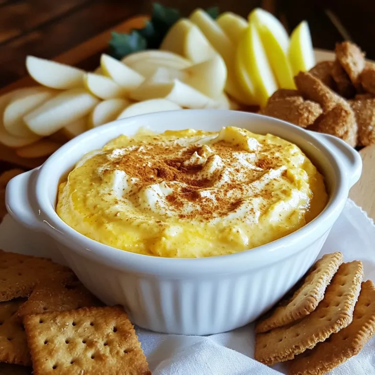 - 1 Block (225 g) Frischkäse, weich - 240 g Kürbispüree - 60 g Puderzucker - 1/2 Teelöffel gemahlener Zimt - 1/4 Teelöffel gemahlene Muskatnuss - 1/4 Teelöffel Vanilleextrakt - Zimtkekse, Butterkekse und Apfelscheiben zum Dippen Um einen großartigen Kürbis Cheesecake Dip zu machen, brauchst du einfache Zutaten. Der Hauptbestandteil ist Frischkäse. Er gibt dem Dip die cremige Basis. Das Kürbispüree bringt den tollen Geschmack. Puderzucker macht es süß und lecker. Die Gewürze sind wichtig. Zimt gibt Wärme und Muskatnuss fügt eine besondere Note hinzu. Vanilleextrakt rundet alles ab. Diese Aromen machen den Dip besonders lecker. Für das Eintunken kannst du viele Optionen wählen. Zimtkekse sind süß und knusprig. Butterkekse passen gut dazu. Frische Apfelscheiben bringen Frische und einen knackigen Biss. Du kannst kreativ sein und alles ausprobieren, was dir gefällt! {{ingredient_image_2}} Beginne mit einem Block weichem Frischkäse. Nimm ihn aus der Verpackung und lege ihn in eine Schüssel. Mit einem elektrischen Mixer rührst du den Frischkäse glatt und cremig. Das dauert nur ein paar Minuten. Achte darauf, dass keine Klumpen bleiben. Das ist die Basis für deinen Dip! Jetzt kommt der Spaß! Füge 240 Gramm Kürbispüree hinzu. Dazu kommen 60 Gramm Puderzucker, 1/2 Teelöffel gemahlenen Zimt, 1/4 Teelöffel gemahlene Muskatnuss und 1/4 Teelöffel Vanilleextrakt. Rühre alles gut um, bis die Mischung schön glatt ist. Die Gewürze geben dem Dip einen tollen Geschmack! Jetzt ist es Zeit für die Schlagsahne. Nimm 240 Gramm Schlagsahne und hebe sie vorsichtig unter die Kürbismischung. Das macht den Dip luftig und leicht. Wenn alles gut vermischt ist, fülle den Dip in eine Servierschüssel. Decke ihn ab und lasse ihn mindestens 30 Minuten im Kühlschrank ruhen. So verbinden sich die Aromen perfekt. Um den Dip cremig und leicht zu machen, sollten Sie den Frischkäse gut rühren. Nutzen Sie einen elektrischen Mixer. Dadurch wird der Frischkäse schön glatt. Fügen Sie dann das Kürbispüree und die anderen Zutaten hinzu. Achten Sie darauf, alles gut zu vermengen. Zum Schluss heben Sie die Schlagsahne vorsichtig unter. So bleibt die Mischung luftig und leicht. Die Zubereitung des Dips dauert nur etwa 10 Minuten. Planen Sie zusätzlich 30 Minuten ein, damit die Aromen gut durchziehen. Während dieser Zeit können Sie die Dippoptionen vorbereiten, wie Zimtkekse oder Apfelscheiben. So haben Sie alles bereit, wenn der Dip fertig ist. Um den Dip ansprechend zu präsentieren, können Sie ihn garnieren. Eine Prise Zimt obendrauf sieht toll aus. Auch einige Kürbiskerne geben einen schönen Kontrast. Das macht den Dip nicht nur lecker, sondern auch optisch ansprechend. Pro Tipps Frischkäse vorbereiten: Lassen Sie den Frischkäse vor der Verwendung auf Raumtemperatur kommen, um eine glattere Konsistenz zu erzielen. Kürbispüree selbst machen: Für einen intensiveren Geschmack können Sie frisches Kürbispüree aus geröstetem Kürbis anstelle von Dosen-Kürbispüree verwenden. Variationen des Dips: Experimentieren Sie mit verschiedenen Gewürzen wie Ingwer oder Nelken, um dem Dip eine persönliche Note zu verleihen. Serviervorschlag: Servieren Sie den Dip in einer dekorativen Schüssel und garnieren Sie ihn mit einigen Kürbiskernen oder einer Zimtbestäubung für eine ansprechende Präsentation. {{image_4}} Für glutenfreie oder vegane Varianten gibt es viele einfache Optionen. Sie können den Frischkäse durch pflanzliche Alternativen ersetzen. Ein weicher Cashew-Käse oder ein Soja-Frischkäse sind gute Optionen. Verwenden Sie für den Puderzucker eine glutenfreie Mischung. Achten Sie auch auf die Kekse, die Sie servieren. Viele Marken bieten glutenfreie Kekse an, die gut zum Dip passen. Möchten Sie den Dip aufpeppen? Fügen Sie Karamellsoße hinzu. Das gibt dem Dip eine süße Note. Alternativ können Sie auch geschmolzene Schokolade einrühren. Das macht ihn extra dekadent. Für einen besonderen Touch probieren Sie einen Schuss Espresso oder einen Hauch von Ingwer. Diese Aromen bringen eine neue Dimension in den Dip. Servieren Sie den Dip mit verschiedenen Früchten. Apfelscheiben sind klassisch, aber Birnen oder Trauben passen auch gut. Zimtkekse und Butterkekse sind immer ein Hit. Sie können auch Brezeln für einen salzigen Kontrast verwenden. Wenn Sie etwas Ausgefallenes wollen, versuchen Sie es mit Schokoladenkeksen. Sie machen den Dip noch verführerischer. Um den Kürbis Cheesecake Dip frisch zu halten, lege ihn in einen luftdichten Behälter. Der Kühlschrank ist der beste Ort dafür. Stelle sicher, dass der Dip gut abgedeckt ist, um das Eindringen von Gerüchen zu vermeiden. So bleibt der Geschmack lange erhalten. Der Dip bleibt im Kühlschrank etwa 5 bis 7 Tage frisch. Achte darauf, ihn vor dem Servieren gut umzurühren. Wenn du einen leichten Farbwechsel bemerkst, ist das normal. Der Dip kann trotzdem noch genossen werden, solange er gut riecht und schmeckt. Du kannst den Dip auch einfrieren. Fülle ihn in einen gefriergeeigneten Behälter und lasse etwas Platz für die Ausdehnung. So bleibt der Dip bis zu 3 Monate haltbar. Zum Auftauen lege ihn über Nacht in den Kühlschrank. Rühre den Dip vor dem Servieren gut durch, um die Konsistenz zu verbessern. Die Zubereitung des Kürbis-Cheesecake-Dips dauert insgesamt nur 40 Minuten. Die aktive Zubereitungszeit beträgt etwa 10 Minuten. Danach sollte der Dip für mindestens 30 Minuten im Kühlschrank ruhen. Diese Ruhezeit ist wichtig, damit sich die Aromen gut vermischen. So wird der Dip noch cremiger und schmackhafter. Ja, du kannst den Dip im Voraus machen. Bereite ihn einfach am Tag vorher vor und stelle ihn in den Kühlschrank. So sparst du Zeit, wenn du Gäste hast. Achte darauf, den Dip gut abzudecken, damit er frisch bleibt. Vor dem Servieren kann es helfen, ihn kurz bei Raumtemperatur stehen zu lassen. So wird die Konsistenz wieder schön cremig. Für diesen Dip empfehle ich Zimtkekse, Butterkekse und frische Apfelscheiben. Diese Dippartner passen perfekt zu dem süßen und würzigen Geschmack des Dips. Du kannst auch andere Früchte oder Kekse ausprobieren, um deinen eigenen Lieblingsgeschmack zu finden. Experimentiere mit verschiedenen Kombinationen und finde heraus, was dir am besten gefällt! Dieser Blogbeitrag zeigt dir, wie du einen leckeren Kürbis-Dip zubereitest. Wir haben die Hauptzutaten wie Frischkäse und Kürbispüree besprochen. Die Gewürze wie Zimt und Muskatnuss geben dem Dip das besondere Aroma. Mit Tipps zur perfekten Konsistenz und kreativen Servierideen hebst du dein Gericht hervor. Denk daran, den Dip richtig zu lagern, damit er frisch bleibt. Wenn du die Variationen ausprobierst, entfaltet der Dip noch mehr Geschmack. Nun bist du bereit, deinen eigenen Dip zu kreieren und zu genießen!