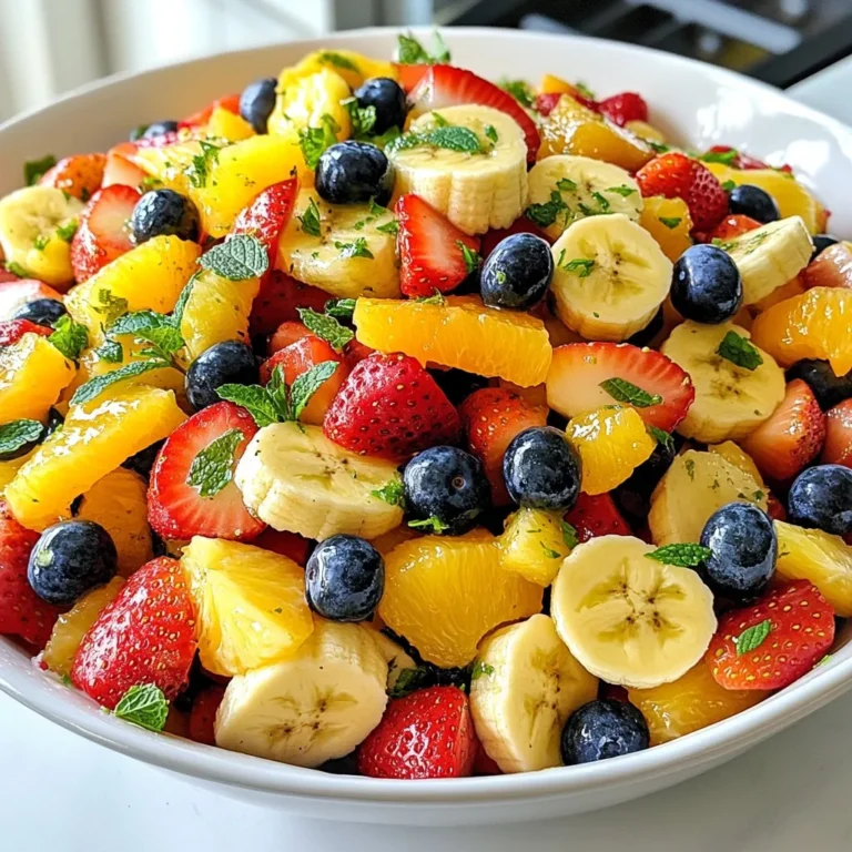 Für den Honig-Limetten-Fruchtsalat brauchst du frische und bunte Früchte. Hier sind die Zutaten: - 2 Tassen Erdbeeren, geputzt und in Scheiben geschnitten - 1 Tasse Blaubeeren - 2 Tassen Ananas, gewürfelt - 2 Orangen, in Segmente geteilt - 1 reife Banane, in Scheiben geschnitten - 1 Esslöffel frische Minze, fein gehackt - 3 Esslöffel Honig - 2 Esslöffel Limettensaft - Abrieb von 1 Limette - Eine Prise Salz Die Früchte in diesem Salat sind nicht nur lecker, sondern auch gesund. Erdbeeren sind reich an Vitamin C. Blaubeeren sind voll mit Antioxidantien, die gut für das Herz sind. Ananas liefert wichtige Enzyme, die die Verdauung fördern. Orangen bieten viel Flüssigkeit und Vitamin C. Bananen geben dir Energie und sind leicht verdaulich. Minze macht den Salat frisch und kühlend. Du kannst viele Früchte verwenden. Statt Erdbeeren kannst du Himbeeren oder Kiwi nehmen. Wenn du keine Ananas hast, probiere Mango. Für einen anderen Geschmack kannst du auch Trauben oder Pfirsiche verwenden. Diese Variationen bringen neue Aromen in deinen Salat. {{ingredient_image_2}} Um den Honig-Limetten-Fruchtsalat zuzubereiten, starte mit der Auswahl der Früchte. Ich empfehle frische, reife Früchte. - Erdbeeren: Zuerst die Erdbeeren waschen und in Scheiben schneiden. - Blaubeeren: Diese können einfach gewaschen werden. - Ananas: Die Ananas in kleine Würfel schneiden. - Orangen: Die Orangen in Segmente teilen. - Banane: Die Banane in Scheiben schneiden. Gib alle Früchte in eine große Schüssel. Mische sie vorsichtig, damit sie nicht zerdrückt werden. Für das Dressing brauchst du einige einfache Zutaten. Nimm eine kleine Schüssel und folge diesen Schritten: - Honig: Füge 3 Esslöffel Honig hinzu. - Limettensaft: Gieße 2 Esslöffel Limettensaft hinein. - Limettenabrieb: Reibe die Schale einer Limette und gib diesen Abrieb dazu. - Salz: Eine Prise Salz rundet den Geschmack ab. Mit einem Schneebesen alles gut vermengen, bis die Mischung glatt ist. Jetzt ist es Zeit, alles zusammenzuführen. Gieße das Dressing gleichmäßig über die Früchte. - Mische alles sanft, damit die Früchte gleichmäßig benetzt sind. - Füge 1 Esslöffel fein gehackte Minze hinzu und mische erneut. Der Salat kann sofort serviert werden. Du kannst ihn aber auch für 15 bis 30 Minuten im Kühlschrank ruhen lassen. So entfalten sich die Aromen besser. Genieß diesen frischen, fruchtigen Salat! Um den besten Honig-Limetten-Fruchtsalat zu machen, wähle frische, reife Früchte. Achte darauf, dass die Erdbeeren strahlend rot sind. Die Ananas sollte süß und saftig sein. Das macht den Salat lecker und frisch. Bereite alle Früchte gleichmäßig vor, um eine schöne Mischung zu erhalten. Wenn du die Früchte in gleichgroße Stücke schneidest, sieht der Salat toll aus. Ein häufiger Fehler ist, die Früchte zu lange stehen zu lassen. Dann werden sie matschig und verlieren ihren Geschmack. Mische das Dressing erst kurz vor dem Servieren unter. Das hält die Früchte knackig. Verwende auch nicht zu viel Salz im Dressing. Eine Prise reicht aus, um die Aromen zu heben. Präsentiere den Salat in einer großen Schüssel für einen tollen Effekt. Du kannst auch kleine Schalen benutzen, um jedem Gast eine Portion zu geben. Garniere den Salat mit frischer Minze für einen Farbklecks. Du kannst auch Limettenscheiben dazu legen. Das macht den Salat einladend und frisch. Pro Tipps Früchte frisch halten: Verwenden Sie frische, reife Früchte für den besten Geschmack und die beste Textur. Überreife Früchte können matschig werden. Aromen verstärken: Lassen Sie den Salat 15-30 Minuten im Kühlschrank ruhen, damit sich die Aromen der Früchte und des Dressings miteinander verbinden können. Minze vor der Verwendung zerkleinern: Zerkleinern Sie die frische Minze leicht, um die ätherischen Öle freizusetzen und den Geschmack zu intensivieren. Variationen ausprobieren: Experimentieren Sie mit verschiedenen Früchten oder Nüssen, um dem Salat einen persönlichen Touch zu geben. Mango oder Kiwi sind hervorragende Ergänzungen. {{image_4}} Du kannst mit verschiedenen Früchten spielen. Probiere Himbeeren oder Kiwis. Mango passt auch gut. Jede Frucht bringt ihren eigenen Geschmack. Mixe, was dir gefällt. So wird dein Salat immer neu. Um mehr Geschmack zu bekommen, füge Nüsse oder Joghurt hinzu. Mandeln oder Walnüsse geben einen tollen Crunch. Joghurt macht den Salat cremig. Auch Kokosraspeln können interessant sein. Sei kreativ und finde deine perfekte Mischung. Dieser Fruchtsalat ist einfach anpassbar. Er ist vegan, wenn du keinen Joghurt benutzt. Für eine glutenfreie Option brauchst du keine speziellen Zutaten. Alle Früchte sind glutenfrei. Genieße den Salat ohne Sorgen über Diäten. Um die Reste des Honig-Limetten-Fruchtsalats gut zu lagern, benutze einen luftdichten Behälter. Fülle den Behälter bis zur Oberkante, um Luft zu vermeiden. Stelle ihn dann in den Kühlschrank. So bleibt der Salat frisch und lecker. Der Honig-Limetten-Fruchtsalat hält sich im Kühlschrank etwa 2 bis 3 Tage. Nach dieser Zeit kann die Frische der Früchte nachlassen. Wenn du die Reste länger aufbewahren willst, friere die Früchte besser separat ein. Um die beste Frische zu erhalten, serviere den Salat am besten sofort nach der Zubereitung. Wenn du ihn im Voraus machen musst, lasse das Dressing separat. Mische erst kurz vor dem Servieren die Früchte mit dem Dressing, um die Textur zu bewahren. Eine Prise frische Minze oben drauf gibt einen tollen Kick! Du kannst den Honig-Limetten-Fruchtsalat bis zu zwei Stunden im Voraus machen. Die Früchte bleiben frisch und knackig. Wenn du ihn länger aufbewahren möchtest, bereite das Dressing getrennt vor. Das hält die Früchte frisch und saftig. Mische alles erst kurz vor dem Servieren. Ja, du kannst andere Dressings ausprobieren! Ein Joghurt-Dressing gibt eine cremige Note. Ein einfaches Zitronen-Dressing kann auch gut passen. Du kannst sogar ein fruchtiges Balsamico-Dressing verwenden. Experimentiere mit verschiedenen Geschmäckern, um deinen Lieblingsmix zu finden. Dieser Fruchtsalat passt toll zu vielen Gerichten. Serviere ihn zu Grillgerichten oder als leichte Beilage. Er ist auch eine gute Wahl für Desserts. Kombiniere ihn mit Joghurt oder Quark für einen gesunden Snack. Du kannst ihn auch auf Pfannkuchen oder Waffeln genießen. Ihr Honig-Limetten-Fruchtsalat ist einfach zuzubereiten und voller frischer Aromen. Wir haben die Hauptzutaten und deren Vorteile besprochen. Ich habe auch Tipps gegeben, um häufige Fehler zu vermeiden und die beste Präsentation zu erzielen. Variationen und Lagerungshinweise helfen Ihnen, Ihren Salat länger frisch zu halten. Denken Sie daran: Dieser Salat ist anpassbar und lecker für jeden Anlass. Experimentieren Sie mit verschiedenen Früchten und Dressings für neue Geschmackserlebnisse. Viel Spaß beim Zubereiten und Genießen!
