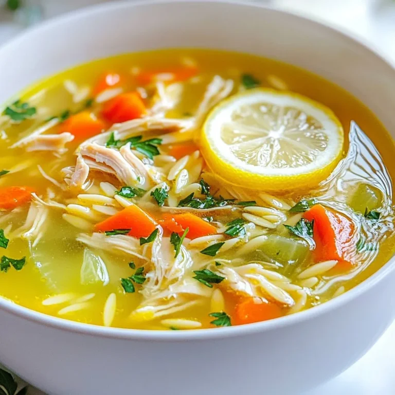 Für die Griechische Zitronen-Hühnchen-Suppe brauchst du: - 450 g Hähnchenbrustfilet, ohne Haut und Knochen - 1 Liter Hühnerbrühe - 240 ml Wasser - 125 g Orzo-Pasta - 2 große Karotten, gewürfelt - 2 Selleriestangen, gewürfelt - 1 mittlere Zwiebel, fein gehackt - 2 Knoblauchzehen, minced - 60 ml frische Petersilie, gehackt - 2 große Zitronen (Saft und Schale) - 30 ml Olivenöl - Salz und Pfeffer nach Geschmack Diese Zutaten geben der Suppe den tollen Geschmack, den wir lieben. Um die Suppe noch besser zu machen, füge diese Gewürze hinzu: - 1/2 Teelöffel getrockneter Oregano - 1/2 Teelöffel Dill (optional) - Frischer Spinat (optional, für mehr Grün) Diese Zutaten machen das Gericht frisch und aromatisch. Wenn du eine andere Variante magst, hier sind Ideen: - Ersetze das Hähnchen durch Kichererbsen für eine vegetarische Option. - Nutze Reis statt Orzo für einen anderen Geschmack. - Füge mehr Gemüse wie Brokkoli oder Zucchini hinzu. So kannst du die Suppe an deinen Geschmack anpassen. {{ingredient_image_2}} Zuerst sammeln wir alle Zutaten. Das macht das Kochen viel leichter. Wir brauchen: - 450 g Hähnchenbrustfilet, ohne Haut und Knochen - 1 Liter Hühnerbrühe - 240 ml Wasser - 125 g Orzo-Pasta - 2 große Karotten, gewürfelt - 2 Selleriestangen, gewürfelt - 1 mittlere Zwiebel, fein gehackt - 2 Knoblauchzehen, minced - 60 ml frische Petersilie, gehackt - 2 große Zitronen (Saft und Schale) - 30 ml Olivenöl - Salz und Pfeffer nach Geschmack - 1/2 Teelöffel getrockneter Oregano - 1/2 Teelöffel Dill (optional) - Frischer Spinat (optional, für zusätzliche grüne) Sobald alles bereit ist, kann die Magie beginnen! Erhitze das Olivenöl in einem großen Topf bei mittlerer Hitze. Füge die gehackte Zwiebel und den Knoblauch hinzu. Brate sie an, bis sie weich sind, circa 3-4 Minuten. Das gibt der Suppe einen tollen Geschmack. Jetzt kommen die gewürfelten Karotten und Sellerie dazu. Koche sie für etwa 5 Minuten. Sie sollen leicht weich werden. Würze das Gemüse mit Salz, Pfeffer, Oregano und Dill, falls du ihn benutzt. Rühre gut um, damit die Gewürze verteilt sind. Gieße die Hühnerbrühe und das Wasser in den Topf. Bring die Mischung zum Kochen. Lege die Hähnchenbruststücke in den Topf. Reduziere die Hitze und lass alles 15-20 Minuten köcheln. Das Hähnchen soll vollständig durchgegart sein. Nimm das Hähnchen vorsichtig heraus und zupfe es mit zwei Gabeln. Gib das zerrissene Hähnchen zurück in den Topf. Jetzt rühre die Orzo-Pasta ein. Koche sie für 8-10 Minuten, bis sie al dente ist. Füge den frischen Zitronensaft, die Zitronenschale und die gehackte Petersilie zur Suppe hinzu. Rühre gut um, damit sich die Aromen vermischen. Wenn du magst, füge kurz vor dem Servieren frischen Spinat hinzu. Rühre, bis er zusammenfällt. Kosten die Suppe und passe die Gewürze nach Bedarf an. Serviere sie heiß mit einem Zitronenschnitz. Das sorgt für extra Frische! Ein häufiger Fehler ist, das Hähnchen zu lange zu kochen. Das Hähnchen wird trocken. Achten Sie darauf, die Stücke nach 15-20 Minuten zu prüfen. Ein weiterer Fehler ist, die Gewürze zu spät hinzuzufügen. Fügen Sie sie früh hinzu, damit sich die Aromen gut entfalten. Zu viel Zitrone kann die Suppe sauer machen. Beginnen Sie mit weniger und fügen Sie mehr nach Geschmack hinzu. Frische Zutaten machen einen großen Unterschied. Sie sorgen für einen klaren Geschmack und mehr Nährstoffe. Verwenden Sie frisches Gemüse wie Karotten und Sellerie. Frische Kräuter wie Petersilie bringen lebendige Aromen. Auch die Brühe sollte frisch sein. Wenn möglich, nutzen Sie selbstgemachte Hühnerbrühe. Das hebt Ihre Suppe auf ein neues Level. Es gibt viele Wege, um die Suppe zu variieren. Fügen Sie eine Handvoll Spinat für mehr Farbe und Nährstoffe hinzu. Oder probieren Sie andere Kräuter wie Thymian oder Basilikum. Statt Orzo können Sie Reis oder Quinoa verwenden. Für eine schärfere Note fügen Sie etwas Chili oder Cayennepfeffer hinzu. Experimentieren Sie mit den Aromen, um Ihre perfekte Suppe zu finden. Pro Tipps Frisches Hähnchen: Verwenden Sie frische Hähnchenbrust für den besten Geschmack. Das Fleisch bleibt saftiger und aromatischer als gefrorenes Hähnchen. Orzo al dente: Kochen Sie die Orzo-Pasta nur bis sie al dente ist, um eine bessere Textur in der Suppe zu erhalten. So bleibt die Pasta bissfest und matscht nicht. Zitronenschale: Verwenden Sie frische Zitronenschale für ein intensiveres Aroma. Die ätherischen Öle in der Schale verleihen der Suppe eine zusätzliche Zitrusnote. Variationen: Fügen Sie zusätzliches Gemüse wie Spinat oder Erbsen hinzu, um die Suppe nahrhafter zu machen. Diese Zutaten bringen nicht nur Farbe, sondern auch zusätzliche Vitamine. {{image_4}} Wenn du die Suppe ohne Hähnchen machen möchtest, ist das ganz einfach. Ersetze das Hähnchen durch Kichererbsen oder Tofu. Diese geben dir Protein und eine tolle Textur. Verwende auch Gemüsebrühe statt Hühnerbrühe. Füge dann mehr Gemüse wie Zucchini oder Paprika hinzu. Auch ein wenig mehr Zitronensaft macht die Suppe frisch und lebendig. Jede Region hat ihren eigenen Stil. In Griechenland fügt man oft Feta-Käse hinzu. Das gibt der Suppe einen salzigen und cremigen Geschmack. Du kannst auch frische Kräuter wie Minze oder Basilikum verwenden. Diese Kräuter bringen einen neuen Geschmack. Experimentiere mit verschiedenen Gewürzen, um die Suppe an deinen Geschmack anzupassen. Die Orzo-Pasta ist hier die Hauptdarstellerin, aber du kannst auch andere Sorten verwenden. Probier kleine Muschelnudeln oder Fadennudeln aus. Sie haben ähnliche Kochzeiten und bringen Abwechslung. Wenn du glutenfrei kochen möchtest, nutze Quinoa oder Reis. Diese Optionen machen die Suppe leicht und gesund. Um die Griechische Zitronen-Hühnchen-Suppe frisch zu halten, kühlen Sie sie schnell ab. Lassen Sie die Suppe auf Raumtemperatur abkühlen, bevor Sie sie in den Kühlschrank stellen. Verwenden Sie luftdichte Behälter, um den Geschmack zu bewahren. Wenn Sie die Suppe einfrieren möchten, füllen Sie sie in gefriergeeignete Beutel. Achten Sie darauf, etwas Platz zu lassen, da die Suppe beim Gefrieren ausdehnt. Sie kann bis zu drei Monate im Gefrierfach bleiben. Im Kühlschrank hält sich die Suppe etwa drei bis vier Tage. Stellen Sie sicher, dass die Suppe gut abgedeckt ist. Es ist hilfreich, die Suppe in Portionen aufzuteilen. So können Sie nur das aufwärmen, was Sie essen möchten. Achten Sie darauf, die Suppe nicht zu lange stehenzulassen. Schmecken Sie die Suppe vor dem Servieren ab, um sicherzustellen, dass die Aromen frisch sind. Um die Suppe aufzuwärmen, gießen Sie sie in einen Topf. Stellen Sie den Herd auf mittlere Hitze und rühren Sie die Suppe regelmäßig um. Sie können auch die Mikrowelle verwenden. Geben Sie die Suppe in eine mikrowellengeeignete Schüssel und decken Sie sie ab. Erhitzen Sie sie in Intervallen von 1-2 Minuten. Überprüfen Sie die Temperatur zwischen den Intervallen. Fügen Sie bei Bedarf einen Spritzer Zitronensaft hinzu, um den frischen Geschmack zu verstärken. Du kannst die Suppe bis zu drei Tage im Kühlschrank aufbewahren. Achte darauf, sie in einem luftdichten Behälter zu lagern. Wenn du die Suppe länger aufbewahren willst, friere sie ein. So bleibt sie bis zu drei Monate frisch. Ja, du kannst gefrorenes Hähnchen verwenden. Stelle sicher, dass du es vorher gut durchkochst. Das Hähnchen sollte vollständig durchgegart sein, bevor du es in die Suppe gibst. So bleibt der Geschmack gut und die Textur angenehm. Serviere die Suppe heiß in tiefen Schalen. Du kannst sie mit frischer Petersilie und einer Zitronenscheibe garnieren. Das bringt frische Aromen in das Gericht. Passt auch gut zu knusprigem Brot zum Dippen. So wird jede Schale zu einem Genuss! In diesem Blogbeitrag haben wir die Zutaten, die Anleitung und wertvolle Tipps für eine leckere Suppe besprochen. Du hast gelernt, wie man die Suppe zubereitet, variieren und lagern kann. Denke daran, frische Zutaten zu wählen und häufige Fehler zu vermeiden. Diese Suppe kann jeder genießen, egal ob mit Hähnchen oder als vegetarische Variante. Experimentiere mit deinen Lieblingsgeschmäckern und finde heraus, was dir am besten gefällt. Bereit, die perfekte Suppe zu kochen? Viel Spaß beim Ausprobieren!