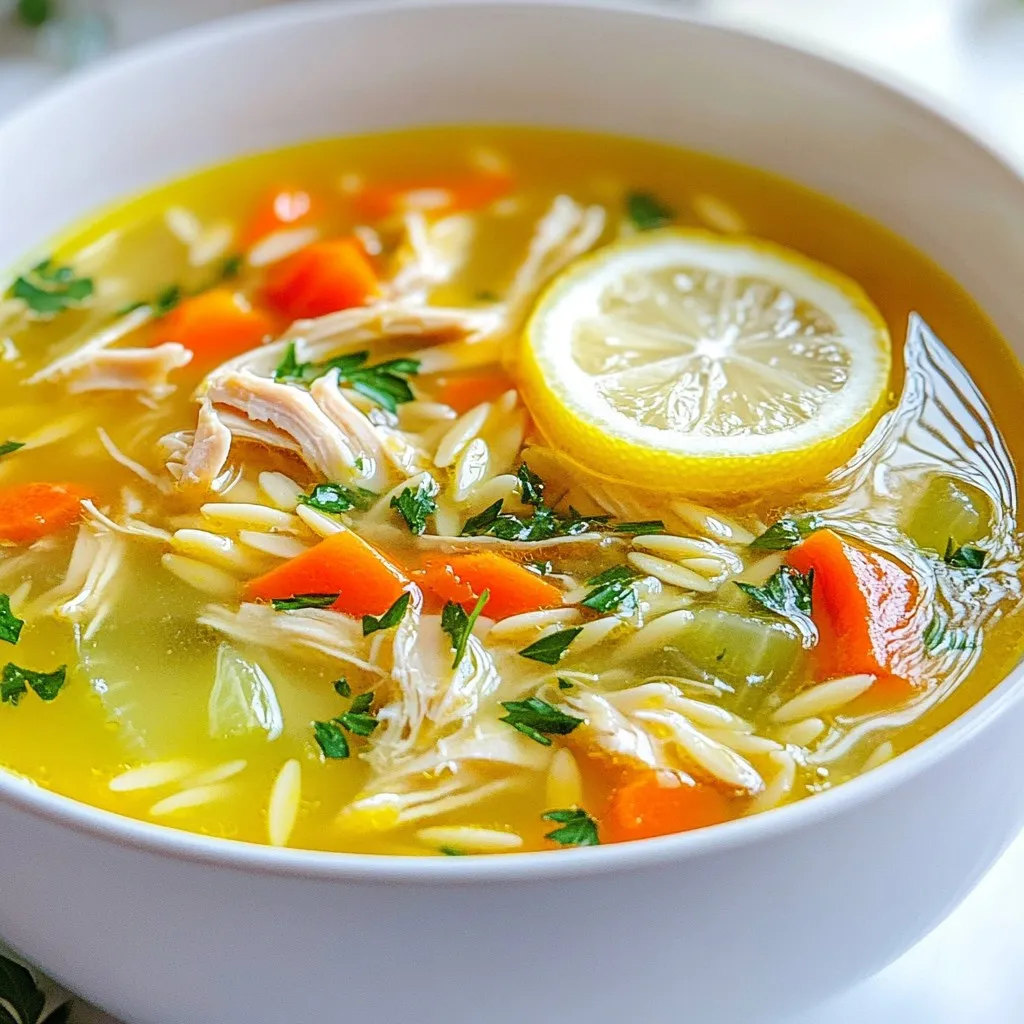 Für die Griechische Zitronen-Hühnchen-Suppe brauchst du: - 450 g Hähnchenbrustfilet, ohne Haut und Knochen - 1 Liter Hühnerbrühe - 240 ml Wasser - 125 g Orzo-Pasta - 2 große Karotten, gewürfelt - 2 Selleriestangen, gewürfelt - 1 mittlere Zwiebel, fein gehackt - 2 Knoblauchzehen, minced - 60 ml frische Petersilie, gehackt - 2 große Zitronen (Saft und Schale) - 30 ml Olivenöl - Salz und Pfeffer nach Geschmack Diese Zutaten geben der Suppe den tollen Geschmack, den wir lieben. Um die Suppe noch besser zu machen, füge diese Gewürze hinzu: - 1/2 Teelöffel getrockneter Oregano - 1/2 Teelöffel Dill (optional) - Frischer Spinat (optional, für mehr Grün) Diese Zutaten machen das Gericht frisch und aromatisch. Wenn du eine andere Variante magst, hier sind Ideen: - Ersetze das Hähnchen durch Kichererbsen für eine vegetarische Option. - Nutze Reis statt Orzo für einen anderen Geschmack. - Füge mehr Gemüse wie Brokkoli oder Zucchini hinzu. So kannst du die Suppe an deinen Geschmack anpassen. {{ingredient_image_2}} Zuerst sammeln wir alle Zutaten. Das macht das Kochen viel leichter. Wir brauchen: - 450 g Hähnchenbrustfilet, ohne Haut und Knochen - 1 Liter Hühnerbrühe - 240 ml Wasser - 125 g Orzo-Pasta - 2 große Karotten, gewürfelt - 2 Selleriestangen, gewürfelt - 1 mittlere Zwiebel, fein gehackt - 2 Knoblauchzehen, minced - 60 ml frische Petersilie, gehackt - 2 große Zitronen (Saft und Schale) - 30 ml Olivenöl - Salz und Pfeffer nach Geschmack - 1/2 Teelöffel getrockneter Oregano - 1/2 Teelöffel Dill (optional) - Frischer Spinat (optional, für zusätzliche grüne) Sobald alles bereit ist, kann die Magie beginnen! Erhitze das Olivenöl in einem großen Topf bei mittlerer Hitze. Füge die gehackte Zwiebel und den Knoblauch hinzu. Brate sie an, bis sie weich sind, circa 3-4 Minuten. Das gibt der Suppe einen tollen Geschmack. Jetzt kommen die gewürfelten Karotten und Sellerie dazu. Koche sie für etwa 5 Minuten. Sie sollen leicht weich werden. Würze das Gemüse mit Salz, Pfeffer, Oregano und Dill, falls du ihn benutzt. Rühre gut um, damit die Gewürze verteilt sind. Gieße die Hühnerbrühe und das Wasser in den Topf. Bring die Mischung zum Kochen. Lege die Hähnchenbruststücke in den Topf. Reduziere die Hitze und lass alles 15-20 Minuten köcheln. Das Hähnchen soll vollständig durchgegart sein. Nimm das Hähnchen vorsichtig heraus und zupfe es mit zwei Gabeln. Gib das zerrissene Hähnchen zurück in den Topf. Jetzt rühre die Orzo-Pasta ein. Koche sie für 8-10 Minuten, bis sie al dente ist. Füge den frischen Zitronensaft, die Zitronenschale und die gehackte Petersilie zur Suppe hinzu. Rühre gut um, damit sich die Aromen vermischen. Wenn du magst, füge kurz vor dem Servieren frischen Spinat hinzu. Rühre, bis er zusammenfällt. Kosten die Suppe und passe die Gewürze nach Bedarf an. Serviere sie heiß mit einem Zitronenschnitz. Das sorgt für extra Frische! Ein häufiger Fehler ist, das Hähnchen zu lange zu kochen. Das Hähnchen wird trocken. Achten Sie darauf, die Stücke nach 15-20 Minuten zu prüfen. Ein weiterer Fehler ist, die Gewürze zu spät hinzuzufügen. Fügen Sie sie früh hinzu, damit sich die Aromen gut entfalten. Zu viel Zitrone kann die Suppe sauer machen. Beginnen Sie mit weniger und fügen Sie mehr nach Geschmack hinzu. Frische Zutaten machen einen großen Unterschied. Sie sorgen für einen klaren Geschmack und mehr Nährstoffe. Verwenden Sie frisches Gemüse wie Karotten und Sellerie. Frische Kräuter wie Petersilie bringen lebendige Aromen. Auch die Brühe sollte frisch sein. Wenn möglich, nutzen Sie selbstgemachte Hühnerbrühe. Das hebt Ihre Suppe auf ein neues Level. Es gibt viele Wege, um die Suppe zu variieren. Fügen Sie eine Handvoll Spinat für mehr Farbe und Nährstoffe hinzu. Oder probieren Sie andere Kräuter wie Thymian oder Basilikum. Statt Orzo können Sie Reis oder Quinoa verwenden. Für eine schärfere Note fügen Sie etwas Chili oder Cayennepfeffer hinzu. Experimentieren Sie mit den Aromen, um Ihre perfekte Suppe zu finden. Pro Tipps Frisches Hähnchen: Verwenden Sie frische Hähnchenbrust für den besten Geschmack. Das Fleisch bleibt saftiger und aromatischer als gefrorenes Hähnchen. Orzo al dente: Kochen Sie die Orzo-Pasta nur bis sie al dente ist, um eine bessere Textur in der Suppe zu erhalten. So bleibt die Pasta bissfest und matscht nicht. Zitronenschale: Verwenden Sie frische Zitronenschale für ein intensiveres Aroma. Die ätherischen Öle in der Schale verleihen der Suppe eine zusätzliche Zitrusnote. Variationen: Fügen Sie zusätzliches Gemüse wie Spinat oder Erbsen hinzu, um die Suppe nahrhafter zu machen. Diese Zutaten bringen nicht nur Farbe, sondern auch zusätzliche Vitamine. {{image_4}} Wenn du die Suppe ohne Hähnchen machen möchtest, ist das ganz einfach. Ersetze das Hähnchen durch Kichererbsen oder Tofu. Diese geben dir Protein und eine tolle Textur. Verwende auch Gemüsebrühe statt Hühnerbrühe. Füge dann mehr Gemüse wie Zucchini oder Paprika hinzu. Auch ein wenig mehr Zitronensaft macht die Suppe frisch und lebendig. Jede Region hat ihren eigenen Stil. In Griechenland fügt man oft Feta-Käse hinzu. Das gibt der Suppe einen salzigen und cremigen Geschmack. Du kannst auch frische Kräuter wie Minze oder Basilikum verwenden. Diese Kräuter bringen einen neuen Geschmack. Experimentiere mit verschiedenen Gewürzen, um die Suppe an deinen Geschmack anzupassen. Die Orzo-Pasta ist hier die Hauptdarstellerin, aber du kannst auch andere Sorten verwenden. Probier kleine Muschelnudeln oder Fadennudeln aus. Sie haben ähnliche Kochzeiten und bringen Abwechslung. Wenn du glutenfrei kochen möchtest, nutze Quinoa oder Reis. Diese Optionen machen die Suppe leicht und gesund. Um die Griechische Zitronen-Hühnchen-Suppe frisch zu halten, kühlen Sie sie schnell ab. Lassen Sie die Suppe auf Raumtemperatur abkühlen, bevor Sie sie in den Kühlschrank stellen. Verwenden Sie luftdichte Behälter, um den Geschmack zu bewahren. Wenn Sie die Suppe einfrieren möchten, füllen Sie sie in gefriergeeignete Beutel. Achten Sie darauf, etwas Platz zu lassen, da die Suppe beim Gefrieren ausdehnt. Sie kann bis zu drei Monate im Gefrierfach bleiben. Im Kühlschrank hält sich die Suppe etwa drei bis vier Tage. Stellen Sie sicher, dass die Suppe gut abgedeckt ist. Es ist hilfreich, die Suppe in Portionen aufzuteilen. So können Sie nur das aufwärmen, was Sie essen möchten. Achten Sie darauf, die Suppe nicht zu lange stehenzulassen. Schmecken Sie die Suppe vor dem Servieren ab, um sicherzustellen, dass die Aromen frisch sind. Um die Suppe aufzuwärmen, gießen Sie sie in einen Topf. Stellen Sie den Herd auf mittlere Hitze und rühren Sie die Suppe regelmäßig um. Sie können auch die Mikrowelle verwenden. Geben Sie die Suppe in eine mikrowellengeeignete Schüssel und decken Sie sie ab. Erhitzen Sie sie in Intervallen von 1-2 Minuten. Überprüfen Sie die Temperatur zwischen den Intervallen. Fügen Sie bei Bedarf einen Spritzer Zitronensaft hinzu, um den frischen Geschmack zu verstärken. Du kannst die Suppe bis zu drei Tage im Kühlschrank aufbewahren. Achte darauf, sie in einem luftdichten Behälter zu lagern. Wenn du die Suppe länger aufbewahren willst, friere sie ein. So bleibt sie bis zu drei Monate frisch. Ja, du kannst gefrorenes Hähnchen verwenden. Stelle sicher, dass du es vorher gut durchkochst. Das Hähnchen sollte vollständig durchgegart sein, bevor du es in die Suppe gibst. So bleibt der Geschmack gut und die Textur angenehm. Serviere die Suppe heiß in tiefen Schalen. Du kannst sie mit frischer Petersilie und einer Zitronenscheibe garnieren. Das bringt frische Aromen in das Gericht. Passt auch gut zu knusprigem Brot zum Dippen. So wird jede Schale zu einem Genuss! In diesem Blogbeitrag haben wir die Zutaten, die Anleitung und wertvolle Tipps für eine leckere Suppe besprochen. Du hast gelernt, wie man die Suppe zubereitet, variieren und lagern kann. Denke daran, frische Zutaten zu wählen und häufige Fehler zu vermeiden. Diese Suppe kann jeder genießen, egal ob mit Hähnchen oder als vegetarische Variante. Experimentiere mit deinen Lieblingsgeschmäckern und finde heraus, was dir am besten gefällt. Bereit, die perfekte Suppe zu kochen? Viel Spaß beim Ausprobieren!