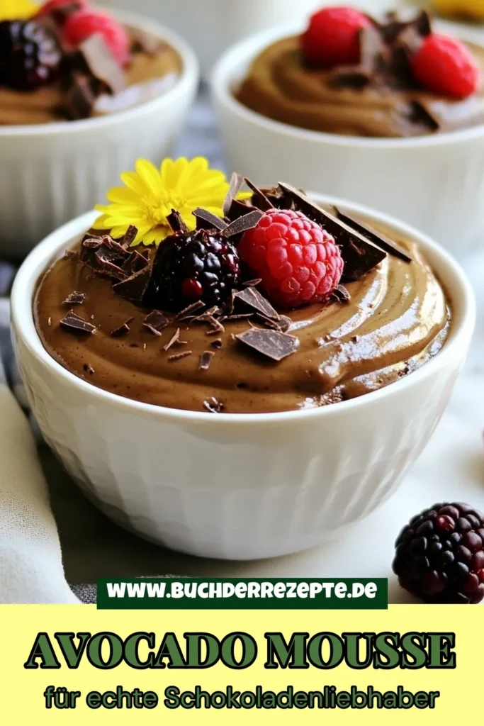 Entdecken Sie das köstliche Rezept für Avocado Schokoladenmousse, das perfekt für gesunde Desserts mit Avocado ist. Diese vegane Schokoladenmousse ist einfach zuzubereiten und voller nährstoffreicher Zutaten. Verwenden Sie ungesüßtes Kakaopulver für einen intensiven Geschmack in dieser einfachen Mousse Rezept. Verwöhnen Sie sich mit einer gesunden Leckerei! Jetzt ausprobieren und pinnen! #AvocadoSchokoladenmousse #veganeSchokoladenmousse #gesundeDesserts #KakaopulverRezept