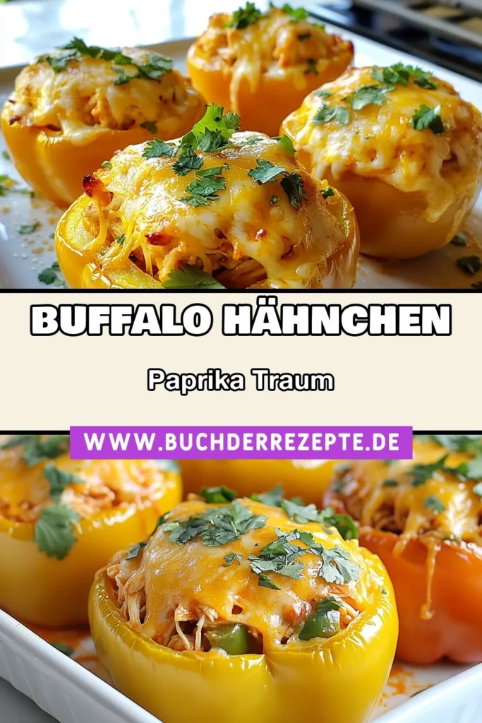 Entdecke dieses köstliche Rezept für Buffalo Chicken gefüllte Paprika! Diese gesunde Paprika-Rezepte kombinieren zartes Hähnchen in würziger Buffalo-Sauce mit cremigem Frischkäse und geschmolzenem Cheddar. Perfekt zum Abendessen oder als Snack! Lass dich von der Vielfalt der Farben und Aromen inspirieren. Probiere es jetzt aus und teile es! #BuffaloChicken #RezeptFürGefülltePaprika #PaprikaMitFrischkäse #GesundePaprikaRezepte
