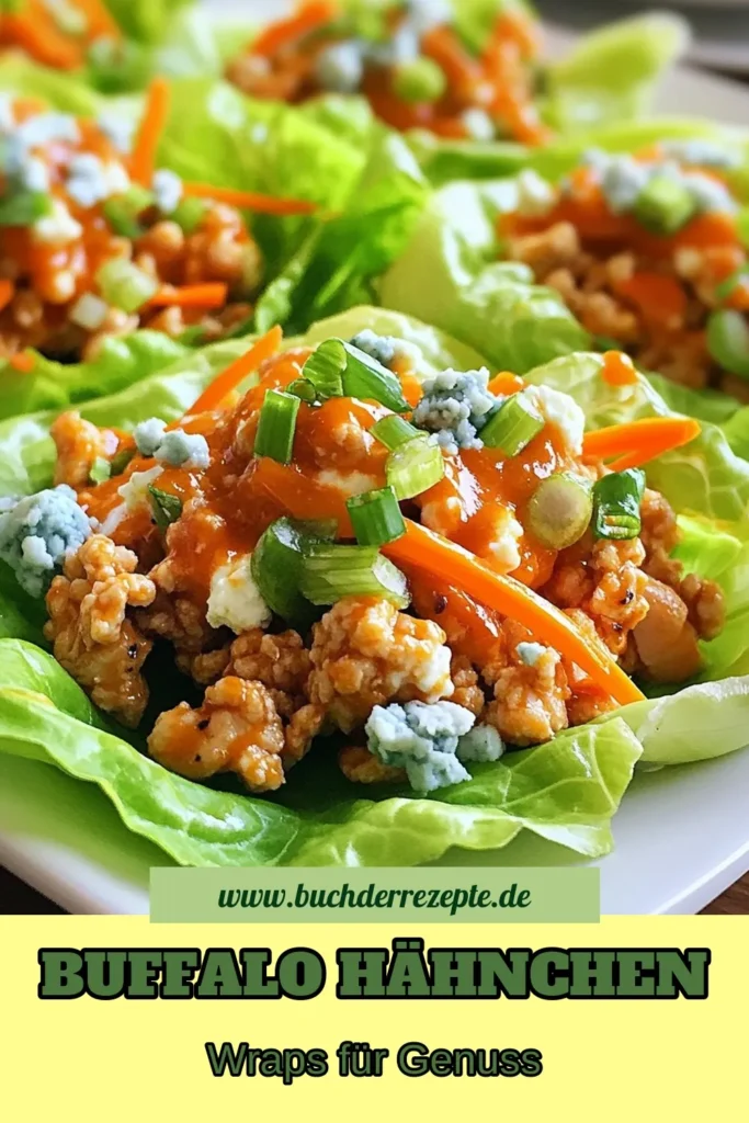 Entdecke dieses leckere Rezept für Buffalo Hähnchen-Wraps! Diese Hähnchen Lettuce Wraps sind nicht nur einfach zuzubereiten, sondern auch gesunde Buffalo Hähnchen Snacks, die perfekt für jede Gelegenheit sind. Verwende passgenau Buffalo Sauce, um das Gericht aufzupeppen. Probiere unser einfaches Hähnchen Rezept aus und genieße den vollen Geschmack! Speichere das Rezept für später und teile deine Kreationen! #BuffaloHähnchenWraps #HähnchenLettuceWraps #BuffaloSnacks #GesundeRezepte