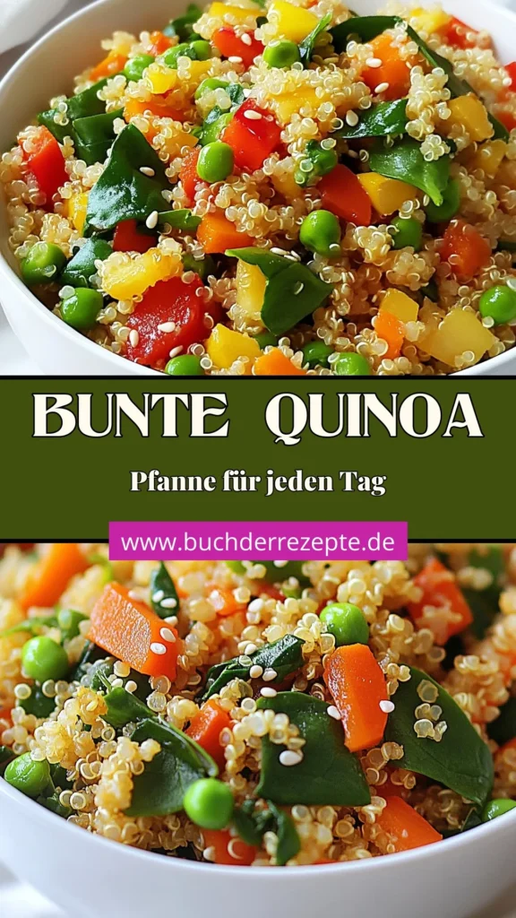 Entdecken Sie dieses gesunde Quinoa Gericht mit unserer bunten Gemüse Quinoa Pfanne! Dieses einfache Quinoa Rezept mit Gemüse vereint frische Zutaten und gehört zu den besten veganen Quinoa Pfannen. Ideal für eine schnelle Quinoa Zubereitung in nur 35 Minuten. Perfekt für eine nahrhafte Mahlzeit, die auch noch sättigt. Probieren Sie es aus und speichern Sie das Rezept für eine gesunde Ernährung! #QuinoaRezepte #VeganesEssen #GesundKochen #SchnelleRezepte