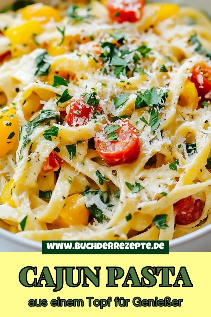 Entdecke dieses köstliche Ein-Topf Pasta Rezept für cremige Cajun Pasta! Dieses schnelle Pasta Gericht vereint Fettuccine mit frischem Spinat, erfrischenden Cherrytomaten und einer köstlichen Cajun Gewürzmischung. Perfekt für ein einfaches Abendessen. Lass dir diese aromatische vegetarische Pasta mit Spinat nicht entgehen. Speichere das Rezept und teile es mit Freunden! #CremigeCajunPasta #EinTopfPastaRezept #SchnellePastaGerichte #CajunGewürzRezepte