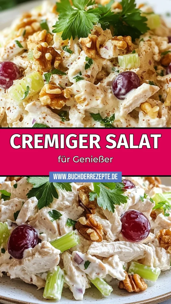 Entdecken Sie unser Rezept für cremigen Joghurt Hühnchensalat, das gesund und einfach zuzubereiten ist! Dieser griechische Joghurt Salat kombiniert zarte Hähnchenbrust mit frischem Gemüse und Nüssen, perfekt für ein leichtes Mittagessen oder als Snack. Genießen Sie gesunde Salatrezepte mit wenig Aufwand! Probieren Sie es heute aus und erleben Sie den Geschmack! #HähnchenbrustRezept #gesundeSalatrezepte #einfachesHühnchenrezept #JoghurtSalat