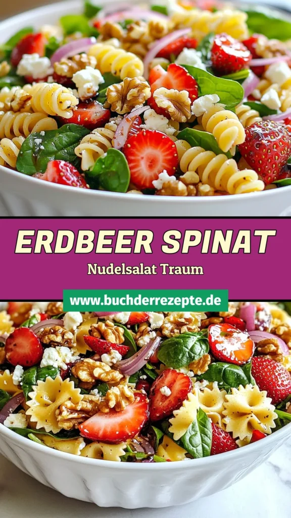 Genießen Sie diesen köstlichen Erdbeer Spinat Nudelsalat, perfekt für den Sommer! Unser gesunder Nudelsalat mit Vollkornpasta Rezept kombiniert frische Erdbeeren, zarten Spinat und cremigen Feta-Käse, abgerundet mit einem geschmackvollen Balsamico Essig Dressing. Ideal als leichte Mahlzeit oder als Beilage! Probiere das Rezept heute aus und bring frische Aromen in deine Küche! #ErdbeerSpinatNudelsalat #SommerSalat #GesunderNudelsalat #VollkornpastaRezept