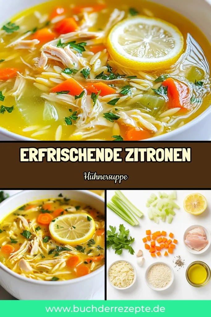 Entdecken Sie die köstliche Zitronen-Hähnchen-Suppe mit Orzo-Pasta, ein gesundes griechisches Hühnersuppen-Rezept! Diese mediterrane Suppe vereint frische Aromen von Zitrone und Kräutern und ist perfekt für jede Gelegenheit. Einfach zuzubereiten, nahrhaft und voller Geschmack - die ideale Wahl für eine gesunde Mahlzeit. Probieren Sie dieses Rezept und teilen Sie Ihre Kreation! #ZitronenHähnchenSuppe #griechischeHühnersuppe #OrzoPastaRezept #gesundeHühnersuppe