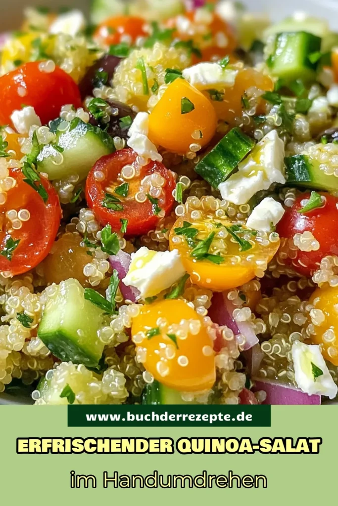 Entdecke den köstlichen Mediterraner Quinoa-Salat, ein gesunder Quinoa-Salat, der ideal für vegane Quinoa-Rezepte eignet. Dieser frische Salat mit Feta und Oliven ist perfekt für schnelle Salatrezepte und ist in nur 15 Minuten zubereitet. Verwöhne dich mit gesunden Zutaten und einem aromatischen Dressing! Jetzt ausprobieren und speichern! #QuinoaSalat #VeganeRezepte #GesundeErnährung #SchnelleGerichte