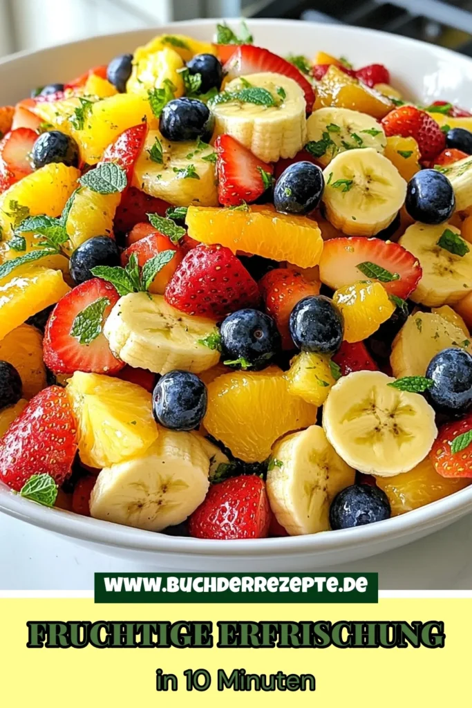 Entdecke das erfrischende Fruchtsalat Rezept mit einem köstlichen Honig-Limetten-Dressing, perfekt für heiße Sommertage! Dieser gesunde Sommerrezepte ergänzt jeden Anlass und enthält frische Früchte wie Erdbeeren, Ananas und Minze. Probiere dieses einfache Obstrezepte aus und bringe Farbe auf den Tisch. Jetzt nachmachen und genießen! #FruchtsalatRezept #HonigLimettenDressing #GesundeSommerrezepte #ObstsalatMitMinze