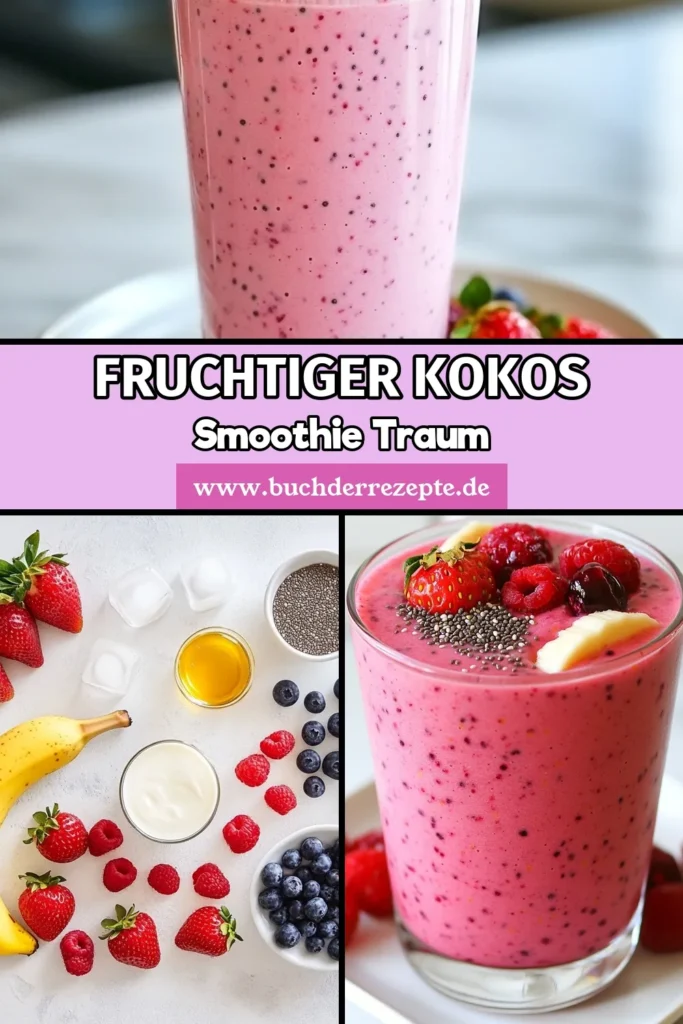 Entdecken Sie unser köstliches Rezept für einen Beeren Kokos Smoothie! Dieser gesunde Beeren Smoothie kombiniert gemischte Beeren mit cremiger Kokosnuss und griechischem Joghurt für eine erfrischende Geschmacksexplosion. Das Chiasamen Smoothie Rezept ist einfach und schnell zubereitet. Perfekt für den Sommer! Probieren Sie es aus und überzeugen Sie sich selbst! Speichern Sie das Rezept für später! #BeerenKokosSmoothie #gesunderSmoothie #Kokosmilch #SmoothieRezept
