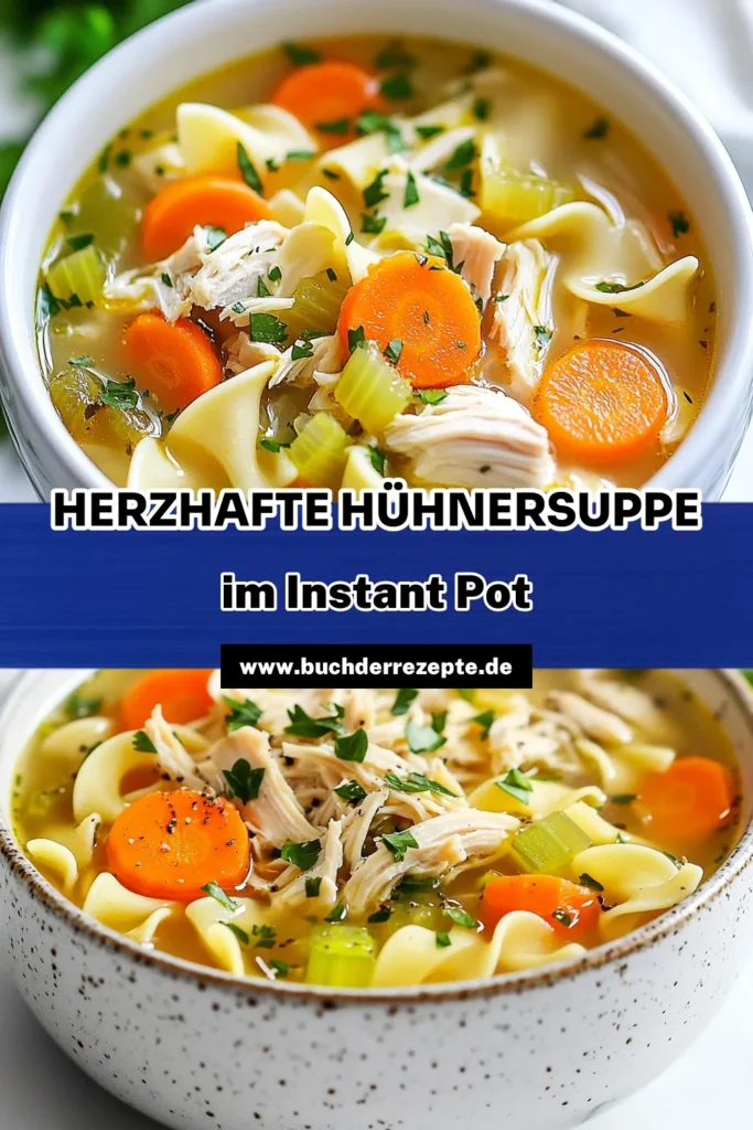Entdecken Sie das perfekte Rezept für eine herzhafte Hühnersuppe Instant Pot! Diese schnelle Hühnersuppe Rezept ist ideal für kalte Tage und lässt sich einfach zubereiten. Mit zarten Hühnerbrustfilets und Nudeln wird es zur gesunden Hühnersuppe, die jeden begeistert. Probieren Sie unser Instant Pot Rezept einfach aus und genießen Sie eine warme, köstliche Mahlzeit. Speichern Sie es für später! #HühnersuppeInstantPot #SuppeMitNudeln #schnelleRezepte #InstantPotKochen
