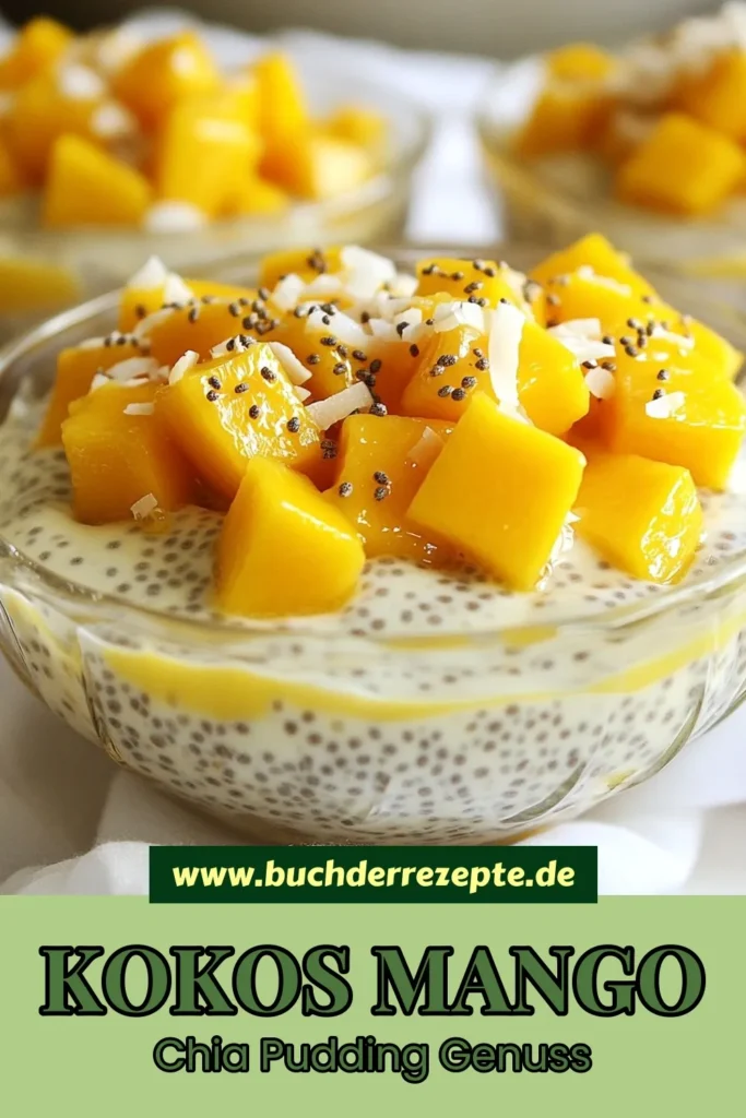 Entdecke das einfache Rezept für Kokos-Mango-Chia-Pudding! Dieser gesunde Chia-Pudding ist das perfekte vegane Dessert Rezept, das mithilfe von cremiger Kokosmilch zaubert. Genieße diesen fruchtigen Pudding, der nicht nur lecker, sondern auch nahrhaft ist. Lass ihn mindestens 4 Stunden kühlen und serviere ihn mit frischer Mango und Kokosraspeln. Probiere es aus und teile deine Kreation! #KokosMangoChiaPudding #VeganesDessert #GesunderChiaPudding #KokosmilchDessert