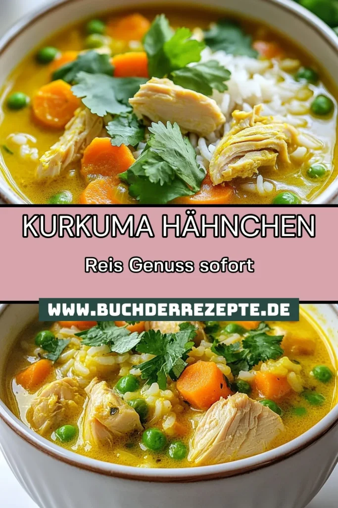 Entdecke die wunderbare Kurkuma Hähnchen Suppe, ein gesundes Hähnchen Reis Rezept, das voller Aromen steckt. Diese gesunde Hähnchensuppe mit Jasminreis bringt nicht nur Wärme, sondern auch Vitalität in deine Küche. Perfekt für kalte Tage! Probiere dieses Kurkuma Rezept gesund aus und genieße eine nahrhafte Mahlzeit. Speichere das Rezept jetzt für eine schnelle und köstliche Zubereitung. #KurkumaHähnchenSuppe #HähnchenReisRezept #GesundeHähnchensuppe #KurkumaRezeptGesund