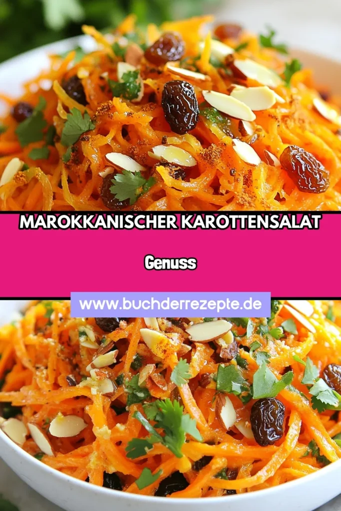 Entdecke unseren köstlichen marokkanischen Gewürzkarottensalat, ein ideales gesundes Rezept für jede Gelegenheit! Dieser vegane Karottensalat mit Koriander verbindet die Süße von Karotten und Rosinen mit aromatischen Gewürzen. Perfekt als einfache Beilage oder leichter Snack! Probiere es jetzt aus und bringe inspirierende Aromen in deine Küche! Lege den Rezeptpin gleich ab! #marokkanischerGewürzkarottensalat #KarottensalatmitKoriander #gesundeRezepte #veganerKarottensalat