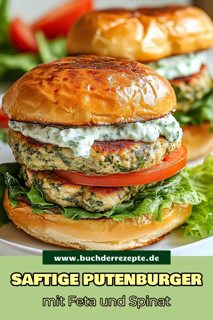 Entdecke dieses köstliche Putenburger Rezept mit Spinat-Feta für eine gesunde und leckere Mahlzeit! Diese Spinat-Feta Burger sind nicht nur einfach zuzubereiten, sondern auch eine großartige Option für gesunde Burger Rezepte. Fülle deine Burger mit frischem Spinat und Feta für zusätzlichen Geschmack! Serviere sie mit Tzatziki Burger Belägen für das perfekte Geschmackserlebnis. Speichere dir diese gefüllte Burger Idee für dein nächstes Grillfest! #Putenburger #SpinatFetaBurger #GesundeBurger #BurgerRezepte