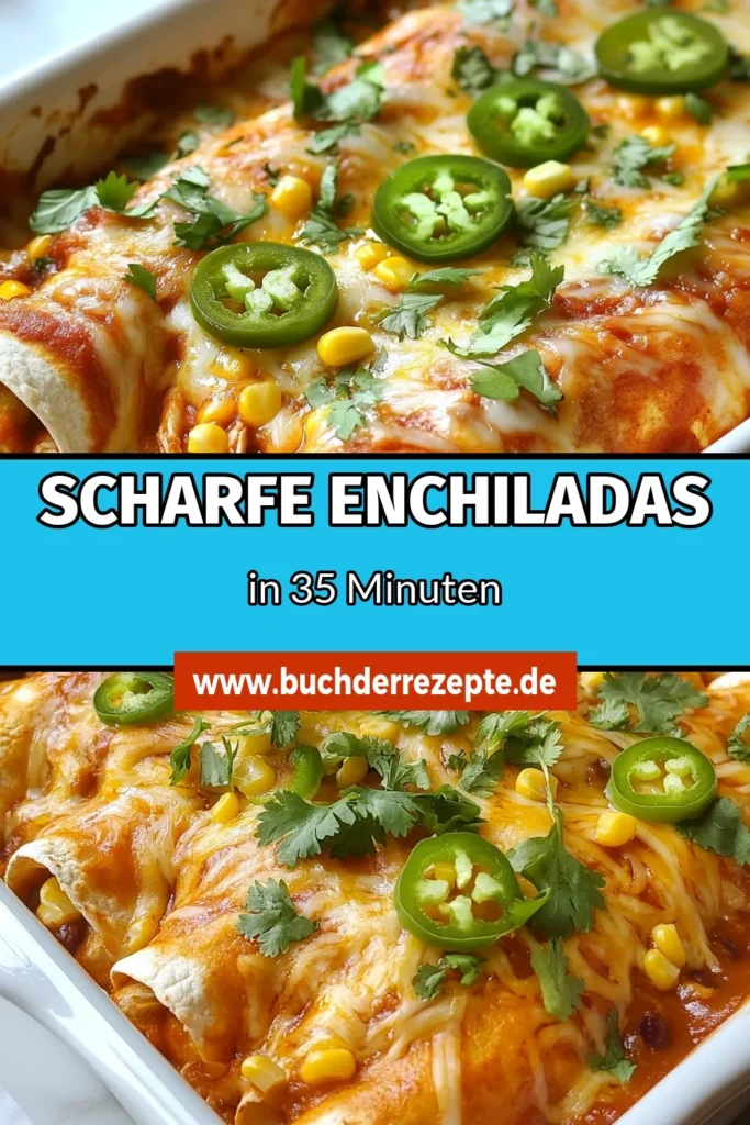 Entdecken Sie das einfache Rezept für scharfe Hühnchen-Enchiladas, das perfekt zur Tex-Mex Küche passt. Diese schnellen Enchiladas sind mit zerkleinertem Hühnchen, Bohnen und Käse gefüllt – ideal für ein schnelles Abendessen! Genießen Sie Ihr mexikanisches Hühnchenrezept, das innerhalb von 35 Minuten zubereitet ist. Machen Sie Ihre nächste Mahlzeit unvergesslich und speichern Sie dieses Enchiladas Rezept! #HühnchenEnchiladas #TexMex #EssenLieben #SchnelleRezepte
