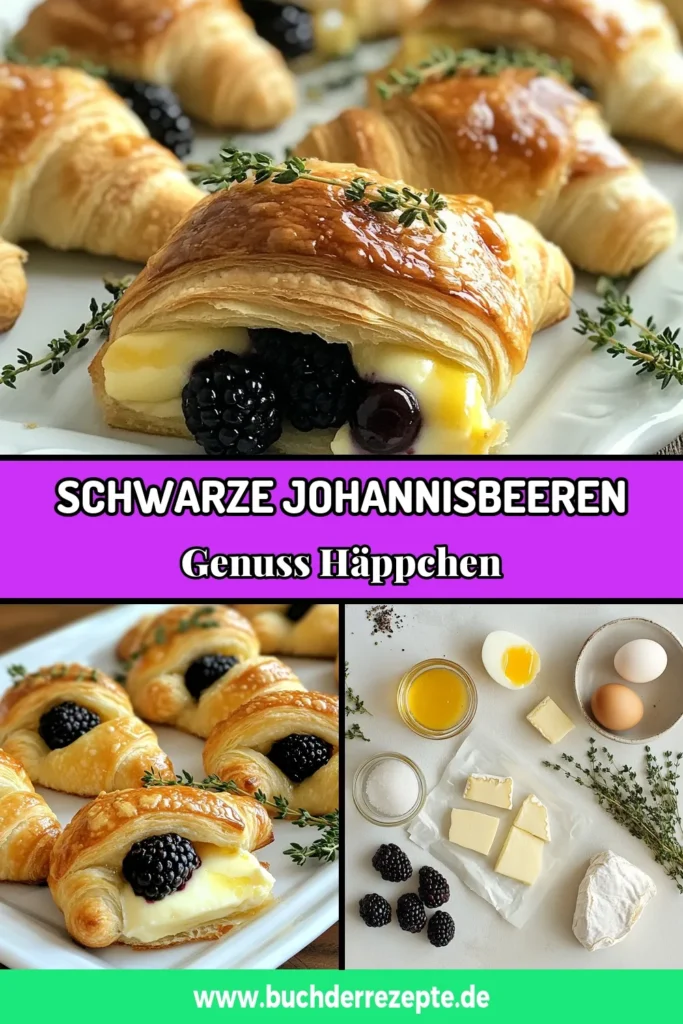 Entdecken Sie dieses leckere Schwarze Johannisbeeren Rezept für Brie Croissant Häppchen! Diese schnellen Häppchen mit Käse sind das perfekte Fingerfood für jede Gelegenheit. Einfach zuzubereiten und unwiderstehlich im Geschmack, sind sie die idealen leckeren Snacks mit Obst. Lassen Sie sich von den Aromen verzaubern und servieren Sie sie warm. Perfekt für Partys oder gemütliche Abende! Speichern Sie das Rezept für Ihre nächste Feier! #SchwarzeJohannisbeeren #Fingerfood #Brie #Snacks
