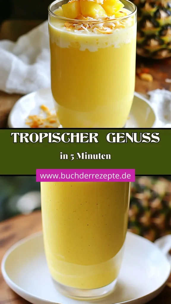 Genießen Sie einen erfrischenden Sommer-Drink mit diesem tropischen Ananas-Kokos-Smoothie! Dieses Ananas-Kokos-Rezept ist perfekt für heiße Tage und kombiniert frische Ananas, Banane und cremige Kokosmilch zu einem gesunden Frucht-Smoothie. Bereiten Sie diesen köstlichen Smoothie in nur 5 Minuten zu und erfrischen Sie sich! Speichern Sie das Rezept für Ihren nächsten Sommergenuss! #AnanasKokosSmoothie #SmoothieRezept #Sommergetränk #GesundeErnährung