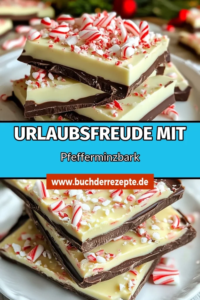 Genieße die festliche Saison mit diesem köstlichen Urlaubs-Pfefferminz-Bark Rezept. Kombiniere Zartbitterschokolade mit weißer Schokolade und einem Hauch von Pfefferminz für ein unwiderstehliches Geschmackserlebnis. Perfekt für Feiern oder als selbstgemachte Schokoladenbark Geschenke! Probiere dieses festliche Süßigkeiten Rezept aus und bring etwas Weihnachtszauber in deine Küche. Speichere dieses Rezept für die Feiertage! #PfefferminzBark #SchokoladenRezept #FestlicheSüßigkeiten #Selbstgemacht
