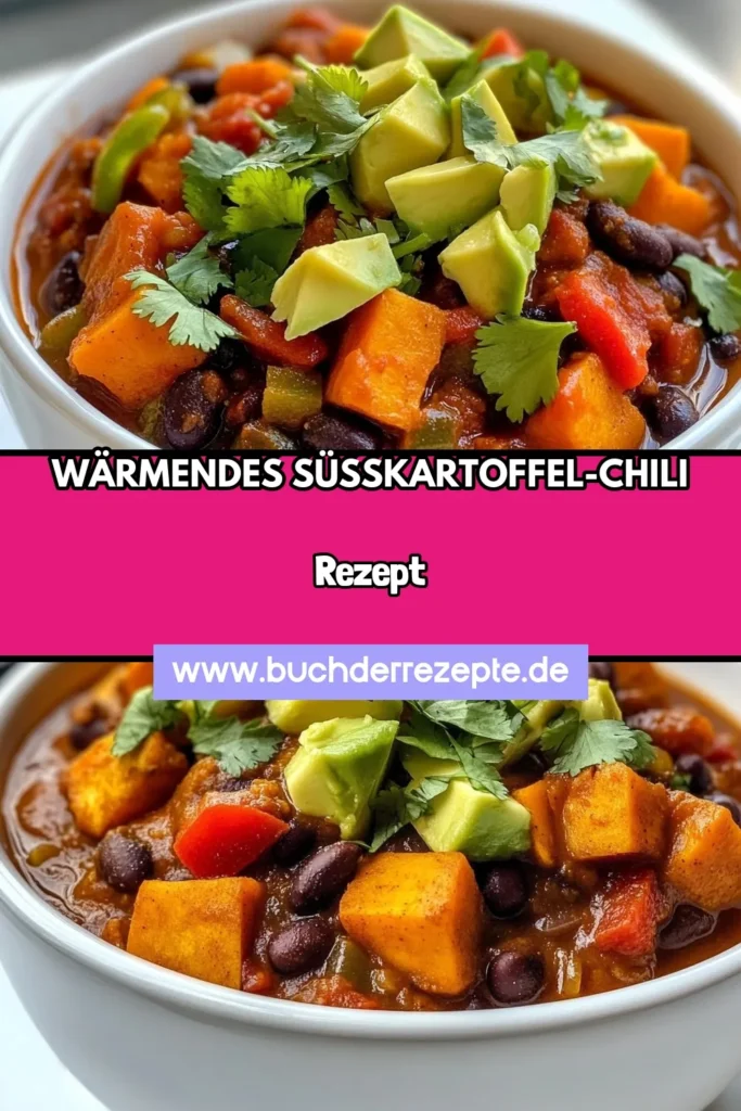 Entdecken Sie unser köstliches Süßkartoffel Chili Rezept! Dieses vegane Chili mit schwarzen Bohnen ist einfach zuzubereiten und bietet eine gesunde, herzhafte Mahlzeit. Kombinieren Sie Chili mit Süßkartoffeln und Avocado für extra Frische. Perfekt für alle, die gesunde Chili Rezepte lieben! Holen Sie sich jetzt das Rezept und genießen Sie diese nahrhafte Leckerei. Speichern Sie es für später! #SüßkartoffelChili #VeganesChili #GesundeRezepte #ChiliZubereitung
