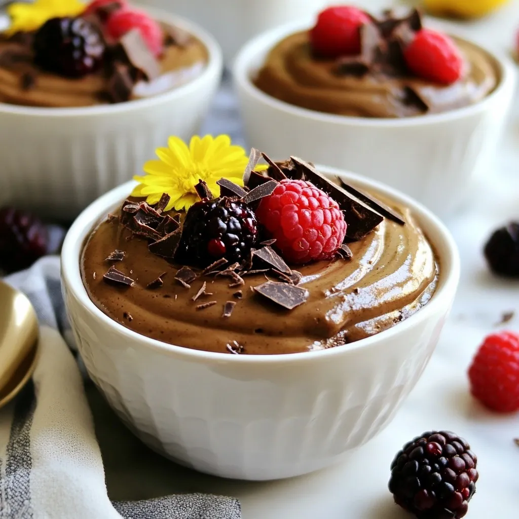 Um eine leckere Avocado Schokoladenmousse zuzubereiten, brauchst du folgende Hauptzutaten: - 2 reife Avocados, entkernt und geschält - 1/2 Tasse ungesüßtes Kakaopulver - 1/4 Tasse Ahornsirup oder Honig - 1/4 Tasse Mandelmilch oder eine Milch nach Wahl - 1 Teelöffel Vanilleextrakt - Eine Prise Meersalz - Frische Beeren zur Dekoration - Zarte dunkle Schokolade zum Garnieren Diese Zutaten machen die Mousse cremig und schokoladig. Reife Avocados sind wichtig, denn sie sorgen für die richtige Konsistenz. Du kannst verschiedene Süßungsmittel verwenden. Ich empfehle Ahornsirup oder Honig. Beide geben der Mousse eine natürliche Süße. Wenn du es noch süßer magst, füge einfach mehr hinzu. Du kannst auch Agavendicksaft nutzen. Probiere aus, was dir schmeckt! Wenn du keine Mandelmilch hast, sind andere Milchsorten auch in Ordnung. Du kannst normale Milch, Sojamilch oder Kokosmilch verwenden. Jede Option bringt ihren eigenen Geschmack. Ich liebe es, mit verschiedenen Milchsorten zu experimentieren, um neue Aromen zu entdecken. {{ingredient_image_2}} Zuerst wähle zwei reife Avocados aus. Diese sollten weich, aber nicht überreif sein. Halbiere jede Avocado und entferne den Kern. Mit einem Löffel schöpfe das Fruchtfleisch heraus. Gib das Fruchtfleisch in eine Schüssel oder in den Foodprocessor. Füge die folgenden Zutaten hinzu: - 1/2 Tasse ungesüßtes Kakaopulver - 1/4 Tasse Ahornsirup (oder Honig) - 1/4 Tasse Mandelmilch (oder eine Milch nach Wahl) - 1 Teelöffel Vanilleextrakt - Eine Prise Meersalz Mix die Zutaten gut zusammen. Du möchtest eine glatte und cremige Konsistenz erreichen. Wenn nötig, schabe die Seiten ab, um alles gut zu vermischen. Probiere die Mousse und füge mehr Süße hinzu, wenn du es magst. Wenn die Mousse zu dick ist, gebe einen kleinen Schuss Mandelmilch hinzu. Sobald die Mousse cremig ist, fülle sie in Servierschalen. Decke die Schalen mit Frischhaltefolie ab. Stelle sie für mindestens 30 Minuten in den Kühlschrank. So wird die Mousse fest und die Aromen kommen zur Geltung. Vor dem Servieren kannst du jede Mousse mit frischen Beeren und gehobelter dunkler Schokolade dekorieren. Das sieht nicht nur schön aus, sondern schmeckt auch lecker! Um die perfekte Konsistenz für Ihre Avocado Schokoladenmousse zu erreichen, ist der Mixvorgang entscheidend. Nutzen Sie einen Foodprocessor. Geben Sie alle Zutaten in die Schüssel. Mixen Sie, bis die Mischung glatt und cremig ist. Wenn die Mousse zu dick ist, fügen Sie etwas Mandelmilch hinzu. Ein kleiner Schuss reicht oft aus. Schaben Sie die Seiten der Schüssel ab, um sicherzustellen, dass alles gut vermischt ist. Die Süße ist wichtig, um den perfekten Geschmack zu erzielen. Beginnen Sie mit 1/4 Tasse Ahornsirup oder Honig. Probieren Sie die Mousse während des Mixens. Wenn sie nicht süß genug ist, fügen Sie mehr Süßungsmittel hinzu. Denken Sie daran, dass die Schokolade auch süß ist. Daher sollten Sie vorsichtig mit zusätzlichem Zucker umgehen. Toppings bringen Ihre Mousse auf die nächste Stufe. Frische Beeren sind eine großartige Wahl. Sie fügen Farbe und Frische hinzu. Zarte dunkle Schokolade macht die Mousse noch schokoladiger. Hobeln Sie die Schokolade direkt vor dem Servieren. Das sieht nicht nur gut aus, sondern schmeckt auch fantastisch. Seien Sie kreativ! Probieren Sie andere Toppings wie Nüsse oder Kokosraspeln aus. Pro Tipps Avocado-Reife prüfen: Achten Sie darauf, dass die Avocados reif sind, um die beste cremige Textur zu erzielen. Sie sollten leicht drücken, aber nicht zu weich sein. Variationen der Süße: Experimentieren Sie mit der Süße, indem Sie zusätzliche natürliche Süßungsmittel wie Agavensirup oder Datteln verwenden, um verschiedene Geschmäcker zu erzielen. Milchalternative anpassen: Sie können die Mandelmilch durch jede andere pflanzliche Milch oder sogar Kokosmilch ersetzen, um einen anderen Geschmack zu erreichen. Präsentation verbessern: Verwenden Sie verschiedene Beeren und Schokoladensorten, um die Mousse nicht nur geschmacklich, sondern auch visuell ansprechend zu gestalten. {{image_4}} Um eine vegane Version zu machen, nutze die gleichen Zutaten. Verwende einfach Ahornsirup statt Honig. Diese Mischung bleibt cremig und schokoladig. So hast du ein leckeres Dessert, das ganz ohne tierische Produkte auskommt. Ich mag es, die Mousse in kleinen Schalen zu servieren. So sieht es gut aus und macht den Genuss noch schöner. Um deine Mousse spannend zu machen, füge andere Aromen hinzu. Ein Teelöffel Espresso-Pulver gibt einen tollen Kaffee-Geschmack. Das passt gut zu Schokolade. Wenn du es scharf magst, probiere eine Prise Chili-Pulver. Das gibt deiner Mousse einen aufregenden Kick. Du kannst auch etwas Zimt hinzufügen, um eine warme Note zu erreichen. Sei kreativ und finde deinen Lieblingsgeschmack! Die Art der Schokolade kann den Geschmack ändern. Verwende dunkle Schokolade für einen intensiveren Geschmack. Für etwas Süßeres kannst du Milchschokolade wählen. Auch weiße Schokolade funktioniert gut, aber sei vorsichtig mit der Süße. Mischst du verschiedene Schokoladensorten, bekommst du einen komplexen und interessanten Geschmack. So wird jedes Mal ein neues Erlebnis! Um die Avocado Schokoladenmousse frisch zu halten, ist die richtige Lagerung wichtig. Die Mousse enthält frische Zutaten, die schnell verderben können. Verwenden Sie stets einen luftdichten Behälter. So bleibt die Mousse länger frisch und lecker. Lagern Sie die Mousse im Kühlschrank. Stellen Sie sicher, dass der Behälter gut verschlossen ist. Dies schützt die Mousse vor anderen Gerüchen im Kühlschrank. Genießen Sie die Mousse innerhalb von drei Tagen nach der Zubereitung. So bleibt der Geschmack am besten. Die Mousse hält sich bis zu drei Tage im Kühlschrank. Nach dieser Zeit kann die Textur sich ändern. Sie könnte wässrig oder weniger cremig werden. Achten Sie darauf, die Mousse vor dem Servieren zu prüfen. Wenn sie seltsam riecht oder aussieht, sollten Sie sie nicht mehr essen. Ja, Avocado Schokoladenmousse ist sehr gesund. Avocados sind reich an gesunden Fetten. Diese Fette helfen, das Herz gesund zu halten. Kakaopulver hat Antioxidantien, die gut für den Körper sind. Es kann auch die Stimmung heben. Der Ahornsirup oder Honig gibt eine natürliche Süße. Insgesamt ist diese Mousse eine leckere und nahrhafte Option. Die Zubereitung von Avocado Schokoladenmousse dauert nur etwa 10 Minuten. Wenn du die Kühlzeit hinzufügst, beträgt die Gesamtzeit 40 Minuten. Die Mousse muss mindestens 30 Minuten im Kühlschrank ruhen. So kann sie fest werden und die Aromen sich entwickeln. Das macht die Mousse besonders lecker. Ja, du kannst die Mousse einfrieren. Stelle sicher, dass du sie in einem luftdichten Behälter aufbewahrst. So bleibt die Frische erhalten. Wenn du sie später essen willst, taue sie im Kühlschrank auf. Die Textur kann sich leicht verändern, aber der Geschmack bleibt gut. Avocado Schokoladenmousse ist einfach und lecker. Du hast die Hauptzutaten sowie die besten Alternativen kennengelernt. Schritt für Schritt hast du gelernt, die Mousse richtig zuzubereiten. Unsere Tipps helfen dir, die perfekte Konsistenz zu erreichen. Variationen sorgen für Abwechslung, während die Lagerungshinweise die Frische sichern. Genieße diese gesunde Mousse, die nicht nur gut schmeckt, sondern auch Spaß macht. Probiere es aus und lass dich überraschen!