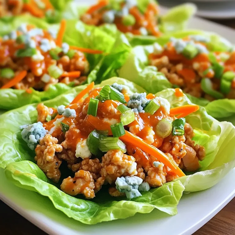 Für die Buffalo Chicken Lettuce Wraps benötigst du folgende Hauptzutaten: - 450 g Hackfleisch vom Hähnchen - 1 Esslöffel Olivenöl - 120 ml Buffalo-Sauce (mild oder scharf) - 60 g Frischkäse, erweicht - 120 g geraspelte Karotten - 60 g gehackte Frühlingszwiebeln - 1 Kopf Eisbergsalat oder Butterkopfsalat, in Blätter getrennt - Salz und Pfeffer nach Geschmack Diese Zutaten sorgen für einen tollen Geschmack und eine tolle Textur. Das Hähnchenfleisch ist mager und liefert viel Protein. Die Buffalo-Sauce bringt die Schärfe, während der Frischkäse für Cremigkeit sorgt. Es gibt viele tolle Toppings, die du hinzufügen kannst. Hier sind einige Ideen: - 60 g Blauschimmelkäse, zerkrümelt - Frische Kräuter wie Koriander oder Petersilie - Zusätzliche Karottenstreifen für mehr Crunch Diese Toppings geben den Wraps einen zusätzlichen Kick. Der Blauschimmelkäse bringt eine würzige Note, während frische Kräuter Farbe und Geschmack hinzufügen. Neben den Hauptzutaten kannst du auch mit Gewürzen spielen. Hier sind einige Vorschläge: - Paprika für extra Farbe - Knoblauchpulver für mehr Tiefe - Zwiebelpulver für einen herzhaften Geschmack Diese Gewürze ergänzen die Aromen des Hähnchens gut. Sie bringen mehr Komplexität in das Gericht und machen es noch leckerer. {{ingredient_image_2}} Um die Buffalo Chicken Lettuce Wraps zuzubereiten, sammeln Sie zuerst alle Zutaten. Sie brauchen Hackfleisch vom Hähnchen, Olivenöl, Buffalo-Sauce, Frischkäse, Karotten, Frühlingszwiebeln und Salatblätter. Waschen Sie die Salatblätter gründlich und trocknen Sie sie ab. Diese Blätter dienen als Wraps. Sie können Eisbergsalat oder Butterkopfsalat verwenden. Erhitzen Sie das Olivenöl in einer großen Pfanne bei mittlerer Hitze. Fügen Sie das Hackfleisch hinzu und braten Sie es für 6-8 Minuten. Achten Sie darauf, dass es gleichmäßig bräunt. Nach dem Garen gießen Sie das überschüssige Fett ab. Jetzt kommt der spannende Teil. Rühren Sie die Buffalo-Sauce und den Frischkäse unter. Lassen Sie alles für 2-3 Minuten köcheln, bis der Frischkäse schmilzt und sich gut vermischt. Fügen Sie die geraspelten Karotten in die Pfanne. Mischen Sie alles gründlich. Schmecken Sie die Mischung mit Salz und Pfeffer ab. Lassen Sie es eine weitere Minute kochen, bis alles heiß ist. Nehmen Sie die Pfanne vom Herd und rühren Sie die gehackten Frühlingszwiebeln und optional den Blauschimmelkäse ein. Zum Servieren geben Sie einen Löffel der Mischung in ein Salatblatt. Falten Sie das Blatt wie ein Taco und genießen Sie den frischen Geschmack! Um das Hähnchen perfekt zu kochen, achte auf die Hitze. Erhitze das Olivenöl in einer großen Pfanne. Füge das Hackfleisch hinzu und brate es an. Rühre dabei gut um, damit es gleichmäßig bräunt. Nach etwa 6-8 Minuten sollte das Fleisch durchgegart sein. Achte darauf, dass es nicht trocken wird. Das ist der Schlüssel zu saftigen Wraps. Die Buffalo-Sauce ist der Star dieses Rezepts. Du kannst die Schärfe leicht anpassen. Verwende milde Sauce für weniger Hitze. Wenn du es schärfer magst, nimm die scharfe Variante. Mische die Sauce gut mit dem Hähnchen und dem Frischkäse. So erhältst du den perfekten Geschmack. Experimentiere mit verschiedenen Marken, um deine Lieblingssauce zu finden. Frischkäse bringt Cremigkeit in die Mischung. Er hilft, die Aromen zu verbinden. Außerdem macht er die Wraps reichhaltiger und schmackhafter. Dies ist besonders wichtig, wenn du eine scharfe Sauce verwendest. Der Frischkäse mildert die Hitze ein wenig. So kannst du jeden Bissen genießen, ohne überfordert zu sein. Pro Tipps Würzen Sie das Hähnchen: Um den Geschmack zu intensivieren, fügen Sie zusätzlich zu Salz und Pfeffer auch Knoblauchpulver oder Zwiebelpulver hinzu. Konsistenz der Füllung: Für eine cremigere Füllung können Sie mehr Frischkäse verwenden oder etwas griechischen Joghurt hinzufügen. Salatblattwahl: Butterkopfsalat hat einen milden Geschmack und eine zarte Textur, die gut zu den würzigen Hähnchenfüllung passt. Beilagenoptionen: Servieren Sie die Wraps mit frischen Gemüsesticks oder einer leichten Joghurtsauce als Dip für zusätzlichen Geschmack. {{image_4}} Wenn Sie eine vegetarische Variante wollen, können Sie Hackfleisch durch Tofu ersetzen. Tofu hat eine gute Textur und nimmt die Aromen gut auf. Würzen Sie den Tofu mit einer ähnlichen Buffalo-Sauce. Für eine vegane Option nutzen Sie pflanzlichen Frischkäse. So bleibt der Geschmack, und Sie können dennoch genießen. Fügen Sie auch mehr Gemüse hinzu, wie Paprika oder Zucchini, um die Mischung aufzufrischen. Blauschimmelkäse ist optional, aber nicht jeder mag ihn. Probieren Sie stattdessen Feta oder Ziegenkäse. Diese Käsesorten bieten eine andere Geschmacksnote und sind milder. Sie können auch einen veganen Käse verwenden, falls Sie eine pflanzliche Variante bevorzugen. Jedes Käse-Substitut verleiht den Wraps eine neue Richtung, also experimentieren Sie! Eisbergsalat ist knackig und frisch, aber auch andere Sorten sind lecker. Probieren Sie Römersalat oder Butterkopfsalat. Diese Blätter sind weich und einfach zu rollen. Sie bieten auch einen anderen Geschmack. Wenn Sie etwas Exotisches wollen, verwenden Sie Kohlblätter. Diese sind dick und geben eine schöne Textur. Genießen Sie die Vielfalt! Um Reste der Buffalo Chicken Lettuce Wraps sicher zu lagern, legen Sie die Hähnchenmischung in einen luftdichten Behälter. Lassen Sie die Mischung auf Raumtemperatur abkühlen, bevor Sie sie in den Kühlschrank stellen. So bleibt die Frische länger erhalten. Achten Sie darauf, die Mischung innerhalb von drei bis vier Tagen zu verbrauchen. Wenn Sie die Wraps in Blättern lagern, kann das Blatt welken. Lagern Sie die Mischung und die Blätter separat, um die beste Qualität zu erhalten. Wenn Sie die Hähnchenmischung länger aufbewahren möchten, ist das Einfrieren eine gute Option. Füllen Sie die abgekühlte Mischung in einen gefrierfesten Behälter oder einen Gefrierbeutel. Lassen Sie dabei etwas Platz für die Ausdehnung beim Einfrieren. Sie können die Mischung bis zu drei Monate einfrieren. Zum Auftauen lassen Sie die Mischung über Nacht im Kühlschrank. Erhitzen Sie sie dann in einer Pfanne, bis sie heiß ist, bevor Sie sie servieren. Um die Salatblätter frisch zu halten, bewahren Sie sie in einem feuchten Papiertuch auf. Legen Sie die Blätter in eine Plastiktüte oder einen Behälter mit Luftlöchern. So bleibt der Salat knackig und frisch. Verwenden Sie die Blätter innerhalb von ein bis zwei Tagen, um die beste Textur zu genießen. Vermeiden Sie es, die Blätter mit der Hähnchenfüllung zu kombinieren, da sie sonst schnell weich werden. Um die Wraps schärfer zu machen, wählen Sie eine scharfe Buffalo-Sauce. Sie können auch frische Jalapeños oder rote Chiliflocken hinzufügen. Diese Zutaten geben mehr Hitze und Geschmack. Ein Spritzer Limettensaft kann auch helfen, die Schärfe zu betonen. Experimentieren Sie, bis es Ihren Vorlieben entspricht. Ja, Sie können die Hähnchenmischung im Voraus zubereiten. Kochen Sie das Hähnchen und die Sauce, dann lassen Sie sie abkühlen. Lagern Sie die Mischung in einem luftdichten Behälter im Kühlschrank. Wenn Sie bereit sind, servieren Sie die Mischung in frischen Salatblättern. Die Wraps bleiben frisch und lecker. Für Beilagen empfehle ich Gemüse-Sticks wie Karotten oder Sellerie. Diese bieten einen knackigen Kontrast. Auch ein einfacher grüner Salat passt gut dazu. Wenn Sie es herzhaft mögen, probieren Sie Nachos oder einen Kichererbsensalat. Diese Optionen ergänzen die Wraps perfekt und machen die Mahlzeit rund. Buffalo Chicken Lettuce Wraps sind einfach zuzubereiten und sehr lecker. Wir haben die Hauptzutaten, Schritt-für-Schritt-Anleitungen und kreative Variationen dazu besprochen. Tipps, wie man die Schärfe anpasst und Reste lagert, sind auch wichtig. Diese Wraps sind vielseitig und passen zu jedem Anlass. Experimentiere mit verschiedenen Zutaten und finde deinen Favoriten. Probiere die Tipps aus und genieße die Mahlzeit!