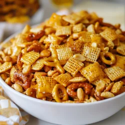 Für meinen Spicy Ranch Chex Mix benutze ich: - 3 Tassen Chex-Müsli (Mais, Reis oder eine Mischung) - 2 Tassen gemischte Nüsse (Mandeln, Cashews, Erdnüsse) - 1 Tasse Brezelstangen - 1 Tasse Käsecracker Diese Hauptzutaten sorgen für eine tolle Mischung aus knusprigen und herzhaften Texturen. Das Chex-Müsli bringt den Grundgeschmack, während die Nüsse und Snacks zusätzlichen Crunch geben. Die Ranch-Gewürzmischung ist der Star in diesem Rezept. Sie enthält Kräuter und Gewürze, die den Snack würzig und lecker machen. Ich füge auch folgende Gewürze hinzu: - 1 Teelöffel Knoblauchpulver - 1 Teelöffel Zwiebelpulver - 1/2 Teelöffel Cayennepfeffer (nach Geschmack) - 1/2 Teelöffel geräuchertes Paprika - 1/4 Teelöffel Salz (optional) Diese Gewürze bringen den richtigen Kick und viel Geschmack. Experimentiere mit der Menge, um die Schärfe anzupassen. Du kannst die Nüsse nach deinem Geschmack anpassen. Probiere zum Beispiel Walnüsse oder Pekannüsse. Wenn du glutenfrei essen möchtest, wähle glutenfreie Brezel und Käsecracker. So bleibt dein Snack für alle zugänglich und lecker. {{ingredient_image_2}} Heize deinen Ofen auf 135°C vor. Nimm ein großes Backblech und lege es mit Backpapier aus. Das hilft, die Mischung nicht festzukleben. In einer großen Schüssel gib das Chex-Müsli, die gemischten Nüsse, die Brezelstangen und die Käsecracker. Rühre alles gut um, sodass sich die Zutaten gut vermischen. In einer anderen Schüssel vermenge die geschmolzene Butter mit der Ranch-Gewürzmischung. Füge das Knoblauchpulver, das Zwiebelpulver, den Cayennepfeffer, das geräucherte Paprika und das Salz hinzu. Wenn du es schärfer magst, füge eine Esslöffel scharfe Soße hinzu. Rühre alles gut mit einem Schneebesen, bis die Mischung gleichmäßig ist. Gieße die Buttermischung über die trockene Mischung. Rühre vorsichtig, sodass jede Zutat gut bedeckt ist. Verteile die Mischung gleichmäßig auf dem Backblech. Backe sie im vorgeheizten Ofen für etwa 30-35 Minuten. Rühre alle 10-15 Minuten um. So wird die Mischung gleichmäßig knusprig. Wenn die Mischung goldbraun und duftend ist, nimm sie aus dem Ofen und lasse sie abkühlen. Um den perfekten Kick zu erreichen, passen Sie den Cayennepfeffer an. Fügen Sie mehr hinzu, wenn Sie es schärfer mögen. Weniger macht es milder. Experimentieren Sie mit frischen Kräutern wie Schnittlauch oder Petersilie. Diese geben einen tollen zusätzlichen Geschmack. Sie können auch zusätzliche Gewürze wie Kreuzkümmel oder Paprika verwenden. Diese verleihen der Mischung mehr Tiefe. Servieren Sie den Snack in einer bunten Schüssel. Ein Einmachglas sieht auch toll aus. Fügen Sie eine Prise Ranch-Gewürzmischung oben drauf. Das gibt einen schönen Abschluss und macht ihn ansprechender. Sie können auch kleine Tütchen füllen, um sie als Snack zu verschenken. Achten Sie darauf, die Mischung nicht zu verbrennen. Rühren Sie alle 10-15 Minuten um. So wird alles gleichmäßig geröstet. Überprüfen Sie die Farbe; sie sollte goldbraun sein. Lassen Sie die Mischung nach dem Backen vollständig abkühlen. So bleibt sie knusprig und lecker. Pro Tipps Die richtige Mischung: Experimentieren Sie mit verschiedenen Nüssen und Snacks, um Ihre persönliche Lieblingsmischung zu kreieren. Mandeln, Walnüsse oder sogar getrocknete Früchte können einen zusätzlichen Geschmack bringen. Würze anpassen: Probieren Sie verschiedene Gewürzmischungen oder fügen Sie frische Kräuter hinzu, um dem Chex Mix eine individuelle Note zu geben. Dill oder Oregano können interessante Aromen hinzufügen. Rösten für mehr Geschmack: Wenn Sie die Nüsse vor dem Mischen leicht rösten, intensiviert sich der Geschmack und gibt Ihrem Snack eine zusätzliche Knusprigkeit. Aufbewahrungstipps: Um die Frische zu bewahren, lagern Sie den Chex Mix in einem luftdichten Behälter und vermeiden Sie direkte Sonneneinstrahlung. So bleibt er länger knusprig und aromatisch. {{image_4}} Wenn Sie eine vegetarische Version der Spicy Ranch Chex Mix machen möchten, gibt es viele Optionen. Sie können die Käsecracker einfach weglassen. Stattdessen können Sie mehr Brezelstangen oder eine Mischung aus anderen Snacks verwenden. Zum Beispiel eignen sich kleine, geröstete Kichererbsen oder Maischips gut. Diese sorgen für den nötigen Crunch und bleiben lecker. Außerdem können Sie verschiedene Nüsse wie Walnüsse oder Pekannüsse probieren. Eine süße Chex Mix kann auch sehr lecker sein! Sie können zum Beispiel den Cayennepfeffer weglassen. Fügen Sie stattdessen etwas Zimt und Zucker hinzu. Eine Mischung aus Schokoladenstückchen oder Karamellbonbons macht das Ganze süßer. Sie können auch getrocknete Früchte wie Cranberries oder Rosinen einfügen. Dies bringt eine fruchtige Note in Ihre Mischung. Für besondere Anlässe können Sie Ihre Chex Mix festlich gestalten. Fügen Sie weihnachtliche Nüsse wie Mandeln oder Haselnüsse hinzu. Verwenden Sie auch saisonale Gewürze wie Zimt oder Muskatnuss. Diese geben der Mischung einen einzigartigen Geschmack, der perfekt zu Feiertagen passt. Eine Prise Lebkuchengewürz kann ebenfalls eine interessante Note hinzufügen. Um die Chex Mix frisch zu halten, benutze einen luftdichten Behälter. So bleibt der Snack knusprig und lecker. Ein Glas oder eine Plastikbox mit dicht schließendem Deckel ist ideal. Stelle den Behälter an einen kühlen, trockenen Ort. Die Chex Mix bleibt bis zu zwei Wochen frisch, wenn sie richtig gelagert wird. Achte auf Anzeichen von Verderb, wie einen schalen Geruch oder einen weichen Biss. Wenn die Mischung feucht oder schimmelig aussieht, schmeiß sie weg. Wenn du die Chex Mix länger lagern möchtest, friere sie ein. Fülle die Mischung in einen gefrierfesten Beutel oder Behälter. Drücke die Luft heraus und verschließe ihn gut. Zum Auftauen, lasse die Mischung bei Raumtemperatur stehen. Sie bleibt so bis zu drei Monate haltbar. Die Chex Mix bleibt in einem luftdichten Behälter bis zu zwei Wochen frisch. Lagern Sie sie an einem kühlen, trockenen Ort. So bleibt der Crunch intakt. Überprüfen Sie die Mischung regelmäßig auf Ranzigkeit oder Feuchtigkeit. Wenn sie schlaff oder weich wird, ist es Zeit, sie wegzuwerfen. Ja, Sie können die Chex Mix im Voraus zubereiten! Bereiten Sie sie einfach einige Tage vor dem Servieren zu. Lagern Sie die Mischung in einem luftdichten Behälter. So bleibt der Geschmack frisch. Wenn Sie große Mengen planen, verdoppeln Sie das Rezept. So haben Sie genug für alle Gäste. Fühlen Sie sich frei, kreativ zu sein! Hier sind einige Ideen für zusätzliche Zutaten: - Getrocknete Früchte wie Cranberries oder Rosinen. - Sonnenblumenkerne oder Kürbiskerne für mehr Crunch. - Verschiedene Käsesorten für einen anderen Geschmack. - Gewürze wie Chili-Pulver oder italienische Kräuter für mehr Würze. Experimentieren Sie und finden Sie Ihre perfekte Mischung! Chex Mix ist einfach zuzubereiten und sehr anpassbar. Wir haben die wichtigsten Zutaten, wie die Chex-Varianten und Nüsse, besprochen. Die Gewürze machen den Unterschied, von Ranch-Gewürz bis zu scharfen Alternativen. Das Rösten ist der Schlüssel, und kontinuierliches Umrühren sorgt für eine gleichmäßige Textur. Denke an kreative Variationen, sowohl süß als auch vegetarisch. Für die Lagerung sind luftdichte Behälter ideal. So bleibt deine Chex Mix frisch und lecker. Probier verschiedene Geschmäcker aus und finde deinen Favoriten!